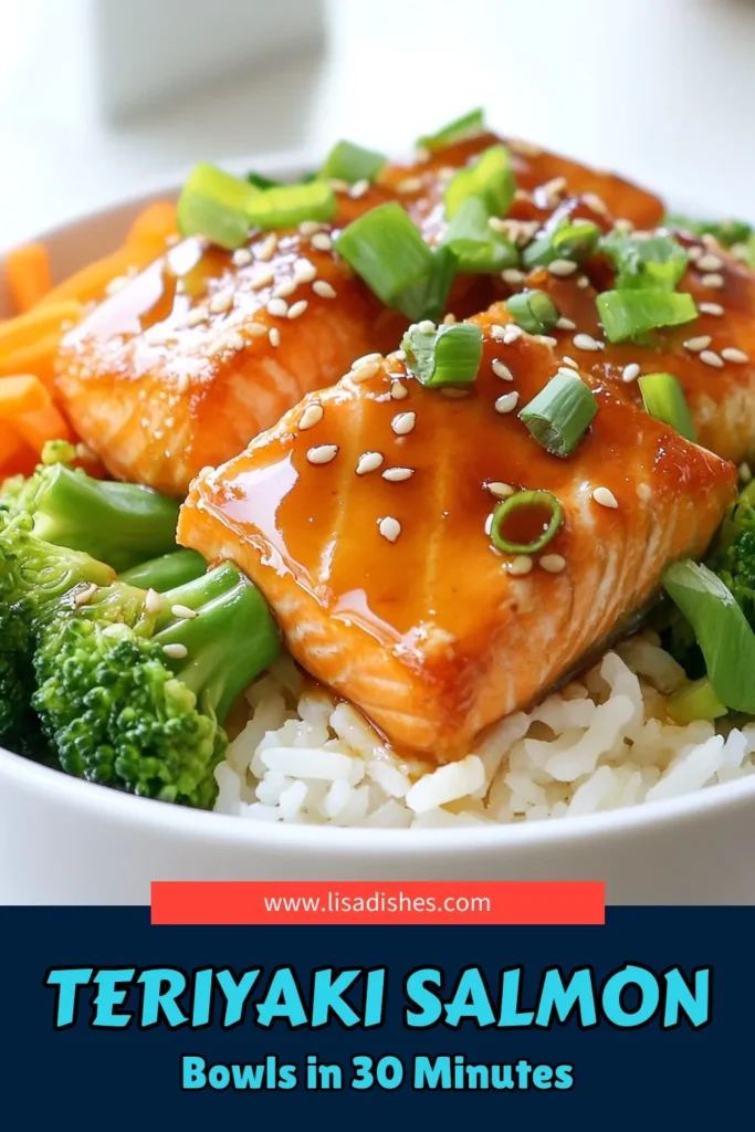 Discover this delicious teriyaki salmon recipe that’s perfect for busy weeknights! These salmon rice bowls feature tender salmon fillets marinated in a sweet and savory sauce, served over fluffy jasmine rice. This healthy teriyaki salmon dish is quick to prepare, making it an ideal quick salmon dinner. Enjoy it with steamed broccoli and vibrant carrots for a nutritious meal your family will love. Save this jasmine rice bowl recipe for your next dinner! #TeriyakiSalmon #SalmonRiceBowls #HealthyDinner #QuickRecipes