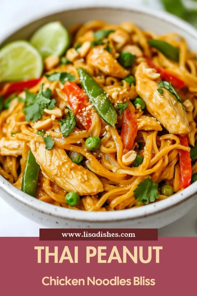 Discover the deliciousness of Thai Peanut Chicken Noodles with this easy Thai noodle recipe that’s perfect for a quick weeknight dinner! This chicken rice noodle stir-fry features tender chicken, crisp vegetables, and an authentic Thai peanut sauce that brings it all together. In just 30 minutes, you can enjoy a flavorful dish that will impress your family. Save this recipe for a delightful meal tonight! #ThaiPeanutChickenNoodles #QuickDinner #NoodleRecipe #ThaiCuisine