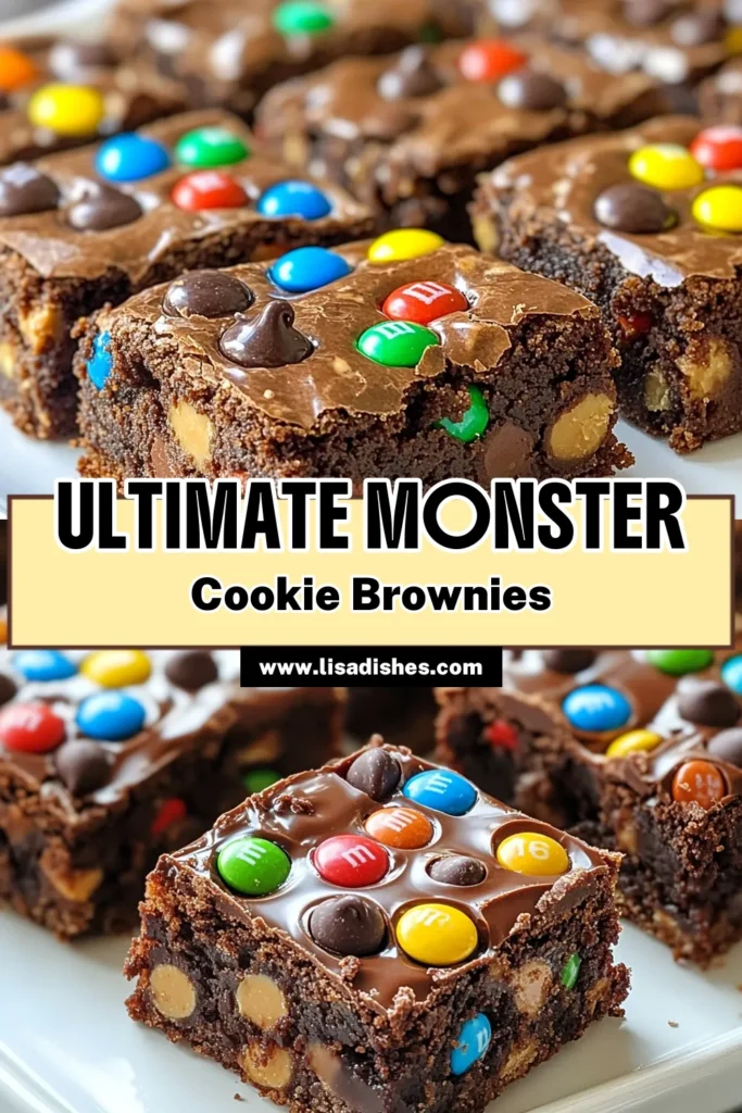 Indulge in the ultimate treat with these Monster Cookie Brownies! This brownie recipe with M&Ms combines mouthwatering chocolate and peanut butter for an irresistible dessert. With easy instructions and quick oats for texture, you'll love these homemade brownies with oats. Perfect for parties or a sweet craving, give this easy dessert recipe a try today! Save for later and delight your friends! #MonsterCookieBrownies #BrownieRecipe #EasyDessertRecipes #ChocolatePeanutButterBrownies