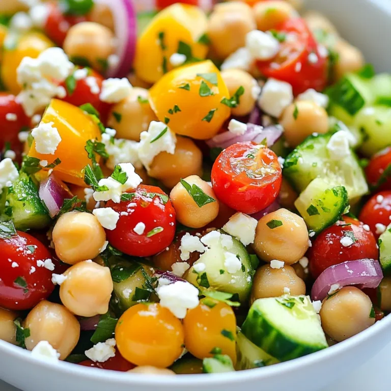 To make this Mediterranean Chickpea Salad, you will need: - 1 can (15 oz) chickpeas, drained and rinsed - 1 cup cherry tomatoes, halved - 1 cucumber, diced - 1 red bell pepper, diced - 1/4 red onion, finely chopped - 1/2 cup Kalamata olives, pitted and sliced - 1/4 cup feta cheese, crumbled (optional for vegans) - 1/4 cup fresh parsley, chopped - 3 tablespoons olive oil - 2 tablespoons lemon juice - 1 teaspoon dried oregano - Salt and pepper to taste Feel free to customize your salad! Here are some great add-ins: - Avocado for creaminess - Artichoke hearts for extra flavor - Spinach or arugula for greens - Grilled chicken or shrimp for protein - Nuts like pine nuts for crunch Each serving of this salad is packed with nutrients. Here’s what you get: - Calories: 220 - Protein: 8g - Carbohydrates: 22g - Fiber: 6g - Fat: 12g - Sodium: 400mg This salad offers a great balance of protein and fiber. It is light yet filling, making it perfect for any meal. You can feel good about enjoying it! {{ingredient_image_1}} Start by gathering all your ingredients. You need one can of chickpeas. Make sure to drain and rinse them well. Next, take one cup of cherry tomatoes and cut them in half. Dice one cucumber and one red bell pepper. Chop a quarter of a red onion finely. Slice half a cup of Kalamata olives. If you like cheese, crumble a quarter cup of feta cheese. Finally, chop a quarter cup of fresh parsley. In a large mixing bowl, add all these ingredients. This mix of colors and textures makes the salad fun! Now, let’s make the dressing! In a small bowl, add three tablespoons of olive oil. Squeeze in two tablespoons of lemon juice. Add one teaspoon of dried oregano, plus salt and pepper to taste. Use a whisk to mix everything until it combines well. This dressing adds a bright flavor to your salad! Once you've tossed the salad with the dressing, let it chill. Cover it and place it in the fridge for at least 30 minutes. This helps the flavors blend nicely. Serve the salad cold or at room temperature. It pairs well with grilled chicken or pita bread. Enjoy your fresh and tasty Mediterranean Chickpea Salad! To make your Mediterranean chickpea salad shine, focus on fresh ingredients. Choose ripe cherry tomatoes and crisp cucumbers. Rinse the chickpeas well to reduce sodium. Cut everything into bite-sized pieces for easy eating. For the best taste, let your salad chill for at least 30 minutes. This helps all the flavors blend together beautifully. One common mistake is not using enough lemon juice. It brightens the dish and adds freshness. Also, avoid over-salting. Start with a pinch, then taste and adjust. Don't skip the chilling step. It enhances the flavors and makes the salad more enjoyable. Lastly, be careful with the olives. They can be salty, so add them sparingly. To boost flavor, add fresh herbs like mint or basil. They add a nice twist. You can also use different vinegars, like red wine vinegar, for a tangy kick. If you want a bit of heat, try adding crushed red pepper flakes. For a richer taste, use extra virgin olive oil. It has a fuller flavor and makes the salad feel gourmet. Pro Tips Fresh Ingredients: Use fresh, high-quality ingredients for the best flavor and texture in your salad. Chill Time: Allow the salad to chill in the refrigerator for at least 30 minutes before serving to enhance the flavors. Customizable: Feel free to customize the salad by adding other vegetables or proteins like grilled chicken or quinoa. Make Ahead: This salad can be made a day in advance. Just keep the dressing separate until you're ready to serve to maintain freshness. {{image_2}} If you want a vegan version, skip the feta cheese. This salad still tastes great without it. You can add avocado for creaminess. Try using nutritional yeast for a cheesy flavor. This adds nutrients too. You can swap some ingredients for different flavors. Use grape tomatoes if you can't find cherry ones. Bell peppers can be any color you like. Instead of Kalamata olives, try green olives for a milder taste. You can also mix in roasted red peppers for a sweet twist. Want more protein? Add some cooked quinoa or farro. These grains give a nice texture. You could also toss in some chickpea pasta for a unique take. If you like fish, try adding canned tuna or grilled shrimp. This makes the salad more filling and hearty. To store leftovers of your Mediterranean chickpea salad, place it in an airtight container. Make sure the lid seals tightly. This keeps the salad fresh and safe to eat. You can store it in the fridge for up to three days. If you notice any browning or wilting, it’s best to toss those bits. You can freeze Mediterranean chickpea salad, but some ingredients do not freeze well. The cucumbers and tomatoes may become mushy. If you want to freeze it, consider removing these items first. Store the salad in a freezer-safe bag or container. It will keep for up to three months. When you are ready to eat, thaw it in the fridge overnight. To keep your salad fresh, always store it in the fridge right after serving. Avoid leaving it out for more than two hours. If you want to make it last longer, add the dressing just before serving. This helps keep the veggies crisp. Always check for freshness before you eat. Look for any signs of spoilage, like off smells or colors. Yes, you can make this salad ahead of time. I often prepare it a day before serving. This gives the flavors time to mix. Just keep it in the fridge until you're ready to enjoy it. This salad stays fresh for about three to five days in the fridge. Make sure you store it in an airtight container. If you add feta cheese, it might not last as long, so eat it sooner. You can serve this salad in many ways. Here are a few ideas: - Pair it with grilled chicken or fish for a full meal. - Serve it on a bed of greens for extra crunch. - Add it to a wrap with some hummus for a tasty snack. - Use it as a filling for pita bread for a fun lunch. Feel free to get creative! This blog post covered the key ingredients, step-by-step prep, and tips for your salad. You learned about add-ins, storage methods, and ways to enhance flavors. These insights help avoid common mistakes and create a tasty dish every time. Remember, your salad can be fun and easy to make. Experiment with variations and enjoy fresh meals. With these strategies, your salad will impress anyone who tries it. Keep these tips in mind next time you prepare. Happy cooking!
