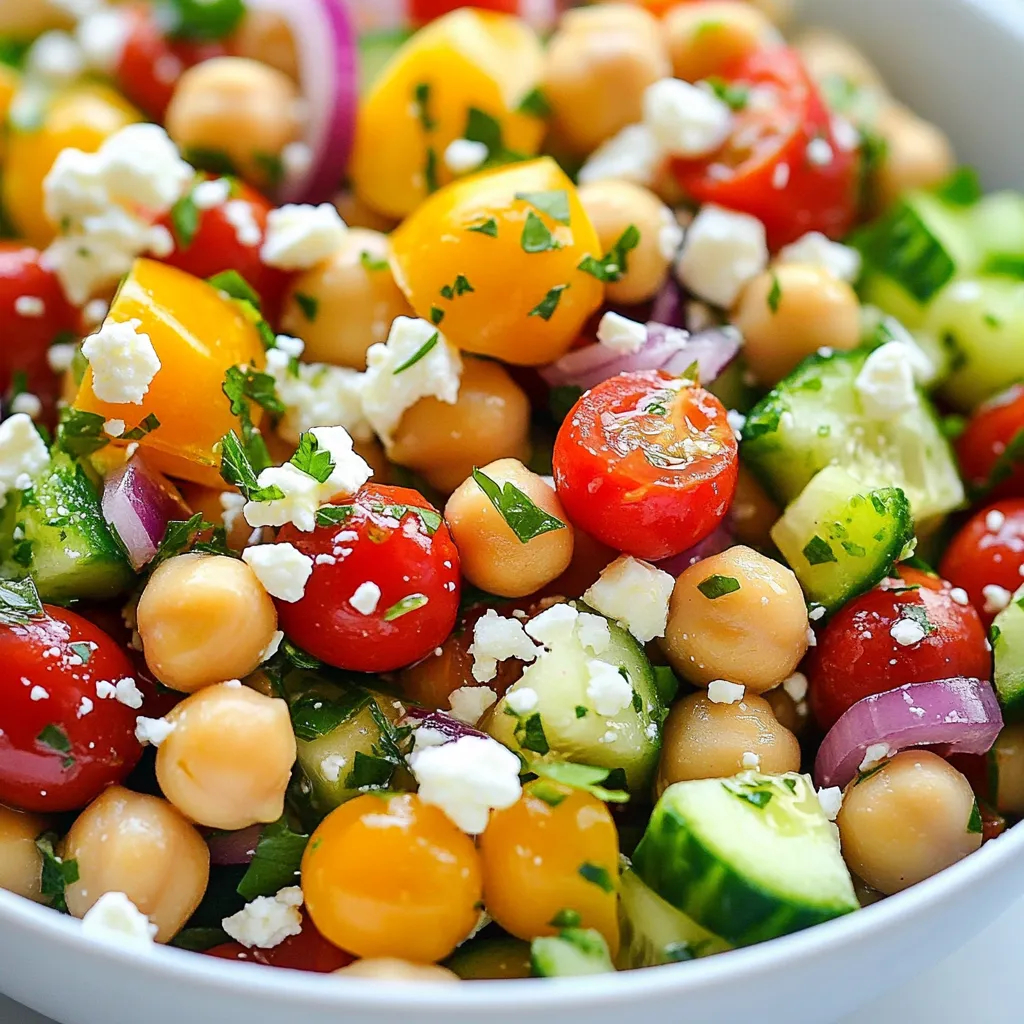 To make this Mediterranean Chickpea Salad, you will need: - 1 can (15 oz) chickpeas, drained and rinsed - 1 cup cherry tomatoes, halved - 1 cucumber, diced - 1 red bell pepper, diced - 1/4 red onion, finely chopped - 1/2 cup Kalamata olives, pitted and sliced - 1/4 cup feta cheese, crumbled (optional for vegans) - 1/4 cup fresh parsley, chopped - 3 tablespoons olive oil - 2 tablespoons lemon juice - 1 teaspoon dried oregano - Salt and pepper to taste Feel free to customize your salad! Here are some great add-ins: - Avocado for creaminess - Artichoke hearts for extra flavor - Spinach or arugula for greens - Grilled chicken or shrimp for protein - Nuts like pine nuts for crunch Each serving of this salad is packed with nutrients. Here’s what you get: - Calories: 220 - Protein: 8g - Carbohydrates: 22g - Fiber: 6g - Fat: 12g - Sodium: 400mg This salad offers a great balance of protein and fiber. It is light yet filling, making it perfect for any meal. You can feel good about enjoying it! {{ingredient_image_1}} Start by gathering all your ingredients. You need one can of chickpeas. Make sure to drain and rinse them well. Next, take one cup of cherry tomatoes and cut them in half. Dice one cucumber and one red bell pepper. Chop a quarter of a red onion finely. Slice half a cup of Kalamata olives. If you like cheese, crumble a quarter cup of feta cheese. Finally, chop a quarter cup of fresh parsley. In a large mixing bowl, add all these ingredients. This mix of colors and textures makes the salad fun! Now, let’s make the dressing! In a small bowl, add three tablespoons of olive oil. Squeeze in two tablespoons of lemon juice. Add one teaspoon of dried oregano, plus salt and pepper to taste. Use a whisk to mix everything until it combines well. This dressing adds a bright flavor to your salad! Once you've tossed the salad with the dressing, let it chill. Cover it and place it in the fridge for at least 30 minutes. This helps the flavors blend nicely. Serve the salad cold or at room temperature. It pairs well with grilled chicken or pita bread. Enjoy your fresh and tasty Mediterranean Chickpea Salad! To make your Mediterranean chickpea salad shine, focus on fresh ingredients. Choose ripe cherry tomatoes and crisp cucumbers. Rinse the chickpeas well to reduce sodium. Cut everything into bite-sized pieces for easy eating. For the best taste, let your salad chill for at least 30 minutes. This helps all the flavors blend together beautifully. One common mistake is not using enough lemon juice. It brightens the dish and adds freshness. Also, avoid over-salting. Start with a pinch, then taste and adjust. Don't skip the chilling step. It enhances the flavors and makes the salad more enjoyable. Lastly, be careful with the olives. They can be salty, so add them sparingly. To boost flavor, add fresh herbs like mint or basil. They add a nice twist. You can also use different vinegars, like red wine vinegar, for a tangy kick. If you want a bit of heat, try adding crushed red pepper flakes. For a richer taste, use extra virgin olive oil. It has a fuller flavor and makes the salad feel gourmet. Pro Tips Fresh Ingredients: Use fresh, high-quality ingredients for the best flavor and texture in your salad. Chill Time: Allow the salad to chill in the refrigerator for at least 30 minutes before serving to enhance the flavors. Customizable: Feel free to customize the salad by adding other vegetables or proteins like grilled chicken or quinoa. Make Ahead: This salad can be made a day in advance. Just keep the dressing separate until you're ready to serve to maintain freshness. {{image_2}} If you want a vegan version, skip the feta cheese. This salad still tastes great without it. You can add avocado for creaminess. Try using nutritional yeast for a cheesy flavor. This adds nutrients too. You can swap some ingredients for different flavors. Use grape tomatoes if you can't find cherry ones. Bell peppers can be any color you like. Instead of Kalamata olives, try green olives for a milder taste. You can also mix in roasted red peppers for a sweet twist. Want more protein? Add some cooked quinoa or farro. These grains give a nice texture. You could also toss in some chickpea pasta for a unique take. If you like fish, try adding canned tuna or grilled shrimp. This makes the salad more filling and hearty. To store leftovers of your Mediterranean chickpea salad, place it in an airtight container. Make sure the lid seals tightly. This keeps the salad fresh and safe to eat. You can store it in the fridge for up to three days. If you notice any browning or wilting, it’s best to toss those bits. You can freeze Mediterranean chickpea salad, but some ingredients do not freeze well. The cucumbers and tomatoes may become mushy. If you want to freeze it, consider removing these items first. Store the salad in a freezer-safe bag or container. It will keep for up to three months. When you are ready to eat, thaw it in the fridge overnight. To keep your salad fresh, always store it in the fridge right after serving. Avoid leaving it out for more than two hours. If you want to make it last longer, add the dressing just before serving. This helps keep the veggies crisp. Always check for freshness before you eat. Look for any signs of spoilage, like off smells or colors. Yes, you can make this salad ahead of time. I often prepare it a day before serving. This gives the flavors time to mix. Just keep it in the fridge until you're ready to enjoy it. This salad stays fresh for about three to five days in the fridge. Make sure you store it in an airtight container. If you add feta cheese, it might not last as long, so eat it sooner. You can serve this salad in many ways. Here are a few ideas: - Pair it with grilled chicken or fish for a full meal. - Serve it on a bed of greens for extra crunch. - Add it to a wrap with some hummus for a tasty snack. - Use it as a filling for pita bread for a fun lunch. Feel free to get creative! This blog post covered the key ingredients, step-by-step prep, and tips for your salad. You learned about add-ins, storage methods, and ways to enhance flavors. These insights help avoid common mistakes and create a tasty dish every time. Remember, your salad can be fun and easy to make. Experiment with variations and enjoy fresh meals. With these strategies, your salad will impress anyone who tries it. Keep these tips in mind next time you prepare. Happy cooking!