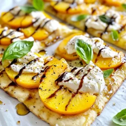 - 1 large flatbread or naan - 2 ripe peaches, sliced - 1 ball of burrata cheese - 2 tablespoons olive oil - 1 tablespoon balsamic glaze - Fresh basil leaves, for garnish - Sea salt, to taste - Freshly cracked black pepper, to taste To make this dish, you need a few key items. The flatbread or naan serves as the base. It gets crisp and warm in the oven. Ripe peaches add sweetness and juiciness. Burrata cheese brings creamy texture and rich flavor. Olive oil helps to crisp the flatbread, while balsamic glaze adds a tangy kick. Fresh basil gives a nice herbal note, and sea salt and black pepper round out the taste. - Arugula or spinach - Prosciutto or bacon - Honey for drizzling - Chopped nuts, like walnuts or pecans You can make this flatbread even better with optional toppings. Adding arugula or spinach gives extra greens. Prosciutto or bacon adds a savory touch. Drizzling honey adds a sweet contrast to the cheese. Chopped nuts can give a crunchy texture and depth. - Extra virgin olive oil - Balsamic vinegar - Sea salt - Fresh black pepper Keeping these pantry staples on hand helps with many recipes. Extra virgin olive oil is great for dressing and cooking. Balsamic vinegar can be used in dressings or marinades. Sea salt and fresh black pepper enhance the flavor of any dish. These items are not just for this recipe but for your everyday cooking needs. {{ingredient_image_1}} First, get all your ingredients ready. You need one large flatbread or naan, two ripe peaches, and one ball of burrata cheese. Also, grab two tablespoons of olive oil, one tablespoon of balsamic glaze, and some fresh basil leaves. Don't forget sea salt and black pepper for flavor. Next, preheat your oven to 400°F (200°C). This step is key for a crispy flatbread. While the oven heats, slice the peaches into thin wedges. Set them aside for later. Now, place your flatbread or naan on a baking sheet. Brush one side with olive oil. This adds flavor and helps it crisp up. Bake the flatbread in the oven for about 5 to 7 minutes. Look for a golden color on the edges. That means it’s ready! Once baked, take it out and let it cool for just a minute. This helps avoid burns while you assemble your dish. Now comes the fun part! Tear open the burrata and place it evenly on the flatbread. Use your fingers, so it spreads nicely. Next, arrange the peach slices over the burrata. You want it to look pretty, so lay them out nicely. Drizzle the balsamic glaze over the top. A little extra olive oil adds more flavor, too. Finally, season with sea salt and freshly cracked black pepper to taste. Garnish with fresh basil leaves. Scatter them all over for that lovely color. Slice the flatbread into pieces and serve it warm. Enjoy every bite of this tasty summer dish! When picking peaches, look for ripe ones. They should feel soft but not mushy. Check for a sweet scent, which shows they are ready. The color should be golden with a hint of red. If you can, choose organic peaches for better taste. Burrata is creamy and rich. When you tear it, place it evenly on the flatbread. This helps the cheese spread its flavor. You want every bite to have some creaminess. Don’t rush this step; take your time to arrange it well. Seasoning brings out the best in your flatbread. Use sea salt to add a nice crunch. Freshly cracked black pepper brings a touch of heat. A drizzle of balsamic glaze adds sweet and tangy notes. Together, these flavors make each bite special. Pro Tips Use Fresh Peaches: For the best flavor, choose ripe, juicy peaches. If they're not in season, consider using canned or frozen peaches, but ensure they're properly drained and thawed. Experiment with Cheeses: While burrata is delicious, try other creamy cheeses like goat cheese or ricotta for a different flavor profile. Customize Your Toppings: Feel free to add other toppings such as prosciutto, arugula, or nuts for added texture and flavor. Serve Immediately: This flatbread is best enjoyed fresh out of the oven while the burrata is still creamy and the flatbread is warm and crispy. {{image_2}} You can add proteins to make this dish heartier. Grilled chicken works well. Just slice it thinly and layer it on top of the burrata. Prosciutto is another great choice. Its salty taste pairs nicely with sweet peaches. If you like seafood, try adding shrimp. Sauté them lightly and place them on the flatbread for a tasty twist. Peaches shine in this recipe, but other fruits can also work. Try ripe figs for a sweet touch. They add a chewy texture that contrasts with the creamy burrata. You can also use strawberries or plums. Both fruits bring their unique flavors and colors. For a tropical flair, consider mango slices. Their juicy sweetness will enhance each bite. Flatbreads come in many forms, and you can experiment with them. Naan is a great choice for its soft texture. Pita bread also works well if you want a lighter option. If you want a crunchier base, try a lavash or even pizza dough. Each choice will change the dish's overall taste and feel. Don’t hesitate to try different flatbreads to find your favorite! To keep your Peach Burrata Flatbread fresh, store it in the fridge. Place it in an airtight container. This helps keep moisture out. It will stay good for about 2 days. If you notice any changes in smell or texture, it’s best to toss it. Reheating is easy! Preheat your oven to 350°F (175°C). Place the flatbread on a baking sheet. Heat it for about 5-10 minutes. This warms it up and makes it crisp again. You can also use a skillet on low heat. This method works well for keeping the base crunchy. If you want to save it for later, freezing works too. Wrap the flatbread tightly in plastic wrap. Then, place it in a freezer-safe bag. It can last up to 3 months in the freezer. When you're ready to eat, thaw it in the fridge overnight before reheating. Yes, you can use other cheeses. Fresh mozzarella works well and has a similar texture. Goat cheese adds a tangy flavor. Ricotta is also a nice choice for a creamier bite. Just keep in mind that each cheese will change the taste a bit. You can serve this flatbread with a fresh salad. A mix of greens with a light vinaigrette pairs nicely. Grilled vegetables also make a great side. For a fun twist, try some crispy prosciutto. It adds a savory touch that balances the sweetness of the peaches. The flatbread stays good for about 2-3 days in the fridge. To keep it fresh, store it in an airtight container. Reheat it in the oven for best results. This helps keep it crispy while warming the toppings. Peach Burrata Flatbread combines fresh ingredients for a delicious treat. We covered all parts: key ingredients, step-by-step prep, and baking. You learned about choosing ripe peaches and perfecting cheese placement. I shared variations to keep it fun and fresh. Plus, you now know how to store and reheat leftovers. Enjoy making this dish and tailoring it to your taste. Happy cooking!