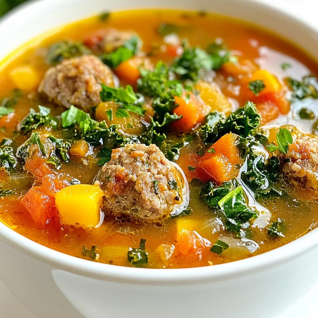 To make hearty sausage soup, gather these key ingredients: - 1 pound Italian sausage, casings removed - 1 medium onion, diced - 2 cloves garlic, minced - 2 carrots, sliced - 2 sticks celery, chopped - 1 can (14.5 oz) diced tomatoes, with juice - 4 cups chicken broth - 1 cup kale, chopped - 1 medium potato, diced - 1 teaspoon dried oregano - 1 teaspoon dried thyme - Salt and pepper to taste - 2 tablespoons olive oil - Fresh parsley, chopped (for garnish) I often use Italian sausage for its rich flavor. You can pick spicy or sweet. If you prefer, you can use turkey sausage or chicken sausage for a lighter option. Each choice will change the soup's taste but keep it hearty. The classic mix of vegetables makes this soup special. I love the crunch of carrots and celery. Diced tomatoes add a nice tang. Fresh herbs like oregano and thyme bring all the flavors together. Feel free to mix in other veggies. Zucchini or bell peppers add nice textures. You could also include beans for added protein. Want a kick? Add red pepper flakes or hot sauce. This soup is all about personal taste! {{ingredient_image_1}} Cooking the sausage First, I heat olive oil in a large pot over medium heat. I add the Italian sausage, which I remove from its casing. I break up the sausage with a spoon as it cooks. I let it brown for about 5 to 7 minutes. This step builds a great flavor base for the soup. Adding vegetables and simmering Next, I add the diced onion, minced garlic, sliced carrots, and chopped celery into the pot. I sauté these vegetables for about 5 minutes. This softens them and brings out their sweet taste. After that, I stir in the diced tomatoes with their juice, chicken broth, diced potato, oregano, thyme, salt, and pepper. I bring the soup to a boil. Once the soup boils, I lower the heat. I let it simmer for about 25 to 30 minutes. This makes the potatoes tender and lets the flavors meld. Final preparation and serving In the last step, I add the chopped kale to the pot. I simmer it for an extra 5 minutes until the kale wilts. Then, I taste the soup and adjust the seasoning as needed. Finally, I serve it hot and garnish with fresh parsley. How to achieve the best flavor To make your soup pop, start with fresh ingredients. Use quality Italian sausage for depth. Browning the sausage adds nice flavor. Cook it until it’s golden. Sauté the onions and garlic next. This step brings a sweet taste to the dish. A good simmer helps all the flavors blend. Add herbs like oregano and thyme for aroma. Recommendations for ingredient modifications You can switch up the sausage if you like. Try chicken or turkey sausage for a lighter dish. Add beans for extra protein and fiber. You can use spinach instead of kale for a change. If you want a spicy kick, add red pepper flakes. For a creamy touch, stir in some heavy cream at the end. Ideal cooking equipment A large pot is best for this soup. A Dutch oven works well, too. It holds heat evenly and allows for great browning. A wooden spoon helps mix everything well. Use a lid to keep the heat in while it simmers. For easy serving, a ladle makes it simple to dish out. Pro Tips Choosing the Sausage: For a spicier kick, opt for hot Italian sausage. For a milder flavor, use sweet Italian sausage. Add More Veggies: You can incorporate additional vegetables such as bell peppers or zucchini to enhance the nutritional value and flavor. Simmering Time: Letting the soup simmer longer allows the flavors to meld together beautifully, so don’t rush this step! Storage Tips: This soup stores well in the refrigerator for up to 3 days and can be frozen for up to 3 months. Just remember to cool it completely before freezing. {{image_2}} You can change this soup to fit your needs. Here are some ideas: - Low-carb and keto-friendly adjustments: Use turkey sausage or chicken sausage instead of Italian sausage. Skip the potatoes and add more kale or zucchini. This keeps the soup filling without the carbs. - Vegetarian alternatives: Swap the sausage for plant-based sausage. Use vegetable broth instead of chicken broth. Add beans for protein and keep the veggies like carrots and celery. You still get a hearty soup without meat. - Seasonal variations with different vegetables: Change the veggies based on what’s fresh. In spring, add peas and asparagus. In fall, try butternut squash and sweet potatoes. This makes the soup new and exciting with each season. Feel free to mix and match these ideas. Your soup can be a new dish every time! When you have leftover hearty sausage soup, you want to keep it fresh. First, let the soup cool down to room temperature before storing. This step helps prevent bacteria growth. For storing in the fridge, use an airtight container. The soup will stay good for about 3 to 4 days. If you want to keep it longer, freezing is a great option. To freeze, portion the soup into freezer-safe bags or containers. Leave some space at the top for expansion. The soup can last in the freezer for about 3 months. When you are ready to eat, thaw the soup in the fridge overnight. To reheat, warm it on the stove over low heat. Stir it often to keep it smooth. You can also microwave it, but stir halfway through to ensure even heating. To keep the soup's flavor and texture, avoid reheating multiple times. Each time you heat it up, the taste can change. Instead, only reheat the amount you plan to eat. These tips will help you enjoy every bowl of your hearty sausage soup! Can I use other types of sausage? Yes, you can use any sausage you like. Chicken, turkey, or even plant-based sausage work well. Each type will change the flavor a bit. Feel free to try different kinds to find your favorite. How long does the soup last in the fridge? Hearty sausage soup keeps well in the fridge for about 3 to 4 days. Just make sure to store it in an airtight container. If you want to keep it longer, freezing is a great option. What can I serve with hearty sausage soup? This soup pairs well with crusty bread or a fresh salad. You can also enjoy it with a side of cheese or garlic bread. These sides enhance the meal and make it even more satisfying. This blog post covered the essential ingredients for a hearty sausage soup, with a focus on sausage, veggies, and herbs. I shared clear, step-by-step cooking instructions to make it simple for you. Cooking tips will help you create the best flavor, while variations can match your diet. Effective storage methods keep your leftovers fresh for days. Remember, you can tweak the recipe to fit your taste. Enjoy making this comforting dish that warms the soul!
