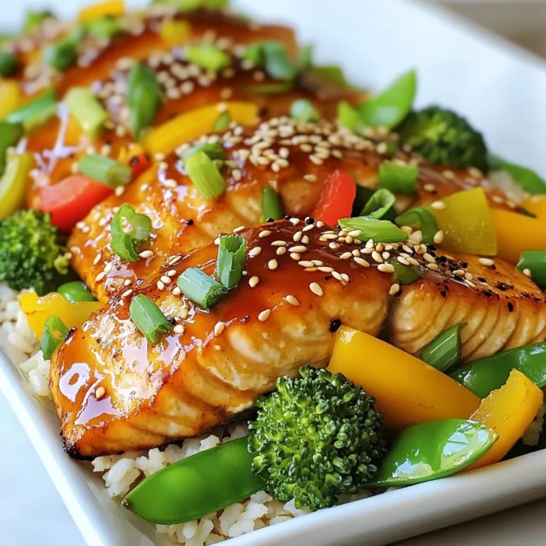 You will need four salmon fillets. Each fillet should weigh about six ounces. This fish is rich in omega-3 fatty acids, making it a healthy choice. Use one cup of teriyaki sauce. You can buy it at the store or make your own. A good sauce adds flavor and sweetness to the dish. For the veggies, gather these: - 1 cup broccoli florets - 1 cup sliced bell peppers (red, yellow, or orange) - 1 cup snap peas These colorful vegetables add nutrition and crunch. They pair well with the salmon and sauce. You will also need: - 2 tablespoons olive oil - 2 teaspoons sesame seeds - 3 green onions, sliced (for garnish) - Cooked brown rice or quinoa (for serving) Olive oil helps the veggies roast nicely. Sesame seeds add a nice crunch and flavor. Green onions give a fresh touch when you serve your meal. Enjoy this wholesome dish over brown rice or quinoa for a complete meal. {{ingredient_image_1}} First, gather all your ingredients. You will need: - 4 salmon fillets (about 6 ounces each) - 1 cup teriyaki sauce (store-bought or homemade) - 1 cup broccoli florets - 1 cup sliced bell peppers (red, yellow, or orange) - 1 cup snap peas - 2 tablespoons olive oil - 2 teaspoons sesame seeds - 3 green onions, sliced (for garnish) - Cooked brown rice or quinoa (for serving) Set your oven to 400°F (200°C). Line a large sheet pan with parchment paper. This helps with cleanup later. In a bowl, mix the teriyaki sauce with 1 tablespoon of olive oil. Whisk it well. Place the salmon fillets on the sheet pan, skin-side down. Brush the teriyaki sauce mix over the salmon. In another bowl, toss the broccoli, bell peppers, and snap peas with the other tablespoon of olive oil. Add a pinch of salt and pepper. Spread the veggies around the salmon on the sheet pan. Now, put the sheet pan in the oven. Bake for 15-20 minutes. The salmon should flake easily with a fork. The veggies should be tender but still bright. In the last 5 minutes, sprinkle the sesame seeds over the salmon and veggies. This helps toast them lightly. Once done, take the sheet pan out of the oven. Garnish the dish with sliced green onions. Serve the teriyaki salmon and vegetables over cooked brown rice or quinoa. Enjoy your quick and tasty meal! To get flaky salmon, choose fresh fillets. Look for firm and shiny skin. Start with the skin-side down on the pan. This helps keep the fish moist. You can check doneness by gently pulling it apart with a fork. If it flakes easily, it’s ready. Avoid overcooking it to keep it tender. For great roasted vegetables, cut them into similar sizes. This helps them cook evenly. Toss them in olive oil, salt, and pepper. Spread them out on the sheet pan. Avoid crowding the pan, as it can lead to steaming instead of roasting. Bake until they are tender but still bright in color. You can make this dish even better. Try adding ginger or garlic to the teriyaki sauce. A splash of lime juice adds zest. You might also swap in your favorite veggies for variety. Think about using asparagus or zucchini. These small changes can transform the dish and keep it exciting. Pro Tips Marinate for Flavor: For a deeper flavor, marinate the salmon in teriyaki sauce for 30 minutes to an hour before baking. This allows the fish to absorb more of the sauce's savory notes. Use Fresh Ingredients: Fresh vegetables not only taste better but also retain more nutrients. Opt for vibrant, in-season veggies for the best results. Check Doneness: To ensure perfect doneness, use a fork to check if the salmon flakes easily. If it does, it's ready to come out of the oven! Experiment with Vegetables: Feel free to mix and match your favorite vegetables. Asparagus, zucchini, or carrots can be great additions that complement the teriyaki flavor. {{image_2}} You can switch the salmon for other proteins. Try chicken breasts or thighs. They absorb the teriyaki sauce well. Tofu is a great choice too. It soaks up flavors and is plant-based. Just ensure it's firm tofu for the best texture. If you choose shrimp, cook them just right. They need less time in the oven. Feel free to mix up the veggies. Carrots add crunch and sweetness. Zucchini slices roast nicely and keep their shape. You could use asparagus for a fresh twist. Cauliflower florets are another tasty option. Just remember to cut them into even pieces. This way, all the veggies cook evenly with the protein. For a vegan twist, swap salmon for marinated tempeh or extra-firm tofu. Use the same teriyaki sauce for flavor. Add in a variety of colorful veggies like bell peppers and broccoli. You can even include mushrooms for a meaty texture. Serve it over quinoa for a hearty meal. This keeps it healthy and filling. After your meal, set aside any leftover salmon and veggies. Place them in an airtight container. This keeps them fresh and tasty. Store them in the fridge for up to three days. When it’s time to enjoy your leftovers, preheat your oven to 350°F (175°C). Place the salmon and veggies on a baking sheet. Cover them with foil to keep them moist. Heat for about 10-15 minutes. You want them warm but not dry. You can also use a microwave. Just heat them in short bursts to avoid overcooking. If you want to freeze teriyaki salmon, it works well! First, let the leftovers cool completely. Then, wrap each piece in plastic wrap. Place them in a freezer bag, removing as much air as possible. Label the bag with the date. You can freeze them for up to three months. To eat, thaw overnight in the fridge before reheating. Yes, you can use homemade teriyaki sauce. Making it gives you full control over the flavor. A simple mix of soy sauce, honey, garlic, and ginger creates a great base. You can adjust the sweetness or saltiness to your taste. Just remember to whisk it well before using. Check the salmon for a few signs. When it flakes easily with a fork, it is ready. The color should change from bright pink to a light pink. You can also use a food thermometer; the ideal internal temperature for salmon is 145°F (63°C). If you don't have a thermometer, the flaking test works well too. Teriyaki salmon pairs well with many sides. Here are some tasty options: - Cooked brown rice or quinoa - Steamed or roasted vegetables - Salad with sesame dressing - Noodles tossed in soy sauce - Pickled vegetables for a tangy bite Yes, this recipe is great for meal prep. You can make a big batch and store it in the fridge. Divide it into containers for easy meals. The salmon and vegetables stay tasty for up to three days. Just reheat in the microwave or oven when you are ready to eat. This post explored teriyaki salmon with vegetables. We covered ingredients, step-by-step instructions, and useful tips for tasty results. I shared variations so you can customize your dish. You also learned how to store leftovers effectively. Enjoy making this healthy meal. With simple steps, you can delight your taste buds. Experiment with flavors and find your favorite version. Happy cooking!