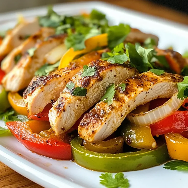 To make Baked Fajita Chicken, you need a few key ingredients. Here’s what to gather: - 4 boneless, skinless chicken breasts - 1 red bell pepper, sliced - 1 green bell pepper, sliced - 1 yellow onion, sliced - 2 tablespoons olive oil - 1 lime, juiced These ingredients create a tasty base for your dish. The chicken provides protein while the peppers and onion add color and crunch. The flavors come alive with spices and marinade. Here’s what you’ll need: - 2 teaspoons chili powder - 1 teaspoon cumin - 1 teaspoon paprika - 1 teaspoon garlic powder - 1/2 teaspoon onion powder - 1/2 teaspoon salt - 1/4 teaspoon black pepper Mix these spices with the olive oil and lime juice. This marinade gives the chicken a zesty kick. Letting the chicken soak in this mix makes it even tastier. Baked Fajita Chicken is great on its own, but you can enhance it. Here are some fun ideas for serving: - Warm tortillas - Sliced avocado - Sour cream - Fresh cilantro for garnish These extras add creaminess and freshness. Feel free to swap or add more toppings based on your taste. Enjoy your meal! {{ingredient_image_1}} To start, I mix the marinade in a large bowl. I use 2 tablespoons of olive oil and the juice of 1 lime. Then, I add 2 teaspoons of chili powder, 1 teaspoon of cumin, and 1 teaspoon of paprika. Next, I sprinkle in 1 teaspoon of garlic powder, 1/2 teaspoon of onion powder, and a pinch of salt and black pepper. I whisk everything together until it forms a smooth mix. This marinade gives the chicken a bright and spicy flavor. Now, I take the 4 chicken breasts and place them in the marinade. It’s important to coat each piece well. I cover the bowl and let it sit in the fridge for at least 20 minutes. If I want more flavor, I let it marinate for up to 2 hours. The longer it sits, the better it tastes! I preheat my oven to 400°F (200°C). After marinating, I lay the chicken on a baking sheet lined with parchment paper. I slice 1 red bell pepper, 1 green bell pepper, and 1 yellow onion, and arrange them around the chicken. I bake everything for about 25 to 30 minutes. I know it's done when the chicken reaches 165°F (74°C) inside and the veggies are tender. When it’s ready, I take it out and let the chicken rest for 5 minutes. After that, I slice the chicken and serve it all in warm tortillas. It’s a simple, tasty meal! To get juicy chicken, start with even-sized breasts. They cook evenly. Use a meat thermometer to check the inside. Aim for 165°F (74°C). Let the chicken rest after baking for 5 minutes. This helps keep it tender and moist. If you want extra flavor, marinate for longer. A few hours makes a big difference. Bell peppers and onions are classic choices. They add sweetness and crunch. Use any color of bell pepper you like. Green adds a slight bitterness, while red is sweeter. You can also try zucchini or mushrooms for more variety. Make sure to slice them thin. This helps them cook well and blend with the chicken. Want to amp up the flavor? Add more spices! Try cayenne for heat or oregano for earthiness. You can swap lime juice with lemon juice for a different taste. If you have fresh herbs, like cilantro or parsley, toss them in before serving. They brighten up the dish and add freshness. Don't forget to adjust salt and pepper to your taste. Pro Tips Marinate Longer for More Flavor: For the best flavor, let the chicken marinate for at least 1-2 hours. This allows the spices to penetrate the meat thoroughly. Use Fresh Veggies: Fresh bell peppers and onions not only add vibrant color but also enhance the taste. Choose firm, brightly colored vegetables for the best results. Check Chicken Temperature: Always use a meat thermometer to ensure your chicken reaches an internal temperature of 165°F (74°C) for safe consumption. Customize Your Toppings: Feel free to get creative with toppings! Try adding diced tomatoes, shredded cheese, or jalapeños for extra flavor and texture. {{image_2}} You can swap chicken for other proteins. Try using turkey breasts. They work well and taste great. You can also use shrimp. Just bake for a shorter time. Fish, like tilapia, is another tasty choice. Always adjust cooking time based on the protein you choose. For a meatless option, use firm tofu. Press it to remove water, then cube it. Marinate just like the chicken. You can also use tempeh, which has a great texture. Another fun choice is portobello mushrooms. Slice them thick and enjoy their earthy flavor. Feel free to play with spices. Add cayenne pepper for heat. If you like smokiness, swap paprika for smoked paprika. You can also try fresh herbs like oregano or thyme. These add a new layer of flavor. For a tangy twist, mix in some salsa or diced tomatoes. To store leftovers, let the chicken cool first. Place it in an airtight container. You can keep it in the fridge for up to three days. Ensure the veggies are also stored in the same container. This keeps the flavors together. If you want to keep them separate, use two containers. You can freeze baked fajita chicken too! After cooling, cut the chicken into slices. Place the chicken and veggies in a freezer-safe bag. Remove as much air as you can before sealing. You can freeze it for up to three months. Label the bag with the date so you remember when you froze it. When you're ready to eat, thaw the chicken in the fridge overnight. You can reheat it in the oven at 350°F (175°C) for about 15-20 minutes. This keeps the chicken moist. If you're in a hurry, use the microwave. Heat on medium power in one-minute bursts until warm. Always check the chicken's internal temperature; it should reach 165°F (74°C) before eating. You should bake the chicken for about 25 to 30 minutes. Make sure the chicken reaches an internal temperature of 165°F (74°C). This keeps the chicken juicy and safe to eat. The veggies should also be tender. If you cut the chicken too soon, it may lose its juices. Yes, you can use frozen chicken. However, you need to thaw it first. It is best to marinate fresh chicken for more flavor. If you use frozen chicken, thaw it overnight in the fridge. Then, follow the same steps for marinating and baking. Serve Baked Fajita Chicken with warm tortillas. You can add toppings like avocado, sour cream, or fresh cilantro. You might also serve it with rice and beans for a complete meal. A fresh salad on the side adds a nice crunch. Consider adding some chips and salsa for extra fun! This blog post covered how to make tasty baked fajita chicken. We discussed main ingredients, spices, and ways to enhance flavors. I gave step-by-step instructions to prepare, marinate, and bake the dish. You learned tips for perfect cooking and alternative options. I also shared storage tips for leftovers and answered common questions. In the end, baked fajita chicken is simple, fun, and perfect for any meal. Enjoy your cooking adventure!