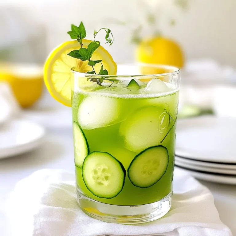 To make a tasty Chilled Cucumber Lemonade, gather these simple ingredients: - 2 large cucumbers, peeled and chopped - 1 cup fresh lemon juice (about 4-6 lemons) - 1/2 cup honey or agave syrup (adjust for sweetness) - 4 cups cold water - Fresh mint leaves for garnish - Lemon slices for garnish - Ice cubes Each ingredient plays a key role. The cucumbers add a crisp and refreshing taste. Fresh lemon juice gives a zesty kick. Honey or agave syrup sweetens the drink. Cold water helps balance the flavors. Mint leaves and lemon slices make it look pretty. Ice cubes keep your drink cold and refreshing. When you choose your cucumbers, go for firm, bright ones. They should feel heavy for their size. This ensures great flavor and texture. The lemon juice should be fresh for the best taste. If you want, you can adjust the sweetness to your liking. This drink is all about your taste! 1. Start by peeling and chopping the two large cucumbers. Place them into your blender. Blend the cucumbers until smooth. This step creates a fresh cucumber juice that gives your lemonade a crisp taste. 2. Next, strain the cucumber juice into a large pitcher. Use a fine-mesh sieve for the best results. This helps remove any pulp. 3. In the pitcher with the cucumber juice, add one cup of fresh lemon juice. This usually comes from about four to six lemons. Then, add half a cup of honey or agave syrup. This will sweeten your drink nicely. 4. Pour in four cups of cold water. Mix everything together well. Taste it, and if you want it sweeter, add more honey or agave. 5. Chill the lemonade in the fridge for at least thirty minutes. This waiting time allows the flavors to blend beautifully. 6. When you're ready to serve, fill glasses with ice cubes. Pour the chilled cucumber lemonade over the ice. 7. For a lovely touch, garnish each glass with fresh mint leaves and a slice of lemon on the rim. Enjoy your refreshing drink! - Choosing the right cucumbers Pick firm, fresh cucumbers with smooth skin. Look for ones that feel heavy for their size. This helps ensure your lemonade tastes crisp. - How to adjust sweetness Start with half a cup of honey or agave. Taste the mix and add more if you like. If you want it sweeter, add a bit more. Always mix well before tasting. - Importance of chilling Chill your lemonade for at least 30 minutes. This step makes the flavors blend better. A cold drink is always more refreshing on a hot day. {{image_2}} When you make chilled cucumber lemonade, you can change it up in fun ways. Here are some ideas for flavor enhancements that will make your drink even better. Adding fresh herbs can give your lemonade a nice twist. Mint adds a cool taste, while basil brings a sweet and spicy note. To use herbs, just chop them up and mix them in before you chill your drink. You can also garnish your glasses with mint leaves for a fresh look. If you want to cut down on sugar, try using stevia. It is a natural sweetener with no calories. You will need to adjust the amount since stevia is much sweeter than honey or agave. Start with a little, taste it, and then add more if needed. This way, you can find the perfect sweetness for your lemonade. You can also add other fruits to your cucumber lemonade. Strawberries bring a sweet and fruity flavor, while watermelon adds a refreshing touch. To infuse your drink, simply blend the fruits and strain the juice, just like you did with the cucumbers. Mix the fruit juice with the cucumber lemonade for a colorful and tasty drink. These variations will keep your chilled cucumber lemonade exciting all summer long! - Storing in the fridge After making your chilled cucumber lemonade, pour it into a clean pitcher. Cover it tightly with a lid or plastic wrap. Place it in the fridge. This keeps it fresh and cool. - Duration of freshness Your lemonade stays fresh for about three days in the fridge. After that, the flavors may fade. It might also start to separate. Always give it a good stir before serving. - How to freeze for later use If you want to save some for later, pour the lemonade into ice cube trays. Freeze it until solid. You can then pop out the cubes and store them in a bag. This way, you have chilled cucumber lemonade ready for hot days! Just drop a cube into water for a quick refresh. Chilled Cucumber Lemonade stays fresh for about three days in the fridge. After that, it may lose its crisp flavor. Always check for any changes in smell or taste before serving. Yes, you can make this lemonade ahead of time. Prepare it a day before your event. Just chill it well in the fridge. This allows the flavors to blend nicely. Cucumber lemonade is very hydrating. Cucumbers contain vitamins and minerals. They also have antioxidants that help fight inflammation. Lemon juice adds vitamin C, which boosts your immune system. Absolutely! You can use sugar-free sweeteners like stevia or erythritol. Adjust the amount to fit your taste. This way, you can enjoy a healthier version without added sugar. This blog shows how to make a refreshing chilled cucumber lemonade. You need a few simple ingredients like cucumbers, lemon juice, honey, and fresh mint. Follow the easy steps to blend and chill your lemonade. Remember, you can change flavors by adding herbs or fruits. Store it well for later enjoyment. Making your own lemonade is fun and tasty. Enjoy your perfect drink on a sunny day!