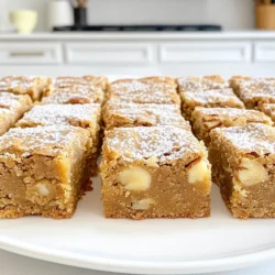 - 1 cup apple butter - 1 cup brown sugar, packed - 1/2 cup unsalted butter, melted - 1/4 cup granulated sugar - 2 large eggs - 1 teaspoon vanilla extract - 2 cups all-purpose flour - 1 teaspoon baking powder - 1/2 teaspoon baking soda - 1/4 teaspoon salt - 1 teaspoon ground cinnamon - Optional ingredients: 1/2 cup chopped walnuts, 1/2 cup white chocolate chips To make apple butter blondies, gather the ingredients first. Apple butter is the star here. It brings rich flavor and moisture. The brown sugar adds sweetness and depth. Unsalted butter makes the batter creamy. Granulated sugar gives a nice lift to the blondies. Two eggs add structure. Vanilla extract enhances the taste. All-purpose flour forms the base. Baking powder and baking soda help the blondies rise. Salt balances the sweetness, while ground cinnamon adds warmth. Feel free to personalize your blondies. You can fold in chopped walnuts for crunch. Or mix in white chocolate chips for extra sweetness. These ingredients make your blondies even more delightful. 1. Preheat your oven to 350°F (175°C). This helps the blondies bake evenly. 2. Grease a 9x13 inch baking pan. You can also line it with parchment paper. This makes it easy to remove the blondies later. 1. In a large bowl, whisk the melted butter, brown sugar, and granulated sugar together. Mix until smooth. 2. Add the apple butter, eggs, and vanilla extract. Stir until well combined. 3. In another bowl, sift together the flour, baking powder, baking soda, salt, and ground cinnamon. 4. Gradually add the dry mix to the wet mix. Stir just until combined. Do not overmix! 5. If you want extra crunch, fold in chopped walnuts and white chocolate chips. 1. Pour the batter into the prepared baking pan. Spread it evenly across the pan. 2. Bake in the preheated oven for 25-30 minutes. To check doneness, insert a toothpick into the center. It should come out clean. 3. Once baked, let the blondies cool in the pan for about 10 minutes. Then, transfer them to a wire rack to cool completely before cutting into squares. To make the best apple butter blondies, avoid overmixing the batter. When you mix too much, it can make them tough. Stir just until you see no dry flour. This way, they'll stay soft and chewy. Baking time is key for perfect blondies. Check them at 25 minutes. Insert a toothpick in the center. If it comes out clean, they are ready. If it has wet batter, give them a few more minutes. Serving your blondies nicely makes them even more enjoyable. Try placing them on a rustic wooden board. You can also use a decorative plate. Dust them with powdered sugar for a lovely touch. For extra flair, drizzle caramel sauce over the top. It adds sweetness and looks great. You can also serve them with a scoop of vanilla ice cream for a fun treat. Sometimes, blondies can have issues. If they turn out too dry, you might have baked them too long. Keep an eye on them as they bake. If they are too gooey in the center, they need more time in the oven. Just check again in a few minutes. If you added walnuts, ensure they are chopped small for even texture. Finally, if they stick to the pan, make sure to grease it well or line it with parchment. This helps with easy removal and keeps them intact. {{image_2}} You can change the flavor of your apple butter blondies. Try using different nut butters. Almond or cashew butter adds a unique taste. It also gives a nice twist to the recipe. You can also add spices for a new flavor profile. Nutmeg or ginger adds warmth and depth. A pinch of cardamom will surprise your taste buds. Experiment to find your favorite mix! If you need gluten-free blondies, use gluten-free flour. Almond flour or oat flour works well. These flours keep the blondies soft and tasty. For vegan blondies, replace the eggs with applesauce. You can also use flaxseed meal mixed with water. It acts like an egg and binds the batter well. Use a plant-based butter to replace regular butter for a full vegan treat. You can easily swap out white chocolate chips. Dark chocolate or butterscotch chips add a richer flavor. If you want something nutty, try using different nuts. Pecans or hazelnuts work great instead of walnuts. This way, you can tailor each batch to your taste. Adjust the ingredients to make each blondie special! To keep your apple butter blondies fresh, store them in an airtight container. This helps maintain moisture and flavor. You can leave them at room temperature for up to three days. If you want to keep them longer, place them in the fridge. They will stay good for about a week. You can freeze your blondies for future treats. First, let them cool completely. Then, cut them into squares. Wrap each square in plastic wrap. Place the wrapped squares in a freezer bag. They will last for up to three months in the freezer. When you're ready to enjoy them, take out a square. Let it thaw at room temperature for about an hour. If you want them warm, pop them in the microwave for 10-15 seconds. Enjoy your tasty treat! What is the difference between blondies and brownies? Blondies and brownies share a similar base but differ in flavor and color. Brownies use cocoa powder, which gives them a dark chocolate taste. Blondies skip the cocoa and use brown sugar and vanilla, offering a rich, sweet flavor. They are often lighter in color, resembling a cookie bar more than a brownie. Can I make this recipe without eggs? Yes, you can make this recipe without eggs! To replace each egg, use 1/4 cup of unsweetened applesauce or a mashed banana. These swaps keep the blondies moist and help bind the ingredients together. How can I tell when my blondies are done? Check for doneness by inserting a toothpick into the center. If it comes out clean or with a few moist crumbs, your blondies are ready. They should be set around the edges but slightly soft in the center. Can I use homemade apple butter? Absolutely! Using homemade apple butter adds a personal touch and unique flavor. Just ensure it's smooth and not too watery, as this can affect the batter's texture. How do I adjust baking time for a smaller pan? If you use a smaller pan, your blondies may bake faster. Start checking for doneness 5-10 minutes earlier. Always use the toothpick test to ensure they are baked just right. You learned all about making delicious blondies. We covered key ingredients like apple butter and sugar, plus steps to mix and bake. We discussed tips to perfect your blondies and presented fun variations for any diet. Remember, the right storage keeps them fresh. Now, it’s time for you to create your own tasty treats! Enjoy the process and share with others.