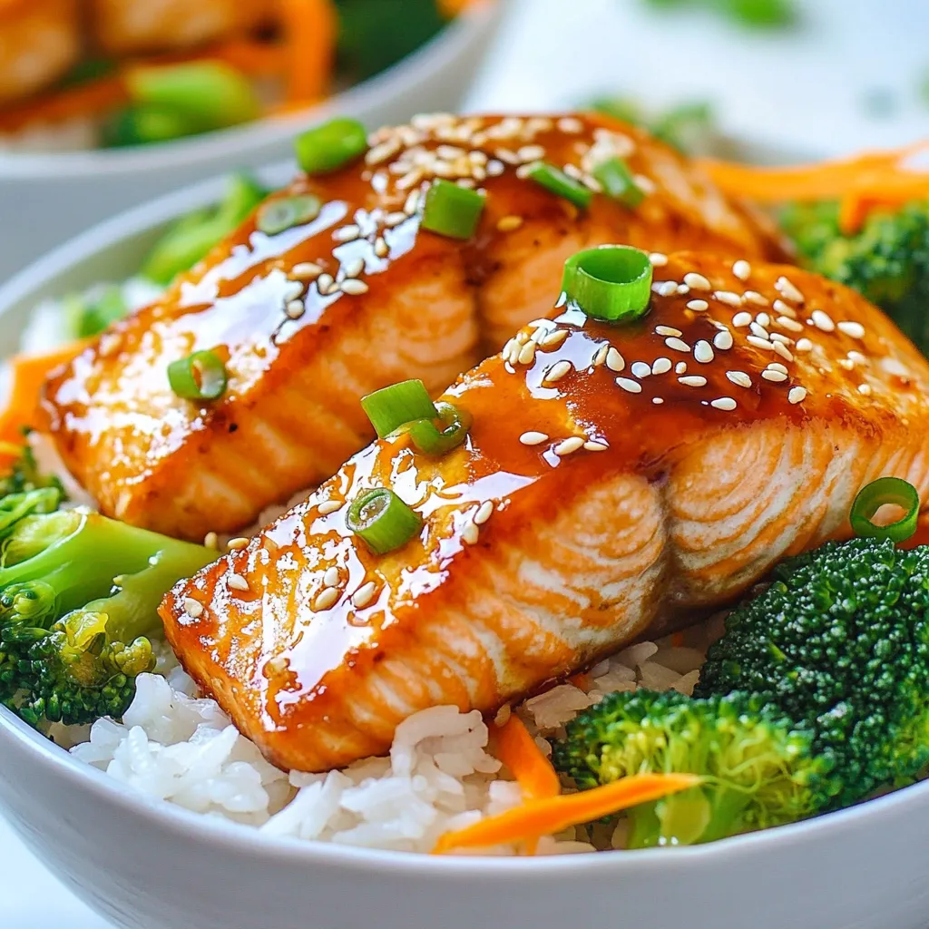 To make Minute Teriyaki Salmon Bowls, gather these key items: - 2 salmon fillets - 1 cup cooked jasmine rice - 1/4 cup teriyaki sauce (homemade or store-bought) - 1 cup broccoli florets - 1/2 cup shredded carrots - 1/4 cup sliced green onions - 1 tablespoon sesame seeds - 1 tablespoon olive oil - Salt and pepper to taste For an extra kick of flavor, consider adding these items: - Fresh ginger: Grate a small amount into the teriyaki sauce. - Garlic: Mince and sauté it with the salmon for more depth. - Red pepper flakes: Sprinkle on top for heat. - Peppers: Add sliced bell peppers for crunch and color. Choose fresh salmon to make your dish shine. Look for these signs: - Bright, vibrant color: Salmon should look rich and lively. - Firm texture: Press gently; it should spring back. - Pleasant smell: Fresh salmon should smell like the sea, not fishy. - Skin on: If possible, choose fillets with skin. It adds flavor and helps keep the fish moist. When shopping, consider buying from local fish markets for the best quality. {{ingredient_image_1}} Start by seasoning the salmon fillets. Use salt and pepper on both sides. This adds flavor and helps the fish cook well. Heat a non-stick skillet over medium-high heat. Pour in one tablespoon of olive oil. Wait for the oil to get hot. Once the skillet is hot, place the salmon fillets in it, skin-side down. Cook them for about four minutes. Then, flip the fillets over. Pour 1/4 cup of teriyaki sauce over the salmon. Cook for another three to four minutes. The salmon is done when it flakes easily with a fork. If you want it more well-done, cook for an extra minute or two. As the salmon cooks, prepare the broccoli. Steam one cup of broccoli florets until they are bright green and tender. This takes about three to four minutes. For assembly, take a bowl and add one cup of cooked jasmine rice. Place the teriyaki salmon on top. Add the steamed broccoli and 1/2 cup of shredded carrots. Don’t forget to garnish with sliced green onions and sesame seeds. This adds crunch and flavor to your bowl. Enjoy your meal! To cook salmon, start with fresh fillets. Season them with salt and pepper. Use a non-stick skillet and heat olive oil over medium-high heat. Place the salmon skin-side down in the hot skillet. Cook for about 4 minutes without moving it. Then flip the salmon over. Pour teriyaki sauce over the fillets. Cook for another 3 to 4 minutes. The salmon should flake easily with a fork when done. If you like it well-done, cook an extra minute or two. Meal prep can save you time during busy weeks. Cook jasmine rice ahead of time and store it in the fridge. You can also pre-wash and chop vegetables. Store them in airtight containers. This way, you have everything ready when you want to make your bowls. For added flavor, you can marinate your salmon fillets in teriyaki sauce a day before. This makes the fish even tastier. Steaming vegetables keeps them bright and crunchy. For the best results, use a pot with a steamer basket. Fill the pot with water, but don’t let it touch the veggies. Bring the water to a boil. Add broccoli florets and cover the pot. Steam for about 3 to 4 minutes. Check if the broccoli is tender yet still vibrant. This quick method keeps nutrients intact while enhancing flavor. Pro Tips Fresh Salmon is Best: Always choose the freshest salmon available for the best flavor and texture. Check for bright color and firm flesh. Don’t Overcook the Salmon: Salmon should be cooked until just opaque in the center to maintain its moistness. A few extra minutes can lead to dryness. Customize Your Veggies: Feel free to add or substitute other vegetables like bell peppers or snap peas for variety and added nutrition. Perfect Rice Every Time: Rinse your jasmine rice before cooking to remove excess starch, resulting in fluffier grains. {{image_2}} You can switch out salmon for other proteins. Chicken works well with teriyaki sauce. Just slice it thin and cook it in the same way. Tofu is a great choice too. It soaks up the sauce nicely and adds protein. Shrimp is another fast and tasty option. Cook them until they turn pink and firm. For a vegetarian or vegan bowl, use firm tofu. Cut it into cubes and grill or pan-fry it. Tempeh is another great option; it has a nutty flavor. You can also use seitan, a wheat-based protein. Any of these will taste amazing with teriyaki sauce. While jasmine rice is a classic, try other grains. Quinoa adds a nutty taste and is packed with protein. Brown rice is a healthy option, giving more fiber. You can even use cauliflower rice for a low-carb choice. Each grain changes the dish but keeps it delightful. To keep your teriyaki salmon bowls fresh, place leftovers in an airtight container. Make sure the salmon, rice, and veggies are all packed well. Store them in the fridge for up to three days. This way, you can enjoy the meal again without losing flavor. When ready to eat, reheat your bowl in the microwave. Heat it on medium for about one to two minutes. Check if it's warm enough. If not, heat in 30-second bursts until hot. You can also use a skillet. Heat it over medium-low heat, stirring gently until warm. This keeps the salmon moist and tasty. If you want to save your salmon bowls for later, freezing is a great option. First, let the bowl cool completely. Then, wrap each portion tightly in plastic wrap. Place the wrapped bowls in a freezer bag. They can stay good for up to three months. When you're ready to eat, thaw them in the fridge overnight before reheating. Cooking teriyaki salmon takes about 8 to 10 minutes. Start with 4 minutes on one side. Then, flip it and add the teriyaki sauce. Cook for another 3 to 4 minutes. The salmon should flake easily with a fork when done. If you like it well-done, add a minute or two more. Yes, you can use other fish. Try tilapia, trout, or cod. Make sure to adjust the cooking time. Thinner fillets cook faster, while thicker ones take longer. Just check for flakiness to know when they are done. Most teriyaki sauces contain soy sauce, which has gluten. However, you can find gluten-free options. Look for tamari or gluten-free brands at the store. You can also make your own sauce using gluten-free soy sauce. This way, you can enjoy your meal worry-free. This blog post covered all you need for a tasty teriyaki salmon bowl. We discussed essential ingredients, cooking methods, and tips to make it perfect. Remember to select fresh salmon and try different grains for a fun twist. Keep these tips in mind to enjoy a healthy meal. With practice, you'll master this dish soon. Cooking can be simple and fun! Enjoy your salmon bowls and share them with others.