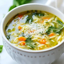 To make a delicious Spinach Orzo Soup, gather these simple ingredients: - 1 cup orzo pasta - 4 cups vegetable broth - 2 cups fresh spinach, chopped - 1 medium onion, diced - 2 cloves garlic, minced - 1 carrot, diced - 1 celery stalk, diced - 1 teaspoon dried oregano - 1 teaspoon dried thyme - 2 tablespoons olive oil - Salt and pepper to taste - Fresh lemon juice (from 1 lemon) - Grated Parmesan cheese for serving (optional) When picking fresh ingredients, look for vibrant colors and firm textures. For spinach, choose bright green leaves without yellow spots. The onion should feel heavy and firm. The carrot and celery should be crisp and not bend. Fresh garlic should be tight and dry, with no sprouting. If you can’t find orzo, you can use small pasta shapes like ditalini or even rice. For vegetable broth, homemade stock works well too. Any leafy green, like kale or Swiss chard, can replace spinach. If you want to skip dairy, leave out the Parmesan cheese or use a dairy-free option. {{ingredient_image_1}} Start by gathering your fresh veggies. You will need onion, carrot, celery, and garlic. Dice the onion and carrot into small pieces. Chop the celery into thin slices. Mince the garlic into tiny bits. In a large pot, heat two tablespoons of olive oil over medium heat. Once hot, add the diced onion, carrot, and celery. Sauté these for about 5 to 7 minutes. You want them to soften and become fragrant. Next, add the minced garlic, dried oregano, and dried thyme. Stir for about one minute. This helps release all the wonderful flavors. Pour in four cups of vegetable broth. Bring this mixture to a gentle boil. Once you see bubbles, it’s time to add the orzo pasta. Cook the orzo according to the package instructions, about 8 to 10 minutes. Stir occasionally to prevent sticking. As the orzo cooks, it will soak up some of that broth. This adds flavor to the pasta. After the orzo is cooked, stir in two cups of chopped spinach. Let it wilt for about two minutes. This makes the soup vibrant and healthy. Now, season the soup with salt, pepper, and fresh lemon juice. Taste and adjust the flavors to your liking. Finally, remove the pot from heat. Let it sit for a few minutes before serving. This allows the flavors to meld together. To boost the taste of your soup, consider these tips: - Add fresh herbs: Use parsley or basil for a bright touch. - Use lemon zest: This adds a fresh layer of flavor. - Incorporate red pepper flakes: A pinch brings a nice kick. - Try different broths: Swap vegetable broth for chicken broth for depth. - Sauté vegetables longer: This builds a richer base. These steps will make your soup even more delicious. Avoid these common pitfalls for the best soup: - Overcooking orzo: Follow the package time closely to keep it al dente. - Skipping the seasonings: Don’t forget salt and pepper until the end. - Not adding spinach at the right time: Add it in the last minutes to keep its bright color. - Using old broth: Fresh broth makes a big difference in taste. Steering clear of these mistakes leads to a better soup. Serving your Spinach Orzo Soup can be fun. Here are some ideas: - Garnish with cheese: Grated Parmesan adds flavor and richness. - Serve with crusty bread: A slice of sourdough or baguette works well. - Pair with a salad: A light green salad complements the soup nicely. - Top with fresh herbs: This adds a pop of color and flavor. Enjoy your soup in these tasty ways! Pro Tips Use Fresh Ingredients: Fresh spinach and quality vegetable broth enhance the soup's flavor significantly, making it more vibrant and nutritious. Al Dente Orzo: To prevent the orzo from becoming mushy, cook it until al dente and serve immediately after adding the spinach. Season Gradually: Taste the soup as you season it. Adding salt and pepper gradually helps you achieve the perfect balance without overdoing it. Lemon Zest: For an extra burst of flavor, add a teaspoon of lemon zest along with the juice for a bright, refreshing note. {{image_2}} You can make this soup heartier by adding protein. Chicken is a great choice. Simply cook diced chicken breast in the pot before adding the veggies. Cook until it’s no longer pink. If you prefer plant-based options, use beans or tofu. Canned beans work well; just rinse and add them with the broth. Tofu adds a nice texture. Cube it and sauté it with the veggies. Herbs and spices can change the whole flavor of your soup. Try adding fresh basil or parsley for a fresh taste. A pinch of red pepper flakes can add some heat. You can also use herbs de Provence for a unique twist. Just remember to add them in small amounts, so they don't overpower the dish. To make your soup creamy, add a splash of cream or milk near the end of cooking. Stir it in right before serving. You can also blend part of the soup until smooth. This thickens it nicely. Another option is to add a dollop of sour cream or Greek yogurt in each bowl. This adds richness and flavor. To keep your Spinach Orzo Soup fresh, store it in an airtight container. Let the soup cool down first. Use a container that is not too big. This way, the soup stays at the right temperature. You can keep it in the fridge for up to three days. Reheating your soup is simple. Pour the soup into a pot over medium heat. Stir often to warm it evenly. You can also use the microwave. Place the soup in a microwave-safe bowl. Heat it in short bursts, stirring in between. Make sure it is hot throughout before serving. If you want to save your soup for later, freezing works great. Use freezer-safe containers or bags. Leave some space at the top. Soup expands when it freezes. You can freeze it for up to three months. When you want to eat it, thaw it in the fridge overnight. Then, reheat as mentioned before. Spinach Orzo Soup lasts about 3 to 5 days in the fridge. Store it in a sealed container to keep it fresh. The flavors develop more over time, making it even tastier on day two or three. Just remember to check for any signs of spoilage before eating. Yes, you can make Spinach Orzo Soup ahead of time. It’s perfect for meal prep. Just cook it as normal and cool it down. Then store it in the fridge or freezer. If you freeze it, it can last up to three months. Just thaw and heat when you're ready to enjoy it. If you don't have orzo, you can use other small pasta types. Options include ditalini, couscous, or even rice. Each will bring a different texture but still taste great in the soup. Just adjust the cooking time based on what you choose. This blog post covered how to make delicious Spinach Orzo Soup. We discussed key ingredients, tips for selecting the best ones, and substitutes. You learned step-by-step instructions to prepare, cook, and serve the soup. I shared tricks to add flavor and avoid common mistakes. We even explored fun variations and storage tips. In the end, this soup is versatile and easy to make. It’s a perfect dish for any meal. You can customize it to fit your taste, so don’t hesitate to experiment!