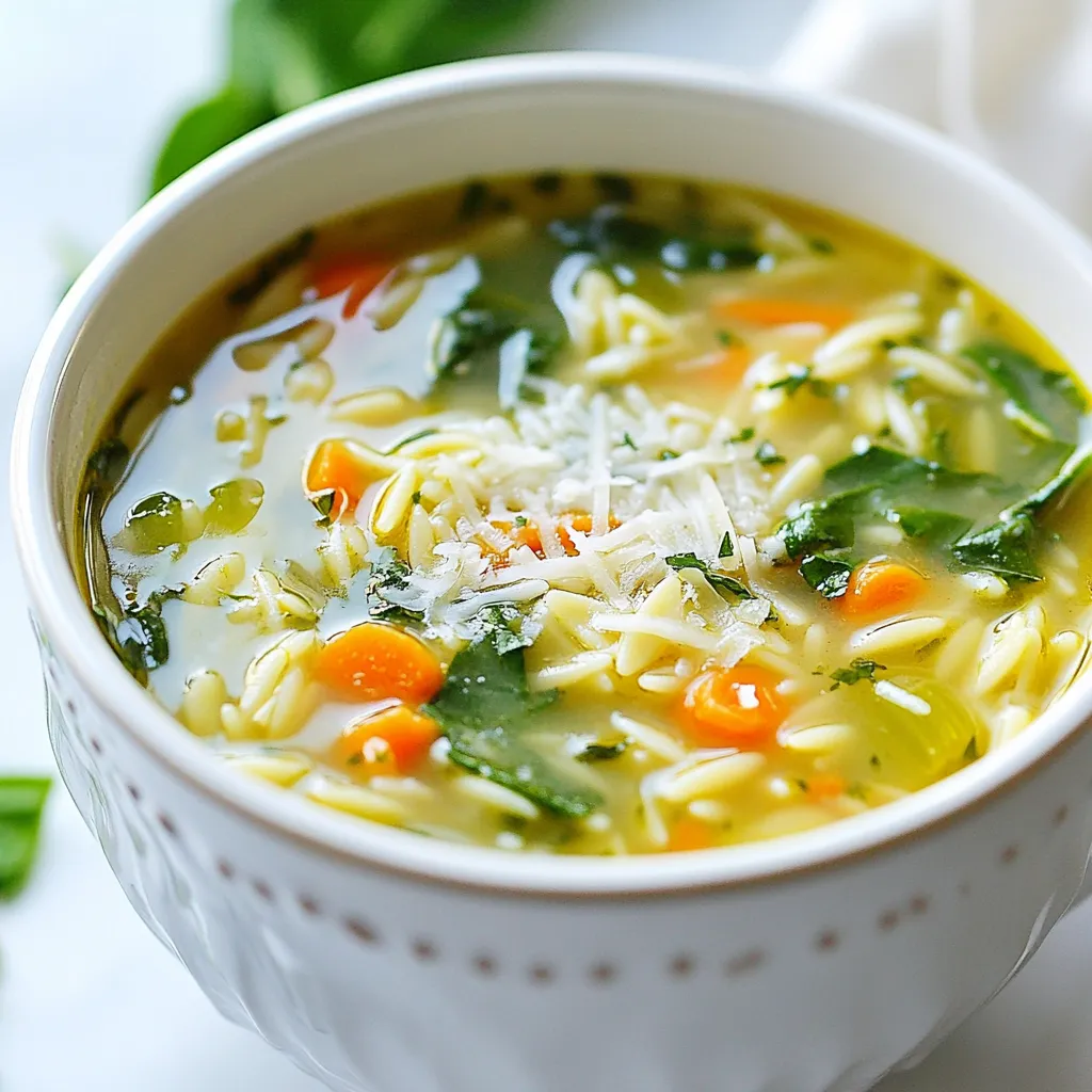 To make a delicious Spinach Orzo Soup, gather these simple ingredients: - 1 cup orzo pasta - 4 cups vegetable broth - 2 cups fresh spinach, chopped - 1 medium onion, diced - 2 cloves garlic, minced - 1 carrot, diced - 1 celery stalk, diced - 1 teaspoon dried oregano - 1 teaspoon dried thyme - 2 tablespoons olive oil - Salt and pepper to taste - Fresh lemon juice (from 1 lemon) - Grated Parmesan cheese for serving (optional) When picking fresh ingredients, look for vibrant colors and firm textures. For spinach, choose bright green leaves without yellow spots. The onion should feel heavy and firm. The carrot and celery should be crisp and not bend. Fresh garlic should be tight and dry, with no sprouting. If you can’t find orzo, you can use small pasta shapes like ditalini or even rice. For vegetable broth, homemade stock works well too. Any leafy green, like kale or Swiss chard, can replace spinach. If you want to skip dairy, leave out the Parmesan cheese or use a dairy-free option. {{ingredient_image_1}} Start by gathering your fresh veggies. You will need onion, carrot, celery, and garlic. Dice the onion and carrot into small pieces. Chop the celery into thin slices. Mince the garlic into tiny bits. In a large pot, heat two tablespoons of olive oil over medium heat. Once hot, add the diced onion, carrot, and celery. Sauté these for about 5 to 7 minutes. You want them to soften and become fragrant. Next, add the minced garlic, dried oregano, and dried thyme. Stir for about one minute. This helps release all the wonderful flavors. Pour in four cups of vegetable broth. Bring this mixture to a gentle boil. Once you see bubbles, it’s time to add the orzo pasta. Cook the orzo according to the package instructions, about 8 to 10 minutes. Stir occasionally to prevent sticking. As the orzo cooks, it will soak up some of that broth. This adds flavor to the pasta. After the orzo is cooked, stir in two cups of chopped spinach. Let it wilt for about two minutes. This makes the soup vibrant and healthy. Now, season the soup with salt, pepper, and fresh lemon juice. Taste and adjust the flavors to your liking. Finally, remove the pot from heat. Let it sit for a few minutes before serving. This allows the flavors to meld together. To boost the taste of your soup, consider these tips: - Add fresh herbs: Use parsley or basil for a bright touch. - Use lemon zest: This adds a fresh layer of flavor. - Incorporate red pepper flakes: A pinch brings a nice kick. - Try different broths: Swap vegetable broth for chicken broth for depth. - Sauté vegetables longer: This builds a richer base. These steps will make your soup even more delicious. Avoid these common pitfalls for the best soup: - Overcooking orzo: Follow the package time closely to keep it al dente. - Skipping the seasonings: Don’t forget salt and pepper until the end. - Not adding spinach at the right time: Add it in the last minutes to keep its bright color. - Using old broth: Fresh broth makes a big difference in taste. Steering clear of these mistakes leads to a better soup. Serving your Spinach Orzo Soup can be fun. Here are some ideas: - Garnish with cheese: Grated Parmesan adds flavor and richness. - Serve with crusty bread: A slice of sourdough or baguette works well. - Pair with a salad: A light green salad complements the soup nicely. - Top with fresh herbs: This adds a pop of color and flavor. Enjoy your soup in these tasty ways! Pro Tips Use Fresh Ingredients: Fresh spinach and quality vegetable broth enhance the soup's flavor significantly, making it more vibrant and nutritious. Al Dente Orzo: To prevent the orzo from becoming mushy, cook it until al dente and serve immediately after adding the spinach. Season Gradually: Taste the soup as you season it. Adding salt and pepper gradually helps you achieve the perfect balance without overdoing it. Lemon Zest: For an extra burst of flavor, add a teaspoon of lemon zest along with the juice for a bright, refreshing note. {{image_2}} You can make this soup heartier by adding protein. Chicken is a great choice. Simply cook diced chicken breast in the pot before adding the veggies. Cook until it’s no longer pink. If you prefer plant-based options, use beans or tofu. Canned beans work well; just rinse and add them with the broth. Tofu adds a nice texture. Cube it and sauté it with the veggies. Herbs and spices can change the whole flavor of your soup. Try adding fresh basil or parsley for a fresh taste. A pinch of red pepper flakes can add some heat. You can also use herbs de Provence for a unique twist. Just remember to add them in small amounts, so they don't overpower the dish. To make your soup creamy, add a splash of cream or milk near the end of cooking. Stir it in right before serving. You can also blend part of the soup until smooth. This thickens it nicely. Another option is to add a dollop of sour cream or Greek yogurt in each bowl. This adds richness and flavor. To keep your Spinach Orzo Soup fresh, store it in an airtight container. Let the soup cool down first. Use a container that is not too big. This way, the soup stays at the right temperature. You can keep it in the fridge for up to three days. Reheating your soup is simple. Pour the soup into a pot over medium heat. Stir often to warm it evenly. You can also use the microwave. Place the soup in a microwave-safe bowl. Heat it in short bursts, stirring in between. Make sure it is hot throughout before serving. If you want to save your soup for later, freezing works great. Use freezer-safe containers or bags. Leave some space at the top. Soup expands when it freezes. You can freeze it for up to three months. When you want to eat it, thaw it in the fridge overnight. Then, reheat as mentioned before. Spinach Orzo Soup lasts about 3 to 5 days in the fridge. Store it in a sealed container to keep it fresh. The flavors develop more over time, making it even tastier on day two or three. Just remember to check for any signs of spoilage before eating. Yes, you can make Spinach Orzo Soup ahead of time. It’s perfect for meal prep. Just cook it as normal and cool it down. Then store it in the fridge or freezer. If you freeze it, it can last up to three months. Just thaw and heat when you're ready to enjoy it. If you don't have orzo, you can use other small pasta types. Options include ditalini, couscous, or even rice. Each will bring a different texture but still taste great in the soup. Just adjust the cooking time based on what you choose. This blog post covered how to make delicious Spinach Orzo Soup. We discussed key ingredients, tips for selecting the best ones, and substitutes. You learned step-by-step instructions to prepare, cook, and serve the soup. I shared tricks to add flavor and avoid common mistakes. We even explored fun variations and storage tips. In the end, this soup is versatile and easy to make. It’s a perfect dish for any meal. You can customize it to fit your taste, so don’t hesitate to experiment!