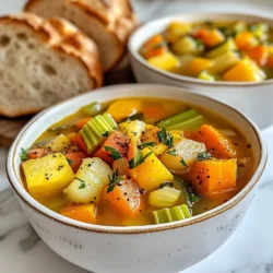 Here’s what you need to make a warm bowl of winter vegetable soup. Gather these fresh and tasty ingredients: - 2 tablespoons olive oil - 1 onion, chopped - 2 cloves garlic, minced - 3 carrots, sliced - 2 celery stalks, diced - 1 medium potato, diced - 1 medium sweet potato, diced - 1 zucchini, chopped - 1 cup green beans, chopped - 1 can (14 oz) diced tomatoes (with juice) - 4 cups vegetable broth - 1 teaspoon dried thyme - 1 teaspoon dried rosemary - 1 bay leaf - Salt and pepper to taste - Fresh parsley, chopped (for garnish) Using fresh vegetables enhances flavor and nutrition. Olive oil adds a rich taste and helps cook the onion and garlic. Each ingredient has its role, from the sweetness of carrots to the earthiness of potatoes. This blend of vegetables creates a comforting soup perfect for chilly days. Feel free to get creative. You can swap in seasonal veggies or those you love. Winter vegetable soup is flexible and can fit any palate. Enjoy the process of choosing your ingredients! {{ingredient_image_1}} Start by chopping your onion into small pieces. This helps it cook evenly. Next, mince the garlic. Use a knife to chop it finely. Garlic adds a nice flavor. In a large pot, heat 2 tablespoons of olive oil over medium heat. Add the chopped onion. Sauté it for 3 to 4 minutes until it turns translucent. Then, add the minced garlic. Sauté for another minute. You want to smell the garlic's wonderful aroma. Now, slice the carrots and dice the celery. Stir these into the pot. Cook them for about 5 minutes. They should start to soften. Next, dice the potato and sweet potato. Add them to the pot and cook for another 4 minutes. This step adds depth to your soup. Finally, chop the zucchini and green beans. Stir these in to complete the vegetable prep. It’s time to add your vegetables in stages. First, add the carrots and celery, then the potatoes and sweet potatoes. This way, each veggie gets enough cooking time. Now, pour in the can of diced tomatoes, including the juice. This adds a rich flavor. Next, add 4 cups of vegetable broth. The broth brings everything together and makes the soup hearty. Season the mix with 1 teaspoon each of dried thyme and rosemary, plus 1 bay leaf. These herbs give your soup a warm flavor. Bring the soup to a boil, then reduce the heat. Let it simmer for about 25 to 30 minutes. This time lets all the flavors blend together. After simmering, all your vegetables should be tender. Remove the bay leaf. This leaf adds flavor but is not meant to be eaten. Now, taste the soup. Add salt and pepper to fit your taste. You can use an immersion blender to blend part of the soup for a creamier texture. Blend just enough to keep some chunks. Ladle the soup into bowls and garnish with fresh chopped parsley. This adds a fresh touch and color. Enjoy your cozy winter vegetable soup! To make your soup taste amazing, use fresh herbs. Dried thyme and rosemary work well. They add richness and depth. You can even try adding basil or oregano for a twist. For texture, you can blend part of the soup. An immersion blender is perfect for this. Blend until smooth, but leave some chunks. This gives a nice mix of creamy and hearty bites. Pair your soup with crusty bread or warm cheese. A slice of sourdough or baguette complements the soup nicely. You can also serve it with a sprinkle of cheese on top. For presentation, use rustic bowls. A garnish of fresh parsley adds color and freshness. You could even add a drizzle of olive oil for an extra touch. Avoid overcooking your veggies. This can make them mushy and bland. Cook just until tender for the best flavor. Also, be careful with seasoning. Too much salt or pepper can ruin your soup. Taste as you go to find the right balance. Adjust your herbs and salt to suit your taste. Pro Tips Use Fresh Vegetables: Fresh vegetables enhance the flavor and nutritional value of the soup. Try to use seasonal produce for the best taste. Adjust Consistency: If you prefer a thicker soup, blend a portion of the soup with an immersion blender. This adds creaminess while keeping some texture. Herb Variations: Experiment with different herbs like basil or parsley for a unique flavor twist. Fresh herbs added at the end can brighten the dish even more. Make It Ahead: This soup tastes even better the next day! Make a big batch and store leftovers in the fridge or freezer for a quick meal later. {{image_2}} You can add many seasonal veggies. Think about using: - Kale - Spinach - Butternut squash - Leeks - Parsnips These options boost flavor and nutrients. They also add color to your soup. You can mix and match as you like. Want to make it vegan? Simply skip the broth that has animal products. Use vegetable broth instead. This soup is already gluten-free, but check the broth. Ensure it is labeled gluten-free if you need it. If you have allergies, avoid any veggies that trigger you. You can use safe alternatives. For example, swap garlic with shallots. Adding spices can change the soup's kick. Try: - Crushed red pepper for heat - Cumin for warmth - Paprika for smokiness For a creamy version, blend part of the soup. You can also add coconut milk or cream for richness. This makes it smooth and luxurious. Enjoy exploring these options! To store your winter vegetable soup in the refrigerator, let it cool first. Then, transfer it to an airtight container. This helps keep the soup fresh. Use glass or BPA-free plastic containers for safe storage. Label the containers with the date for easy tracking. For freezing, pour the soup into freezer-safe containers. Leave some space at the top for expansion. You can also use freezer bags for easy stacking. To reheat, thaw the soup overnight in the fridge. Heat it on the stove over low heat. Stir occasionally until hot. In the fridge, your soup lasts about 4-5 days. If frozen, it can last up to 3 months. Always check for signs of spoilage. If it smells off or looks strange, it's best to toss it. To make your Winter Vegetable Soup spicier, add red pepper flakes or diced jalapeños. Start with a small amount, then taste and adjust. You can also use hot sauce for a quick kick. Adding spices like cumin or smoked paprika can enhance the heat and flavor too. Yes, you can use frozen vegetables for this soup. They are convenient and can save time. Just toss them in when you would add the fresh vegetables. Keep in mind that frozen veggies may cook faster. So, adjust your cooking time as needed. The best herbs for vegetable soup include thyme, rosemary, and bay leaves. These herbs add depth and warmth. Fresh herbs like parsley or basil can be added at the end for brightness. You can also try dill or oregano for a different flavor twist. To make a low-sodium version, use low-sodium vegetable broth or make your own. Avoid adding extra salt until the end. Fresh herbs and spices can add flavor without the need for salt. Always taste before adding any extra seasoning. Yes, adding protein boosts the soup's nutrition. You can include beans, lentils, or cooked chicken. Tofu or chickpeas also work great for a vegetarian option. Just add them in during the last few minutes of cooking to heat through. This winter vegetable soup recipe is simple and packed with flavor. We covered the key ingredients, step-by-step instructions, and helpful tips to ensure success. I shared ways to customize the soup to fit your taste and dietary needs. Remember, avoid overcooking and balance your seasoning. Store leftovers properly to enjoy later. With these ideas, you can create a warm, comforting dish perfect for any cold day. Dive in and make this soup your own!