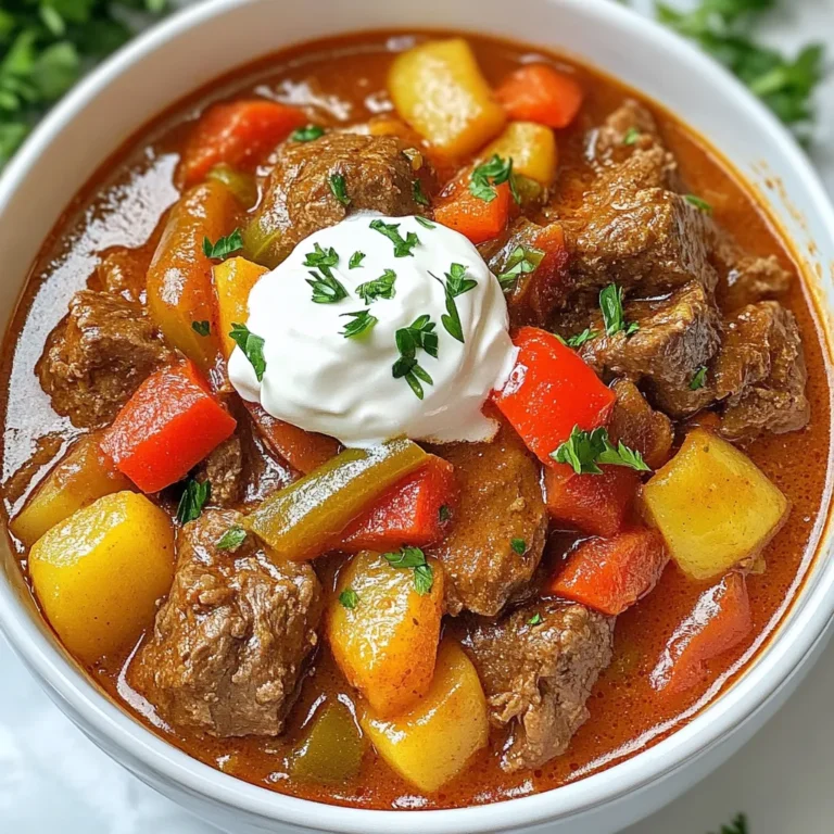 To make Gordon Ramsay’s Hungarian goulash, gather these key ingredients: - 2 lbs beef chuck, cut into 1-inch cubes - 2 tablespoons vegetable oil - 2 large onions, thinly sliced - 4 cloves garlic, minced - 2 tablespoons sweet paprika - 1 tablespoon smoked paprika - 1 teaspoon caraway seeds - 2 bell peppers (one red, one green), diced - 2 medium carrots, sliced - 4 medium potatoes, diced - 5 cups beef broth - 1 can (14 oz) diced tomatoes - Salt and pepper to taste - Fresh parsley for garnish These ingredients create a rich, hearty dish full of flavor. You will need a few tools for this recipe: - Large pot or Dutch oven - Cutting board - Sharp knife - Wooden spoon or spatula - Measuring spoons - Ladle These items will help you cook and serve the goulash with ease. Choose fresh and high-quality ingredients for the best goulash: - Select beef chuck with good marbling for better flavor. - Look for bright, firm vegetables without bruises. - Choose fresh spices; check the expiration date for paprika and caraway seeds. Quality ingredients make a big difference in taste and texture. {{ingredient_image_1}} To make Gordon Ramsay's goulash, you need to follow some key steps. Start by gathering your ingredients. You need beef, onions, garlic, and spices. 1. First, heat vegetable oil in a large pot over medium-high heat. 2. Next, add the beef cubes. Sear them until they turn brown on all sides. 3. Remove the beef and set it aside. This step is crucial for flavor. Searing beef adds a tasty crust. It locks in the juices and boosts the flavor. If you skip this, your goulash may taste bland. Always take your time when searing. - Use a hot pot to get a good sear. - Don’t overcrowd the pot. Cook in batches if needed. This step sets the stage for a rich, flavorful dish. Now, let’s combine everything. In the same pot, add your onions. Cook them until soft and clear. This takes about 5 to 7 minutes. After the onions are ready, add minced garlic, sweet paprika, smoked paprika, and caraway seeds. Stir for 1 to 2 minutes until the spices release their aroma. Then, return the beef to the pot. Add diced bell peppers, sliced carrots, diced potatoes, beef broth, and diced tomatoes. Mix it all well. Season with salt and pepper. Bring the mix to a boil, then lower the heat and cover. Let it simmer for 1.5 to 2 hours. Stir occasionally. This helps the flavors blend together. Taste it before serving. Adjust the salt and pepper if needed. Enjoy your hearty Hungarian goulash! To cook beef well, start with quality meat. Use beef chuck for its rich flavor. Cut it into 1-inch cubes for even cooking. Sear the beef in batches. This helps to brown it well. Browning adds depth to the dish. Make sure your pot is hot before adding the beef. This keeps the meat juicy and tender. After searing, don’t rush to add other ingredients. Let the beef rest briefly. This step helps keep the juices locked inside. Spices and herbs make goulash special. Use both sweet and smoked paprika for a complex taste. Sweet paprika gives a nice sweetness, while smoked paprika adds depth. Don’t forget caraway seeds; they offer a unique flavor. Fresh parsley adds brightness at the end. Make sure to taste your dish as it cooks. This way, you can adjust spices to your liking. Adding too much salt early can overpower the dish. It's better to season gradually. One common mistake is skipping the browning step. This step is key for flavor. Another mistake is not simmering long enough. Goulash needs time to develop its rich taste. If you rush it, the beef may turn tough. Avoid adding too much liquid at once. Start with just enough broth to cover the ingredients. You can always add more later if needed. Lastly, don’t forget to taste! Adjust seasoning before serving for the best result. Pro Tips Choose the Right Cut of Beef: For the best flavor and tenderness, opt for beef chuck, which becomes melt-in-your-mouth tender during the long cooking process. Don’t Rush the Searing: Take your time to sear the beef properly; this step is crucial for developing a rich, deep flavor in your goulash. Adjust the Spice Levels: If you prefer a spicier goulash, consider adding a pinch of cayenne pepper or a diced jalapeño along with the other vegetables. Let It Rest: After cooking, let the goulash sit for about 10 minutes before serving. This allows the flavors to meld and improves the overall taste. {{image_2}} You can use different meats for goulash. Pork or lamb works well. Chicken is lighter but adds a different taste. Each meat brings its own flavor to the dish. Adjust cooking times based on the meat you choose. For example, chicken cooks faster than beef. Goulash can be made without meat, too. Use hearty vegetables like mushrooms and eggplant. Add beans for protein and texture. Replace beef broth with vegetable broth for a vegan option. Use spices like smoked paprika to keep the flavor bold. This way, everyone can enjoy goulash! Leftover goulash can be just as tasty. Try it over rice or pasta for a new meal. You can also make goulash-stuffed peppers. Just hollow out bell peppers and fill them with goulash. Bake until the peppers are soft. Another fun idea is to turn goulash into a savory pie. Use a pie crust and bake until golden. These options make leftovers exciting and delicious! To keep your goulash fresh, store it in airtight containers. Let it cool down before sealing. This helps prevent moisture build-up. Always label your containers with the date. This way, you know how long it's been stored. Freezing goulash is easy and a great way to save leftovers. Pour the cooled goulash into freezer-safe bags or containers. Remove as much air as possible to prevent freezer burn. When you're ready to eat, thaw it overnight in the fridge. Reheat on the stove over low heat. Stir often to warm it evenly. Goulash lasts up to three days in the fridge. If frozen, it can last up to three months. Just remember, the sooner you eat it, the better it will taste. Always check for signs of spoilage before eating. If it smells off or looks strange, toss it out. Hungarian goulash comes from Hungary. It started as a simple meal for shepherds. They used beef, onions, and spices. Over time, it grew into a hearty stew. Today, it is popular in many countries. The dish showcases paprika, a key spice in Hungarian cooking. Yes, you can make goulash in a slow cooker! It’s easy and great for busy days. Start by searing the beef in a pan. This step adds flavor. After that, place the beef and other ingredients in the slow cooker. Cook on low for 6-8 hours. The beef will become tender and full of flavor. Hungarian goulash pairs well with many sides. Here are a few ideas: - Hearty bread for dipping - Egg noodles for a filling option - Rice for a lighter side - A fresh salad for a crisp contrast You can also add a dollop of sour cream on top. Fresh parsley adds a nice color and taste too! You learned about the key ingredients for Gordon Ramsay’s Hungarian goulash. You now know how to choose quality ingredients and use the right tools. The cooking steps help you get tender beef and great flavor. I shared tips to avoid common mistakes and offered tasty variations. You can even store goulash properly to enjoy later. Cooking this dish is fun and rewarding. With practice, you’ll create a meal your friends and family will love. Enjoy your cooking journey and make goulash your own!