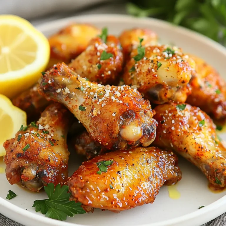 For this recipe, you will need 2 pounds of chicken wings. Choose fresh or thawed wings for the best flavor and texture. You will need the following seasonings: - 4 tablespoons olive oil - 4 cloves garlic, minced - 1 teaspoon garlic powder - 1 teaspoon onion powder - 1 teaspoon smoked paprika - ½ teaspoon salt - ½ teaspoon black pepper These ingredients create a tasty blend that coats the wings perfectly. The olive oil helps the spices stick and keeps the wings moist while they cook. To finish your wings, use: - ¾ cup grated Parmesan cheese - 2 tablespoons fresh parsley, chopped The Parmesan adds a rich flavor. Fresh parsley brightens the dish and makes it look appealing. With these simple ingredients, you're ready to make tasty air fryer garlic Parmesan wings. {{ingredient_image_1}} First, set your air fryer to 400°F (200°C). Let it heat for about 5 minutes. This step helps the wings crisp up nicely. In a large mixing bowl, add 2 pounds of chicken wings. Then, pour in 4 tablespoons of olive oil. Next, add 4 minced garlic cloves, 1 teaspoon of garlic powder, 1 teaspoon of onion powder, 1 teaspoon of smoked paprika, ½ teaspoon of salt, and ½ teaspoon of black pepper. Toss all the ingredients together until the wings are well coated. It should look delicious and fragrant! After that, sprinkle in ¾ cup of grated Parmesan cheese. Toss gently again to coat the wings in cheesy goodness. Now, place the wings in the air fryer basket. Make sure they are in a single layer. This way, they cook evenly. Air fry them for 25-30 minutes. Halfway through, shake the basket to help them crisp up all over. When the wings turn golden and crispy, take them out. Let them cool for a couple of minutes. Then, sprinkle 2 tablespoons of chopped fresh parsley on top. This adds a pop of color and fresh flavor. Enjoy your tasty Air Fryer Garlic Parmesan Wings! To get crispy wings, start with a good amount of oil. The olive oil helps the skin crisp up nicely. Make sure not to crowd the wings in the air fryer. Give them space to cook evenly. Shake the basket halfway through cooking to ensure all sides crisp up. For flavor, I use a mix of garlic, onion powder, and smoked paprika. The garlic is key for that bold taste. I suggest using one teaspoon of each spice. This blend gives you a nice balance of flavors. Adjust the salt and pepper to your taste. Always remember, the Parmesan cheese adds a salty kick. Fresh herbs like parsley add brightness to the wings. I love to use fresh parsley for garnish. It makes the dish pop with color. If you have dried herbs, they work too. Just use less, as dried herbs are stronger. About one-third of the amount is a good rule. Pro Tips Use Dry Chicken Wings: For extra crispiness, pat the chicken wings dry with paper towels before coating them in oil and seasonings. Marinate for Flavor: For maximum flavor, consider marinating the wings in the olive oil and garlic mixture for at least 30 minutes or overnight in the fridge. Check for Doneness: Ensure the wings are cooked through by checking that they reach an internal temperature of 165°F (74°C) using a meat thermometer. Experiment with Spices: Feel free to customize the spice blend by adding cayenne pepper for heat or Italian seasoning for a different flavor profile. {{image_2}} To make spicy garlic parmesan wings, add heat to the mix. Use 1-2 teaspoons of cayenne pepper or red pepper flakes. This gives your wings a nice kick. You can also add hot sauce to the oil mix. Toss the wings with your spicy blend before air frying. The flavors blend well with the garlic and cheese. For a fresh twist, try lemon herb garlic wings. Add the zest of one lemon to your oil mix. This brightens the flavor and adds a nice tang. You can also mix in dried herbs like thyme or oregano. Toss the wings in this zesty blend before air frying. The result is a tasty, fragrant dish. If you need a gluten-free version, don't worry! The original recipe is already gluten-free. Just make sure your ingredients are certified gluten-free. Check the labels on your spices and any sauces you use. Enjoy crispy wings without any gluten worries. You can still have all the flavor you love! You can store leftover wings in the fridge. Place them in an airtight container. They stay fresh for up to three days. When you're ready to eat them, just take them out. If you want to keep wings longer, freezing works great. First, let the wings cool completely. Then, place them in a freezer bag. Squeeze out the air and seal it well. They can last for up to three months in the freezer. To reheat the wings, an air fryer is best. Preheat it to 375°F (190°C). Place the wings in a single layer. Heat them for about 10-15 minutes. This keeps them crispy. If you don’t have an air fryer, you can use an oven. Just bake them at 350°F (175°C) for 15-20 minutes. Enjoy them just as much as fresh! It takes about 25 to 30 minutes to cook wings in an air fryer. Set the temperature to 400°F (200°C). I recommend shaking the basket halfway through to get them crispy on all sides. Timing may vary based on your air fryer model and the size of the wings. Yes, you can cook frozen chicken wings in an air fryer. However, they will need more time. Cook them for about 30 to 35 minutes at 400°F (200°C). Make sure to check that they reach an internal temperature of 165°F (74°C). It’s best to separate them before cooking if possible. Serve garlic parmesan wings on a rustic wooden board or a stylish platter. Pair them with a side of ranch or blue cheese dressing for dipping. Add lemon wedges for a fresh twist. Garnish with chopped parsley on top for color and flavor. This presentation makes the wings look even more tempting! You learned how to make delicious air-fried chicken wings. We covered key ingredients, simple steps, and helpful tips. Crispy wings are easy with the right seasoning and technique. You can try fun variations, too. Storing leftovers is simple, ensuring you enjoy every bite later. Follow these guides, and you'll impress everyone with tasty wings. Enjoy your cooking!
