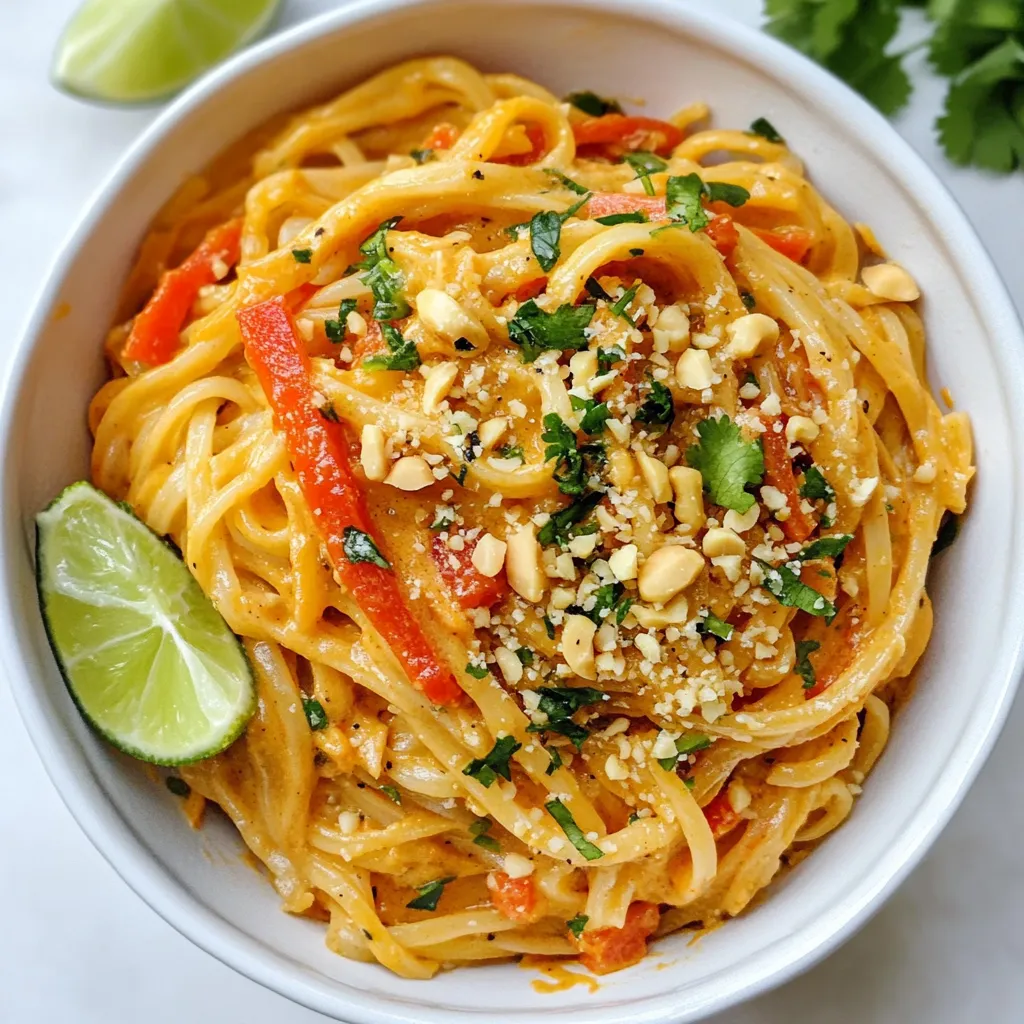 - 8 oz rice noodles - 1 cup peanut butter (creamy) - 2 tablespoons soy sauce - 2 tablespoons sesame oil - 1 tablespoon honey or maple syrup - 1 tablespoon lime juice - 1-2 teaspoons sriracha (adjust to taste) - 1 cup cooked chicken or tofu, shredded - 1 carrot, julienned - 1 red bell pepper, sliced thin - 3 green onions, sliced - 1/4 cup chopped fresh cilantro - Crushed peanuts for garnish - Lime wedges for serving This dish starts with rice noodles. They provide a nice base. You can find them at many stores. They cook quickly and soak up flavor well. Next is peanut butter. Use creamy peanut butter for a smooth sauce. This gives a rich taste and a nice texture. The sauce has soy sauce and sesame oil. Both add depth and umami. Honey or maple syrup adds sweetness. Lime juice gives a fresh kick. Sriracha brings the heat. You can adjust the spice to your liking. For protein, use cooked chicken or tofu. Both work well and add heartiness. Add fresh veggies for crunch and color. Julienne the carrot for thin strips. Slice the red bell pepper for brightness. Green onions add a mild onion taste. Finally, top with chopped cilantro and crushed peanuts. They add freshness and texture. Serve with lime wedges for extra zing. This mix of ingredients creates a tasty and quick meal. {{ingredient_image_1}} Start by cooking 8 oz of rice noodles. Follow the package instructions for the best results. Typically, this takes about 4 to 6 minutes. You want them tender but not mushy. After cooking, drain the noodles. Rinse them under cold water. This stops the cooking process and keeps them from sticking. If you have leftovers, store them in a sealed container in the fridge. Add a little oil to prevent sticking. In a mixing bowl, combine 1 cup of creamy peanut butter, 2 tablespoons of soy sauce, and 2 tablespoons of sesame oil. Add 1 tablespoon of honey or maple syrup for sweetness. Squeeze in 1 tablespoon of lime juice for acidity. Now, add 1 to 2 teaspoons of sriracha. Mix everything until it’s smooth. Adjust the sriracha to your taste. If you like it spicier, add more. This sauce will give your noodles a rich flavor. In a large bowl, combine the cooked noodles with 1 cup of shredded chicken or tofu. Add in 1 julienned carrot and 1 thinly sliced red bell pepper. Pour the peanut sauce over the noodle mixture. Toss gently to coat everything evenly. Make sure all the noodles are covered in sauce. Then, fold in 3 sliced green onions and 1/4 cup of chopped cilantro. This adds freshness and color to your dish. Serve right away, topped with crushed peanuts and lime wedges. Enjoy! To get the best taste, choose high-quality ingredients. Use fresh rice noodles for a better texture. Creamy peanut butter gives a richer flavor. Look for natural peanut butter with no added sugar. Fresh lime juice adds brightness. Balancing flavors is key. You want salty, sweet, sour, and spicy notes. Start with a base of peanut butter and soy sauce. Add honey or maple syrup for sweetness. Adjust sriracha for heat to suit your taste. One common mistake is overcooking the noodles. Cook them just until tender. Rinse them under cold water to stop cooking. This keeps them firm and prevents clumping. Another mistake is skipping garnishes. Garnishes like crushed peanuts and cilantro enhance taste. They also add color and texture to your dish. Presentation matters! Serve your noodles in a large bowl. Top with crushed peanuts and fresh lime wedges. This adds a pop of color and flavor. Pair your noodles with fresh spring rolls or a light salad. These sides balance the richness of the peanut sauce. You can also serve a cold drink like Thai iced tea for extra refreshment. Pro Tips Cook Noodles Al Dente: Ensure you cook the rice noodles just until al dente for the perfect texture. They will continue to soften when mixed with the warm sauce. Customize Your Protein: Feel free to substitute the chicken with shrimp, tempeh, or even chickpeas for a vegetarian option. Adjust the cooking time accordingly. Spice It Up: If you love heat, try adding a pinch of red pepper flakes or a dash of chili oil to the peanut sauce for an extra kick. Fresh Herbs Matter: Always use fresh cilantro and green onions for garnish. They add a burst of flavor and brightness that elevates the dish. {{image_2}} You can easily make this dish vegetarian or vegan. Simply swap the chicken for tofu. Use firm tofu for the best texture. Press it to remove extra water before cooking. You can also use tempeh or seitan for a meat-like bite. For a dairy-free version, ensure your peanut butter does not contain added dairy. Most brands offer great options. You can also replace honey with maple syrup to keep it vegan. If you want more protein, add seafood or alternative meats. Shrimp or cooked crab works well in this dish. Just sauté them before mixing with the noodles. You can also use shredded beef or pork. These add a wonderful flavor. Cook them before tossing with the noodles and sauce to ensure they blend well. Feel free to get creative with the sauce. You can add coconut milk for creaminess. This change gives the sauce a rich taste. Want more heat? Add extra sriracha or chili flakes. If you prefer sweet, mix in more honey or maple syrup. Lime zest can add a fresh twist. Experiment with different ingredients to make it your own! To keep your Spicy Thai Peanut Noodles fresh, use airtight containers. Store leftovers in the fridge right away. This method helps maintain flavor and texture. They stay good for about three to four days. If you want to prolong freshness, add veggies just before serving. This keeps them crunchy and bright. You can also store the peanut sauce separately. Mix it with noodles when ready to eat. When reheating, avoid the microwave if you can. It can make the noodles mushy. Instead, use a skillet over low heat. Add a splash of water to help steam the noodles. Stir gently until warmed through. If you must use the microwave, do it in short bursts. Heat for 30 seconds, then stir. Check often to prevent overcooking. Always avoid reheating multiple times. This can ruin texture and taste. To make Spicy Thai Peanut Noodles, follow these steps: 1. Cook 8 oz of rice noodles as per the package instructions. Drain and rinse them with cold water to stop the cooking process. Set them aside. 2. In a bowl, mix 1 cup of creamy peanut butter, 2 tablespoons of soy sauce, 2 tablespoons of sesame oil, 1 tablespoon of honey or maple syrup, 1 tablespoon of lime juice, and 1-2 teaspoons of sriracha. Blend until the mixture is smooth. Adjust the sriracha to your taste. 3. In a large bowl, combine the cooked noodles, 1 cup of shredded cooked chicken or tofu, 1 julienned carrot, and 1 thinly sliced red bell pepper. 4. Pour the peanut sauce over the noodle mixture. Toss gently to coat everything evenly. 5. Fold in 3 sliced green onions and 1/4 cup of chopped fresh cilantro. 6. Serve the dish right away, garnished with crushed peanuts and lime wedges. Yes, you can make this dish gluten-free. Here are some tips: - Use gluten-free rice noodles instead of regular ones. - Replace soy sauce with tamari, which is gluten-free. - Ensure that the honey or maple syrup is pure and free from additives. If you're allergic to peanuts or want a different flavor, here are some substitutes: - Almond butter works well and gives a nutty taste. - Sunflower seed butter is a great nut-free option. - Cashew butter adds creaminess with a lighter flavor. To store leftovers, follow these tips: - Place the leftovers in an airtight container. - Keep them in the fridge for up to 3 days. - If you need to store them longer, consider freezing for up to a month. Spicy Thai Peanut Noodles are flavorful and fun to make. Start with rice noodles, mixed with a tasty peanut sauce and fresh veggies. We covered steps for cooking, mixing, and serving. Remember to avoid mistakes like overcooking or skipping garnishes. You can make this dish vegetarian or vegan by switching proteins. Store leftovers properly to enjoy later. Now, you have all the tools to whip up this tasty dish. Enjoy each bite!