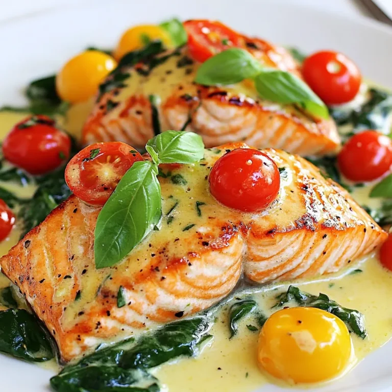 To make Creamy Tuscan Salmon, you will need the following ingredients: - 4 salmon fillets - 2 tablespoons olive oil - Salt and pepper, to taste - 4 garlic cloves, minced - 1 cup cherry tomatoes, halved - 1 cup fresh spinach - 1 cup heavy cream - 1/2 cup grated Parmesan cheese - 1 teaspoon dried Italian herbs (basil, oregano, thyme) - Fresh basil leaves for garnish Each ingredient plays a key role in creating a rich and flavorful dish. The salmon fillets are the star, providing a tender and flaky base. Olive oil adds a nice richness while helping to sear the salmon perfectly. Garlic brings an aromatic punch that blends well with the other flavors. The cherry tomatoes add a burst of sweetness, and fresh spinach not only adds color but also boosts nutrition. Heavy cream gives the sauce its creamy texture, while Parmesan cheese enriches the flavor with a salty and nutty note. Italian herbs bring warmth and depth to the dish, tying it all together. Finally, fresh basil leaves add a beautiful touch when you serve the meal. These ingredients create a delightful balance of flavors and textures, making your dinner enjoyable and satisfying. {{ingredient_image_1}} Start by seasoning the salmon fillets. Sprinkle salt and pepper on both sides. This basic seasoning enhances the fish's flavor. Next, heat olive oil in a large skillet over medium heat. Place the salmon skin-side down in the pan. Cook for 4-5 minutes until the skin turns crispy. Flip the salmon and cook for another 3-4 minutes. The flesh should be opaque and flake easily. Once done, remove the salmon and set it aside. Garlic is key in this dish. It adds a great aroma and flavor. Add minced garlic to the same skillet. Sauté it for about 30 seconds, just until it becomes fragrant. Be careful not to burn it. Next, toss in the halved cherry tomatoes. Cook them for about 3-4 minutes until they soften and blister. Then, add the fresh spinach. Stir it in and let it wilt for about 2 minutes. This mix adds color and nutrients to your meal. Now, let’s make the creamy sauce. Lower the heat and pour in the heavy cream. Stir it well to combine. Gradually whisk in the grated Parmesan cheese. This will help the sauce become rich and creamy. Stir until the cheese melts and the sauce thickens. Finally, mix in the dried Italian herbs. This blend adds depth and a hint of warmth to the sauce. It's time to bring everything together. Gently reintroduce the salmon fillets back into the skillet. Spoon the creamy sauce over the salmon. Let it simmer for 2-3 minutes. This helps the salmon soak up the flavors of the sauce. The result is a dish that’s full of taste and beautifully presented. Enjoy your delightful meal! To get the perfect texture for salmon, timing is key. Start by searing the salmon skin-side down for about 4-5 minutes. This gives you that crispy skin we all love. Then, flip it over and cook for another 3-4 minutes. Watch closely to avoid overcooking, as salmon can dry out easily. It should be opaque and flake gently with a fork when done. Boost the taste of your Creamy Tuscan Salmon with simple spices. Try adding a pinch of red pepper flakes for heat or a sprinkle of lemon zest for brightness. Fresh herbs like parsley or dill can also add layers of flavor. Feel free to mix in some artichoke hearts or sun-dried tomatoes for an extra flavor kick. Presenting your dish well makes a big difference. Serve the salmon on a large platter, drizzled with the creamy sauce. Top it with extra cherry tomatoes and fresh basil leaves. This adds a pop of color and makes the dish look inviting. You can also pair it with garlic bread or serve it over a bed of pasta for a complete meal. Pro Tips Perfectly Crispy Skin: To achieve a beautifully crispy skin on the salmon, make sure the skin is completely dry before seasoning. Pat it with a paper towel for best results. Customize the Creaminess: For a lighter sauce, substitute half of the heavy cream with chicken broth or white wine. This will still give you a rich flavor without being too heavy. Fresh Herbs Matter: Using fresh basil as a garnish not only adds color but also enhances the flavor profile. Consider adding fresh herbs like parsley or thyme for an extra layer of freshness. Leftovers Delight: If you have leftovers, store the salmon separately from the sauce to maintain its texture. Reheat gently in a skillet to keep the salmon moist. {{image_2}} You can switch salmon for chicken or shrimp in this dish. Chicken breast works well. Just cut it into thin pieces. Cook it the same way as salmon. Shrimp is another great option. Use large shrimp and cook them until they turn pink. Both proteins will soak up the creamy sauce, making a tasty meal. To make this recipe gluten-free, ensure your ingredients are free from gluten. Use a gluten-free pasta if you want to serve it over noodles. You can also use gluten-free flour to thicken the sauce if needed. For a vegan option, swap the salmon for firm tofu or chickpeas. Use coconut cream instead of heavy cream and nutritional yeast instead of Parmesan cheese. This way, you can enjoy a plant-based version without losing flavor. You can change the sauce flavor by adding different herbs or spices. Try adding lemon juice for brightness or chili flakes for a kick. If you like a bit of tang, add capers or olives. Adding different vegetables can also enhance the dish. Consider bell peppers, zucchini, or artichokes. These veggies will bring new textures and flavors to your creamy sauce. Mix and match to find your favorite combination! To keep your leftover creamy Tuscan salmon fresh, store it in an airtight container. This will help prevent any unwanted odors from mixing with your meal. Always cool the dish to room temperature before sealing it. It lasts in the fridge for 2 to 3 days. If you want to freeze creamy Tuscan salmon, place it in a freezer-safe container. Make sure to leave some space for expansion. This dish can be frozen for up to 3 months. To reheat, thaw it overnight in the fridge. When you are ready to enjoy it again, gently warm it on the stove over low heat. Stir occasionally to keep the sauce creamy and prevent it from separating. You can also add a splash of cream if it seems too thick. Enjoy your meal just like the first time! You can pair Creamy Tuscan Salmon with several tasty side dishes. Here are some great ideas: - Garlic bread for a crunchy, buttery bite. - Pasta tossed in olive oil and herbs for a simple side. - Roasted vegetables like asparagus or broccoli for freshness. - A light salad with mixed greens and a lemon vinaigrette. These sides will add more color and flavor to your meal. Yes, you can prep this recipe in advance. Here are some tips: - Season the salmon and store it in the fridge until you are ready to cook. - Prepare the creamy sauce and store it in an airtight container. - You can also chop garlic and halve the cherry tomatoes ahead of time. When you are ready, just cook the salmon and combine it with the sauce. It saves time and is still delicious. To check if salmon is done, look for these signs: - The flesh should change from bright pink to a pale color. - It should flake easily with a fork. - The internal temperature should reach 145°F (63°C). These tips will help you cook salmon perfectly every time. This recipe guides you to create a delicious creamy Tuscan salmon. We covered ingredients, cooking steps, and tips to enhance flavor and texture. You can also explore variations, including alternative proteins and dietary options. Always store leftovers properly to keep them fresh. Remember the signs of doneness to ensure perfect salmon. Enjoy creating this dish and impressing your family with great taste!