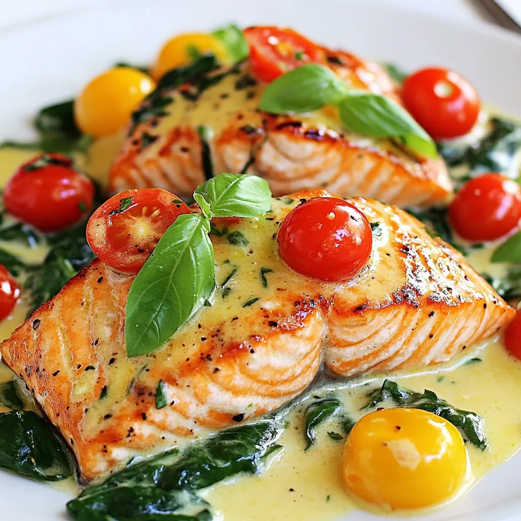 To make Creamy Tuscan Salmon, you will need the following ingredients: - 4 salmon fillets - 2 tablespoons olive oil - Salt and pepper, to taste - 4 garlic cloves, minced - 1 cup cherry tomatoes, halved - 1 cup fresh spinach - 1 cup heavy cream - 1/2 cup grated Parmesan cheese - 1 teaspoon dried Italian herbs (basil, oregano, thyme) - Fresh basil leaves for garnish Each ingredient plays a key role in creating a rich and flavorful dish. The salmon fillets are the star, providing a tender and flaky base. Olive oil adds a nice richness while helping to sear the salmon perfectly. Garlic brings an aromatic punch that blends well with the other flavors. The cherry tomatoes add a burst of sweetness, and fresh spinach not only adds color but also boosts nutrition. Heavy cream gives the sauce its creamy texture, while Parmesan cheese enriches the flavor with a salty and nutty note. Italian herbs bring warmth and depth to the dish, tying it all together. Finally, fresh basil leaves add a beautiful touch when you serve the meal. These ingredients create a delightful balance of flavors and textures, making your dinner enjoyable and satisfying. {{ingredient_image_1}} Start by seasoning the salmon fillets. Sprinkle salt and pepper on both sides. This basic seasoning enhances the fish's flavor. Next, heat olive oil in a large skillet over medium heat. Place the salmon skin-side down in the pan. Cook for 4-5 minutes until the skin turns crispy. Flip the salmon and cook for another 3-4 minutes. The flesh should be opaque and flake easily. Once done, remove the salmon and set it aside. Garlic is key in this dish. It adds a great aroma and flavor. Add minced garlic to the same skillet. Sauté it for about 30 seconds, just until it becomes fragrant. Be careful not to burn it. Next, toss in the halved cherry tomatoes. Cook them for about 3-4 minutes until they soften and blister. Then, add the fresh spinach. Stir it in and let it wilt for about 2 minutes. This mix adds color and nutrients to your meal. Now, let’s make the creamy sauce. Lower the heat and pour in the heavy cream. Stir it well to combine. Gradually whisk in the grated Parmesan cheese. This will help the sauce become rich and creamy. Stir until the cheese melts and the sauce thickens. Finally, mix in the dried Italian herbs. This blend adds depth and a hint of warmth to the sauce. It's time to bring everything together. Gently reintroduce the salmon fillets back into the skillet. Spoon the creamy sauce over the salmon. Let it simmer for 2-3 minutes. This helps the salmon soak up the flavors of the sauce. The result is a dish that’s full of taste and beautifully presented. Enjoy your delightful meal! To get the perfect texture for salmon, timing is key. Start by searing the salmon skin-side down for about 4-5 minutes. This gives you that crispy skin we all love. Then, flip it over and cook for another 3-4 minutes. Watch closely to avoid overcooking, as salmon can dry out easily. It should be opaque and flake gently with a fork when done. Boost the taste of your Creamy Tuscan Salmon with simple spices. Try adding a pinch of red pepper flakes for heat or a sprinkle of lemon zest for brightness. Fresh herbs like parsley or dill can also add layers of flavor. Feel free to mix in some artichoke hearts or sun-dried tomatoes for an extra flavor kick. Presenting your dish well makes a big difference. Serve the salmon on a large platter, drizzled with the creamy sauce. Top it with extra cherry tomatoes and fresh basil leaves. This adds a pop of color and makes the dish look inviting. You can also pair it with garlic bread or serve it over a bed of pasta for a complete meal. Pro Tips Perfectly Crispy Skin: To achieve a beautifully crispy skin on the salmon, make sure the skin is completely dry before seasoning. Pat it with a paper towel for best results. Customize the Creaminess: For a lighter sauce, substitute half of the heavy cream with chicken broth or white wine. This will still give you a rich flavor without being too heavy. Fresh Herbs Matter: Using fresh basil as a garnish not only adds color but also enhances the flavor profile. Consider adding fresh herbs like parsley or thyme for an extra layer of freshness. Leftovers Delight: If you have leftovers, store the salmon separately from the sauce to maintain its texture. Reheat gently in a skillet to keep the salmon moist. {{image_2}} You can switch salmon for chicken or shrimp in this dish. Chicken breast works well. Just cut it into thin pieces. Cook it the same way as salmon. Shrimp is another great option. Use large shrimp and cook them until they turn pink. Both proteins will soak up the creamy sauce, making a tasty meal. To make this recipe gluten-free, ensure your ingredients are free from gluten. Use a gluten-free pasta if you want to serve it over noodles. You can also use gluten-free flour to thicken the sauce if needed. For a vegan option, swap the salmon for firm tofu or chickpeas. Use coconut cream instead of heavy cream and nutritional yeast instead of Parmesan cheese. This way, you can enjoy a plant-based version without losing flavor. You can change the sauce flavor by adding different herbs or spices. Try adding lemon juice for brightness or chili flakes for a kick. If you like a bit of tang, add capers or olives. Adding different vegetables can also enhance the dish. Consider bell peppers, zucchini, or artichokes. These veggies will bring new textures and flavors to your creamy sauce. Mix and match to find your favorite combination! To keep your leftover creamy Tuscan salmon fresh, store it in an airtight container. This will help prevent any unwanted odors from mixing with your meal. Always cool the dish to room temperature before sealing it. It lasts in the fridge for 2 to 3 days. If you want to freeze creamy Tuscan salmon, place it in a freezer-safe container. Make sure to leave some space for expansion. This dish can be frozen for up to 3 months. To reheat, thaw it overnight in the fridge. When you are ready to enjoy it again, gently warm it on the stove over low heat. Stir occasionally to keep the sauce creamy and prevent it from separating. You can also add a splash of cream if it seems too thick. Enjoy your meal just like the first time! You can pair Creamy Tuscan Salmon with several tasty side dishes. Here are some great ideas: - Garlic bread for a crunchy, buttery bite. - Pasta tossed in olive oil and herbs for a simple side. - Roasted vegetables like asparagus or broccoli for freshness. - A light salad with mixed greens and a lemon vinaigrette. These sides will add more color and flavor to your meal. Yes, you can prep this recipe in advance. Here are some tips: - Season the salmon and store it in the fridge until you are ready to cook. - Prepare the creamy sauce and store it in an airtight container. - You can also chop garlic and halve the cherry tomatoes ahead of time. When you are ready, just cook the salmon and combine it with the sauce. It saves time and is still delicious. To check if salmon is done, look for these signs: - The flesh should change from bright pink to a pale color. - It should flake easily with a fork. - The internal temperature should reach 145°F (63°C). These tips will help you cook salmon perfectly every time. This recipe guides you to create a delicious creamy Tuscan salmon. We covered ingredients, cooking steps, and tips to enhance flavor and texture. You can also explore variations, including alternative proteins and dietary options. Always store leftovers properly to keep them fresh. Remember the signs of doneness to ensure perfect salmon. Enjoy creating this dish and impressing your family with great taste!