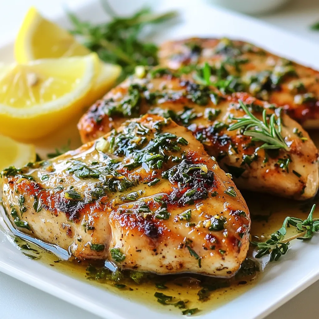 - 4 boneless, skinless chicken breasts - 5 cloves garlic, minced - 2 tablespoons fresh rosemary, finely chopped - 2 tablespoons fresh thyme, finely chopped - 1 tablespoon fresh parsley, chopped - 1 teaspoon lemon zest - 1/4 cup olive oil - Salt and pepper to taste - Optional: lemon wedges for serving {{ingredient_image_1}} First, gather your ingredients. You need 5 cloves of minced garlic, 2 tablespoons of fresh rosemary, 2 tablespoons of fresh thyme, and 1 tablespoon of fresh parsley. Also, grab 1 teaspoon of lemon zest, 1/4 cup of olive oil, salt, and pepper. In a small bowl, mix all these ingredients well. This mixture becomes the herb marinade. It infuses the chicken with great flavor. Next, take the 4 boneless, skinless chicken breasts. Place them in a resealable plastic bag or a shallow dish. Pour the prepared marinade over the chicken. Make sure each piece is coated well. Seal the bag or cover the dish tightly. Now, place it in the fridge. Let the chicken marinate for at least 30 minutes. If you have time, marinate for up to 4 hours. This gives the flavors more time to soak in. When you're ready to cook, preheat your oven to 400°F (200°C). After marinating, take the chicken out of the fridge. Heat a large oven-safe skillet on medium-high heat. Add a splash of olive oil. Sear the chicken breasts for about 3-4 minutes on each side. Look for a nice golden brown color. Then, transfer the skillet to the preheated oven. Bake for 15-20 minutes. Check that the chicken's internal temperature reaches 165°F (75°C). Finally, let the chicken rest for 5 minutes before slicing. This helps keep it juicy. To make the best garlic herb chicken, focus on the marinade. Marinate the chicken for at least 30 minutes. For a deeper flavor, marinate for up to 4 hours. This gives the herbs time to soak into the meat. You can also change the herbs to match your taste. Try using basil or oregano for a different twist. You can sear or bake the chicken. Searing gives a nice brown color and flavor. Start by heating olive oil in a skillet. Sear the chicken for 3-4 minutes on each side. Then, bake it in the oven at 400°F (200°C) for 15-20 minutes. To check if the chicken is done, use a meat thermometer. It should read 165°F (75°C) inside. Serve garlic herb chicken with great side dishes. Roasted vegetables or a fresh salad work well. You can also pair it with rice or pasta. To make it look nice, garnish with fresh herbs and lemon wedges. This adds color and flavor to your plate. Pro Tips Marinating Time: For the best flavor, marinate the chicken for at least 1 hour, but up to 4 hours is ideal to allow the herbs to penetrate the meat. Perfect Searing: Make sure your skillet is hot enough before adding the chicken to achieve a golden-brown crust, which adds flavor and texture. Resting Time: Allow the chicken to rest for 5 minutes after baking; this helps the juices redistribute, making it juicier and more tender when sliced. Serving Suggestions: Pair the garlic herb chicken with seasonal vegetables or a fresh salad for a balanced meal. Lemon wedges add a refreshing zing! {{image_2}} You can switch chicken for turkey or tofu. Turkey has a similar taste and works well with the marinade. Tofu is a great option for a plant-based meal. Just press the tofu to remove extra water. This helps it absorb the flavors better. You can change the herbs and spices to mix it up. Try using basil or oregano for a fresh twist. You can also add chili flakes if you want some heat. This can make the dish more exciting and flavorful. There are several ways to cook this dish. You can grill the chicken for a smoky flavor. Slow cooking is another method that makes the chicken tender. You can also use the stovetop for a quick meal. Each method brings a unique taste to the dish. Enjoy experimenting to find your favorite way! To store leftovers, place them in an airtight container. Make sure to let the chicken cool first. Keep it in the fridge for up to 3 days. If you want to save it longer, freezing is a great option. Wrap the chicken tightly in plastic wrap, then put it in a freezer bag. This helps avoid freezer burn. You can freeze cooked garlic herb chicken for up to 3 months. When reheating, the goal is to keep the chicken moist. You can use the microwave or oven. For the microwave, place the chicken on a plate. Cover it with a damp paper towel. Heat it in short bursts, checking often. For the oven, preheat it to 350°F (175°C). Place the chicken in a baking dish and cover it with foil. Heat for about 15-20 minutes, or until warm. In the fridge, cooked garlic herb chicken lasts about 3 days. If you freeze it, it can stay good for 3 months. Always check for signs of spoilage before eating. If it smells off or has changed color, it’s best to throw it out. I recommend marinating garlic herb chicken for at least 30 minutes. This time allows the chicken to soak in the flavors. If you have more time, let it marinate for up to 4 hours. The longer you marinate, the more flavor you’ll get. Just keep it in the fridge while it soaks. The internal temperature for cooked chicken should reach 165°F (75°C). Using a meat thermometer is key to ensure it's safe to eat. Insert it into the thickest part of the chicken to check. This step helps you avoid undercooked chicken, which can be harmful. Yes, you can easily adjust the recipe for fewer servings. Simply divide the ingredients by the number of servings you need. For example, if you want to make enough for two people, use two chicken breasts and halve the marinade amounts. This way, you maintain the flavor while making just the right amount for your meal. This blog post gives you all you need to make garlic herb chicken. We covered the ingredients, the best ways to marinate, and cooking tips. You learned how to add your touch with herbs and spices. I shared storage tips to keep your chicken fresh and tasty. Remember, don’t rush the marinating process; it makes a big difference. Enjoy creating this dish for your meals! With practice, you'll impress everyone with your skills and flavors.