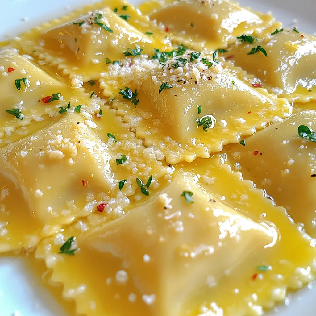 - Fresh or frozen ravioli (any filling) - Unsalted butter - Minced garlic - Fresh thyme or dried thyme - Red pepper flakes (optional) - Salt and pepper - Grated Parmesan cheese - Fresh parsley To make Minute Garlic Butter Ravioli, gather your ingredients first. This dish shines with simple, fresh items. Start with ravioli. You can use fresh or frozen, and any filling works well. I often choose cheese or spinach ravioli for a rich taste. Next, grab unsalted butter. This adds creaminess and depth to your sauce. Now, for flavor, you need minced garlic. Fresh garlic gives a strong, tasty kick. Thyme adds an earthy tone. Use fresh thyme if you have it. Dried thyme works too, just use less. If you like some heat, add red pepper flakes. This is optional but fun for spice lovers. For seasoning, keep salt and pepper handy. These will help balance the dish. Don't forget the finishing touches! Grated Parmesan cheese makes everything better. Finally, fresh parsley brightens your plate. It adds color and freshness. With these ingredients, you’ll create a dish that's quick and full of flavor. To start, you need to prepare boiling salted water. Fill a large pot with water and bring it to a boil. Add a good amount of salt once it bubbles. This salt helps flavor the ravioli. Next, cook the ravioli based on what you choose. If you use fresh ravioli, it takes about 2-3 minutes to cook. For frozen ravioli, it takes around 4-5 minutes. Keep an eye on them. They float to the top when they are ready. While the ravioli cooks, let’s make the garlic butter sauce. Melt 4 tablespoons of unsalted butter in a large skillet over medium heat. When the butter is melted, add 4 cloves of minced garlic. Sauté the garlic for about 1-2 minutes. Watch closely so it doesn't burn. You want it to smell great! After that, stir in 1 teaspoon of fresh thyme and, if you like spice, add 1 teaspoon of red pepper flakes. Cook this mix for another 30 seconds. This step makes the sauce even more flavorful. Now, it’s time to bring it all together. Use a slotted spoon to transfer the ravioli from the boiling water to the skillet with the garlic butter. Gently toss the ravioli in the sauce to coat them well. Season with salt and pepper to taste. Once you do this, your dish is almost ready! Finally, remove the skillet from heat. Transfer the ravioli to serving plates. Top with grated Parmesan cheese and chopped fresh parsley for a lovely finish. Enjoy! Choosing the right type of ravioli Pick fresh or frozen ravioli. Fresh ravioli cooks fast, usually in 2-3 minutes. Frozen ravioli takes a bit more time, around 4-5 minutes. Choose a filling you love, like cheese or meat. Checking for doneness Look for soft and plump ravioli. They should float to the top when cooked. You can taste one to be sure. If it’s tender, it’s ready! Alternative herbs and spices You can mix things up! Try basil or oregano instead of thyme. For a kick, add more red pepper flakes. These swaps add fresh notes to your dish. Adding extra ingredients for flavor Consider adding vegetables like spinach or cherry tomatoes. They add color and taste. You can also toss in some cooked shrimp or chicken for protein. These extras make the meal even better. Pairing with side dishes or salads Serve your ravioli with a light salad. A simple green salad with olive oil and lemon works great. You can also serve garlic bread on the side for extra flavor. Presentation ideas Make it look fancy! Place the ravioli in a swirl on the plate. Top with grated Parmesan and fresh parsley for a pop of color. A drizzle of olive oil adds shine. Your dish will impress anyone! {{image_2}} You can choose different types of ravioli to fit your taste. For meat-filled options, consider: - Ground beef ravioli - Chicken and mushroom ravioli - Sausage ravioli These options add rich flavors to your dish. If you prefer a vegetarian twist, try: - Spinach and ricotta ravioli - Butternut squash ravioli - Wild mushroom ravioli These fillings bring a fresh and tasty touch. You can mix and match based on what you like. The garlic butter sauce works well, but you can switch it up. A creamy garlic butter sauce is an easy variation. Just add heavy cream to the garlic butter. This makes the dish richer and more decadent. You can also try adding pesto or marinara sauce. Pesto gives a vibrant, herby flavor. Marinara adds a classic tomato taste. Both options can change the dish's profile while keeping it simple. For those with dietary needs, there are great alternatives. You can find gluten-free ravioli at many stores. These options let everyone enjoy this dish. If you want vegan substitutes, use plant-based ravioli. Replace the butter with olive oil or vegan butter. Skip the cheese or use a vegan cheese option. These swaps help you enjoy the flavors without dairy or gluten. To keep your leftover ravioli fresh, store it in a sealed container. You can use glass or plastic. Make sure to add a bit of the garlic butter sauce to keep it moist. This helps the ravioli not stick together. Store it in the fridge for up to three days. If you want to use the microwave, place the ravioli in a bowl. Add a splash of water or sauce to keep it from drying out. Cover it loosely with a lid or microwave-safe wrap. Heat for one minute, then stir and heat for another minute if needed. For the skillet method, melt a little butter in a pan over low heat. Add the leftover ravioli and a splash of water or broth. Cover the pan and heat for about five minutes, stirring gently. This method keeps the ravioli creamy and flavorful. To freeze cooked ravioli, lay them flat on a baking sheet. Freeze them for about two hours until solid. Then, transfer to a freezer bag. For uncooked ravioli, place them on a baking sheet in the freezer. Once they are firm, store them in a bag too. When you’re ready to use frozen ravioli, cook them straight from the freezer. Do not thaw them first. Boil them for about five extra minutes compared to fresh ones. This way, you’ll have a quick meal ready in no time! It takes about 15 minutes to make this dish. Here’s the breakdown: - Prep Time: 5 minutes - Cook Time: 10 minutes - Fresh ravioli cooks in 2-3 minutes. - Frozen ravioli takes around 4-5 minutes. You can easily whip this up for a quick meal. You can use any type of ravioli for this dish. Here are some tasty options: - Cheese ravioli - Spinach and ricotta - Mushroom or truffle - Meat-filled ravioli like beef or chicken Choose your favorite filling to match your mood. Yes, you can prepare this dish ahead of time. Here are some tips: - Cook the ravioli but do not mix with the sauce. - Store cooked ravioli in an airtight container. - Reheat the ravioli in hot water or a skillet later. - Make the garlic butter sauce when ready to serve for the best flavor. This way, you save time and still enjoy a fresh dish. You now have a clear guide to making delicious garlic butter ravioli. We covered the ingredients, step-by-step cooking methods, and expert tips. You can enhance the flavors with different herbs and fillings, and I shared storage and reheating advice. With these tools, you can create a fantastic meal anytime. Enjoy experimenting with variations to find your perfect dish. Happy cooking!