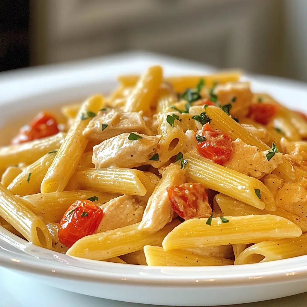 - 2 cups penne pasta - 1 lb chicken breast, diced - 1 small onion, finely chopped - 3 cloves garlic, minced - 1 can (15 oz) crushed tomatoes - 1 cup heavy cream The heart of Chicken Penne Alla Vodka lies in its core ingredients. The penne pasta serves as a perfect vessel for the rich sauce. The diced chicken breast adds protein and a satisfying bite. Aromatics like onion and garlic bring depth to the dish. The crushed tomatoes create a robust base, while heavy cream adds that luxurious, creamy texture. - 1 teaspoon dried basil - 1 teaspoon dried oregano - ½ teaspoon crushed red pepper flakes - Salt and pepper to taste Seasonings elevate your dish. Dried basil and oregano provide a classic Italian flavor. Crushed red pepper flakes add heat, which you can adjust to your liking. Salt and pepper round out the taste, ensuring every bite is balanced. - Fresh parsley, chopped - Grated Parmesan cheese A sprinkle of fresh parsley brightens your dish. It adds color and freshness. Grated Parmesan cheese enriches the flavor, making each serving even more delightful. Together, these garnishes make your Chicken Penne Alla Vodka look as good as it tastes. {{ingredient_image_1}} - Boiling Process Fill a large pot with water and add salt. Bring the water to a boil. Add 2 cups of penne pasta to the boiling water. Cook it according to the package instructions until it is al dente. This usually takes about 10-12 minutes. Stir occasionally to keep the pasta from sticking. - Draining and Setting Aside Once the pasta is cooked, carefully drain it in a colander. Make sure to shake off any excess water. Set the pasta aside while you prepare the chicken and sauce. - Heating the Olive Oil In a large skillet, pour 2 tablespoons of olive oil. Heat it over medium heat until it shimmers. This means it's ready for cooking. - Sautéing the Chicken Add 1 pound of diced chicken breast to the hot oil. Season it with salt and pepper. Sauté the chicken for about 5-7 minutes. Cook it until the pieces are golden brown and fully cooked. Make sure to stir occasionally for even cooking. Remove the chicken from the skillet and set it aside. - Sautéing Onion and Garlic In the same skillet, add 1 small onion, finely chopped. Cook it for 2-3 minutes until it softens. Then, add 3 cloves of minced garlic. Stir for about 1 minute to avoid burning. - Adding Crushed Tomatoes and Cream Pour in 1 can (15 oz) of crushed tomatoes. Then, add 1 cup of heavy cream. Stir well to combine all ingredients. Let the sauce simmer for about 5 minutes. This helps the sauce thicken slightly. - Incorporating Seasonings Add 1 teaspoon of dried basil and 1 teaspoon of dried oregano. For some heat, add ½ teaspoon of crushed red pepper flakes. Stir everything together. Taste and adjust the salt and pepper as needed. This is where the flavors really come alive! To make a thick sauce, use the right amount of heavy cream. Start with one cup. You can simmer it longer to get a thicker texture. If it's still thin, add a little grated cheese to help. Balancing flavors is key. Start with salt and pepper. Add dried herbs like basil and oregano. Adjust crushed red pepper flakes for heat. Always taste the sauce before serving. To keep chicken juicy, do not overcook it. Sauté it for about 5-7 minutes. Look for a golden brown color. This shows it's cooked well. Use safe cooking techniques. Make sure the chicken reaches an internal temperature of 165°F. Always wash your hands after handling raw chicken to avoid germs. Avoid overcooking the pasta. Cook it until it's al dente, or firm to the bite. This usually takes about 8-10 minutes. To check if it's ready, taste a piece. If it has a slight bite, it's perfect. Drain it quickly and toss it with a bit of olive oil to prevent sticking. Pro Tips Perfect Pasta: Always cook your penne pasta al dente to ensure it retains a slight bite, which enhances the overall texture of the dish. Flavor Boost: For an extra depth of flavor, consider marinating the chicken in olive oil, garlic, and herbs for 30 minutes before cooking. Creamy Consistency: If you prefer a thicker sauce, let it simmer a bit longer before adding the pasta. This helps concentrate the flavors. Garnish Wisely: Fresh parsley and grated Parmesan not only enhance the presentation but also add a burst of freshness and richness to your dish. {{image_2}} For a tasty vegetarian option, you can substitute the chicken with diced mushrooms or chickpeas. Both of these options add great texture and flavor. If you choose mushrooms, sauté them until they are golden. For chickpeas, you can use canned ones; just rinse and drain them before adding. To keep the creamy sauce rich, use vegetable broth instead of chicken broth. You may want to add a bit more cream to maintain the same texture. Adding some fresh spinach or kale will also boost nutrition and flavor. To turn up the heat, increase the crushed red pepper flakes to one teaspoon or more. You can also add chopped jalapeños or a splash of hot sauce for extra kick. Both options bring great flavor and a nice heat level to your dish. If you want a smoky flavor, consider adding some smoked paprika. This spice pairs well with tomato and cream, enhancing the dish's depth. Adding veggies is a great way to make this dish even more nutritious. You can use seasonal vegetables like zucchini, bell peppers, or asparagus. Just chop them into bite-sized pieces. Sauté these veggies with the onion and garlic to soften them before adding the sauce. This way, they absorb all the yummy flavors. You can also roast the vegetables for a deeper flavor before mixing them into the dish. - Recommended Containers: Use airtight containers to keep the dish fresh. Glass or plastic containers work well. - How Long to Refrigerate: Store in the fridge for up to three days for the best taste. - Best Practices for Freezing: Let the dish cool before freezing. Divide it into portions for easy thawing. Use freezer-safe bags or containers. - Reheating Instructions: Thaw overnight in the fridge. Reheat in a pot over low heat, adding a splash of cream if needed. Stir often to keep it creamy. - Creative Uses for Leftovers: Use leftovers in a baked casserole. Mix with fresh veggies or add to a soup for extra flavor. - Reheating Tips: Reheat on the stove or microwave. Add a bit of water or cream to keep it moist. You can use half-and-half or whole milk for a lighter version. They will make the sauce less rich but still creamy. For a dairy-free option, try coconut milk. It adds a hint of sweetness. Silken tofu blended until smooth can also work. If you prefer a nutty flavor, use cashew cream. Adjust your seasonings to ensure the dish stays balanced and tasty. This recipe has a mild heat from the crushed red pepper flakes. You can adjust the spice level by adding more or less. If you want more heat, add extra flakes or even sliced jalapeños. If you prefer it milder, reduce the pepper flakes or leave them out altogether. Always taste your sauce as you go to find the perfect balance for your palate. Yes, you can use whole wheat penne pasta. It adds fiber and nutrients, making the dish healthier. Whole wheat pasta has a nuttier flavor and firmer texture. Cook it a bit longer than regular penne to get it just right. Keep in mind that the sauce may stick more, so be sure to toss it well with the sauce. Enjoy the added health benefits without losing the delicious taste! This blog post guides you through making Chicken Penne Alla Vodka. We covered key ingredients, including penne pasta, chicken, and tasty spices. I shared step-by-step cooking instructions and helpful tips to perfect the creamy sauce. You learned about variations for vegetarians and spice lovers. Plus, I provided storage tips and helpful FAQs. Try this dish at home for a delicious meal. With practice, you’ll master it. Enjoy the process and share it with friends and family!
