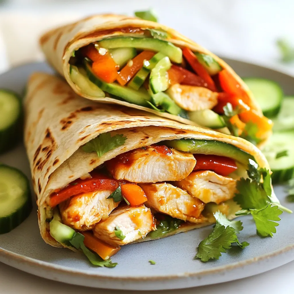 - 2 chicken breasts, grilled and sliced - 1 large red bell pepper, sliced - 1 cup shredded carrots - 1 cucumber, julienned - 4 large tortillas (whole wheat or regular) - ½ cup sweet chili sauce - ¼ cup fresh cilantro, chopped - 1 tablespoon sesame oil - Salt and pepper to taste - Optional: ½ cup avocado slices For these Sweet Chili Chicken Wraps, you'll need some simple yet fresh ingredients. Start with the chicken breasts. They add protein and flavor. Next, grab a large red bell pepper. Its sweetness adds a nice crunch. You also need shredded carrots for color and texture. A cucumber adds a refreshing taste. Tortillas serve as the wrap base. You can choose whole wheat or regular ones. Sweet chili sauce brings everything together with a sweet and spicy kick. Fresh cilantro adds a pop of flavor. Sesame oil helps sauté the veggies nicely. Don’t forget salt and pepper to make everything taste better. If you want a creamy touch, add avocado slices. They blend well with the sweet chili sauce. This mix of ingredients creates a tasty meal that is quick to make. {{ingredient_image_1}} Sautéing Red Bell Pepper and Carrots Start by heating sesame oil in a pan over medium heat. Once hot, add the sliced red bell pepper and shredded carrots. Stir them for about 3 to 4 minutes. You want them to be slightly soft but still crunchy. Seasoning Tips Season the veggies with salt and pepper to taste. This small step enhances their flavor. Once done, remove the pan from the heat and set the vegetables aside. Mixing with Sweet Chili Sauce Take your grilled chicken breasts and slice them into bite-sized pieces. In a large bowl, mix these slices with sweet chili sauce. Ensure that every piece is well coated. The sauce adds a nice sweet and spicy kick to the chicken. Layering Ingredients Grab a tortilla and lay it flat on a clean surface. Place a generous portion of the sweet chili chicken in the center. Add the sautéed vegetables, julienned cucumber, and fresh cilantro on top. If you’re using avocado slices, add them now for creaminess. Folding Technique To fold the wrap, start by bringing in the sides of the tortilla. Then, roll it up from the bottom tightly. Make sure all the fillings are secure inside. Repeat this with the rest of the tortillas until you have all your wraps ready. How to Toast Wraps for Extra Flavor For added warmth and a crispy texture, toast the wraps briefly. Heat a pan or a sandwich press over medium heat. Place each wrap in the pan and cook until golden brown on all sides. This step is optional but gives the wraps a great flavor boost. Grilling chicken gives it a great smoky taste. You can soak the chicken in a marinade for extra flavor. Bake the chicken if you prefer less mess. Baking keeps it juicy and gives nice browning. - Grilling: Use medium heat. Cook for about 6-7 minutes per side. Check that it reaches 165°F to be safe. - Baking: Preheat the oven to 375°F. Bake for 25-30 minutes. Use a meat thermometer to check doneness. You can spice up your wraps in many ways. Try adding some crushed red pepper for heat. A sprinkle of garlic powder or onion powder adds depth. Fresh herbs like basil or mint can make it taste fresh. - Extra Ingredients: - Chopped jalapeños for heat. - Sesame seeds for crunch. - A squeeze of lime juice for tang. To keep your wraps fresh, store them in an airtight container. Wrap them in plastic wrap for added protection. They will last about 2-3 days in the fridge. - Reheating: - Use a microwave for quick heating. - For crispiness, heat in a pan for a few minutes. - Avoid sogginess by reheating them uncovered. Pro Tips Grill for Flavor: Grilling the chicken not only adds a smoky flavor but also helps to keep it juicy. For an extra kick, marinate the chicken in sweet chili sauce before grilling. Fresh Veggies: Use fresh and crisp vegetables to enhance the texture and flavor of your wraps. You can also experiment with other veggies like shredded cabbage or radishes for added crunch. Wrap It Right: To prevent the filling from spilling out, make sure to fold the sides of the tortilla tightly before rolling it up. This helps keep all your delicious ingredients secure. Customize Your Sauce: If you like it spicy, add a few drops of sriracha or chili flakes to the sweet chili sauce. For a tangy twist, mix in some lime juice or zest. {{image_2}} You can easily swap chicken for tofu or shrimp. Tofu gives a nice texture and works well with sweet chili sauce. Press and cube the tofu, then fry it until golden. Toss it in the sauce just like the chicken. For shrimp, use peeled and deveined shrimp. Cook them in the pan until they turn pink. Both options add a tasty twist. If you want to skip chicken, load up on veggies! Use bell peppers, carrots, cucumbers, and even spinach. Grate zucchini or add roasted sweet potatoes for extra flavor. You can mix different colors of vegetables to make your wrap bright and fun. This way, you still get a healthy and yummy meal. Sweet chili sauce is great, but there are many sauces to try! Use teriyaki sauce for a sweeter flavor, or sriracha for a spicy kick. A peanut sauce can add richness and creaminess. Experiment with different sauces to find your favorite mix. Each sauce brings its own taste and makes the wraps unique. Healthy sides make your meal better. Here are some ideas: - Fresh Veggie Sticks: Carrots, cucumbers, and bell peppers add crunch. - Fruit Salad: Mix seasonal fruits for a sweet touch. - Quinoa Salad: A light salad adds protein and fiber. - Steamed Broccoli: This green veggie is colorful and nutritious. These sides balance the flavors of your sweet chili chicken wraps. They also add more nutrients to your meal. Dips can take your wraps to the next level. Here are some tasty options: - Extra Sweet Chili Sauce: For those who love more heat. - Soy Sauce: A savory dip that pairs well with chicken. - Peanut Sauce: Adds a rich, nutty flavor. - Yogurt Dip: A cool, creamy option that contrasts the spice. These dips add layers of taste to your wraps. They make each bite even more delightful. How you plate your wraps can impress your guests. Here are some tips: - Cut Diagonally: This makes the wraps look appealing. - Use a Colorful Plate: A bright dish enhances the meal's look. - Garnish with Herbs: Sprinkle fresh cilantro or parsley for a pop of color. - Add a Side of Dips: Place dips in small bowls beside the wraps. These simple tricks make your meal look gourmet. Your sweet chili chicken wraps will shine on the table. Yes, you can make Sweet Chili Chicken Wraps ahead of time. Prepare the chicken and veggies first. Then, store them in the fridge. You can assemble the wraps later. This helps keep the tortillas fresh. Wraps taste best when you eat them soon after making. You can use different sauces if you want. Try mixing honey with hot sauce for a sweet kick. Barbecue sauce also works well for a smoky flavor. If you like it spicy, use sriracha or hot pepper sauce. Adjust the amounts to your taste. Sweet Chili Chicken Wraps can be gluten-free. Use gluten-free tortillas instead of regular ones. Check the sweet chili sauce label too. Some sauces contain gluten, while others do not. Always read the ingredients to be safe. To make the wraps spicier, add more hot sauce to the chicken. You can also sprinkle chili flakes on the veggies. Sliced jalapeños add heat and flavor too. Consider using spicy tortillas for an extra kick. Enjoy experimenting with spices! This blog post covered everything you need to know about Sweet Chili Chicken Wraps. You learned about the key ingredients, from chicken breast to optional sauces. We shared step-by-step tips for preparation and assembly, plus great storage methods. Wraps can be simple yet full of flavor. With options for proteins and tasty sauces, each wrap can be unique. Don’t forget to try different side dishes and dips for an extra kick. Now, get creative and enjoy this easy meal on your menu!