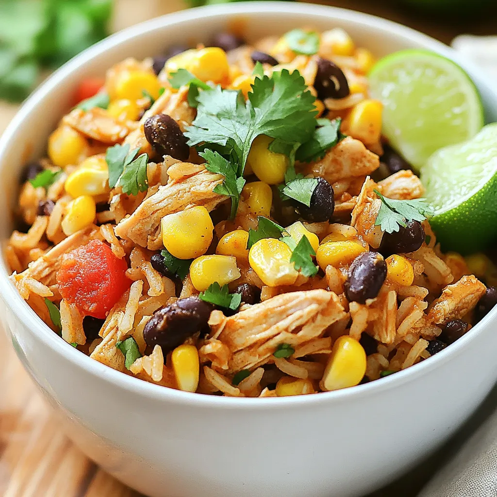 To make Crockpot Southwest Chicken Rice, gather these simple ingredients: - 2 boneless, skinless chicken breasts - 1 cup long-grain white rice - 1 can (15 oz) black beans, rinsed and drained - 1 can (15 oz) diced tomatoes with green chilies - 1 cup corn (fresh, frozen, or canned) - 1 small onion, diced - 2 cloves garlic, minced - 2 teaspoons chili powder - 1 teaspoon cumin - 1 teaspoon smoked paprika - 1/2 teaspoon salt - 1/4 teaspoon pepper - 2 cups chicken broth For a tasty finish, consider these optional garnishes and extras: - Fresh cilantro for garnish - Lime wedges for serving You can add these for a burst of flavor and color. They make your dish look appealing and add zest. To make this recipe, you will need a few tools: - A crockpot - Measuring cups and spoons - A cutting board and knife - Two forks for shredding chicken These tools help you work efficiently and keep your kitchen organized. With everything prepped, you will enjoy cooking even more! {{ingredient_image_1}} Start by placing the two chicken breasts at the bottom of your crockpot. This layer is key as it allows the chicken to soak up all the flavors. Next, sprinkle the spices over the chicken. Use 2 teaspoons of chili powder, 1 teaspoon of cumin, 1 teaspoon of smoked paprika, 1/2 teaspoon of salt, and 1/4 teaspoon of pepper. These spices bring a warm, rich taste. Then, add the diced onion and minced garlic on top of the chicken. They add great flavor and aroma. Now, it’s time to add the colorful veggies. Pour in 1 can of black beans, 1 can of diced tomatoes with green chilies, and 1 cup of corn. This makes the dish bright and hearty. Next, rinse 1 cup of long-grain white rice under cold water until the water runs clear. This step helps remove extra starch. Add the rice into the crockpot on top of the veggies. Carefully pour in 2 cups of chicken broth. Make sure the rice is fully submerged. This is crucial for even cooking. Cover the crockpot with its lid. Set it to cook on low for 5-6 hours or on high for 2.5-3 hours. This timing ensures that the chicken is tender and the rice is fluffy. Once it's done, shred the chicken directly in the pot with two forks. Stir everything to combine. Taste it now! Adjust the seasoning if needed. Serve it hot, garnished with fresh cilantro and lime wedges for a zesty kick. To get perfect rice, rinse it well before cooking. This removes extra starch. A good rinse helps the rice cook evenly and stay fluffy. Make sure the rice is fully submerged in broth. If it’s not, the rice may burn or stick. Stir the rice once halfway through cooking. This helps it cook evenly. You can boost flavor with many extra ingredients. Try adding bell peppers for crunch. Fresh herbs, like cilantro, add a bright taste. If you want heat, add jalapeños or hot sauce. For creaminess, mix in some cream cheese or sour cream right before serving. These choices make the dish even tastier. Sometimes, you may face issues while cooking. If the rice is mushy, you added too much liquid. Next time, reduce the broth a bit. If the dish is bland, taste and add more spices. A squeeze of lime juice can also brighten the flavors. Lastly, if the chicken is tough, it may have cooked too long. Check cooking times to avoid this. Pro Tips Use Thicker Chicken Breasts: Thicker chicken breasts will stay juicier and more tender during the slow cooking process. Rinse Your Rice: Rinsing the rice helps remove excess starch, preventing it from becoming gummy as it cooks. Adjust Spice Levels: Feel free to adjust the amount of chili powder or add diced jalapeños for extra heat based on your preference. Fresh Ingredients: If possible, use fresh corn and tomatoes for a brighter flavor compared to canned options. {{image_2}} You can easily make a vegetarian version of this dish. Replace the chicken with firm tofu. Press the tofu to remove extra water, then cut it into cubes. Add the tofu on the bottom of the crockpot just like the chicken. You can also use a mix of your favorite vegetables. Bell peppers, zucchini, or mushrooms work great. Just chop them up and layer them in the pot. This keeps everything tasty and filling! If you like heat, this dish is for you! Adding jalapeños gives your meal a spicy kick. You can slice fresh jalapeños and add them to the crockpot. If you prefer hot sauce, drizzle some into the mix. Just be careful not to overdo it. You can always add more spice later, but it’s hard to take it out once it’s in! Want to switch up the flavors? You have options! Swap the black beans for pinto or kidney beans for a new taste. You can also use different spices. Try adding oregano for a fresh twist or chipotle powder for a smoky flavor. For a zestier punch, add lime juice before serving. Experiment with these changes to find your perfect mix! After enjoying your Crockpot Southwest Chicken Rice, let it cool down. Place leftovers in an airtight container. Store in the fridge for up to three days. Make sure to keep the chicken and rice mixed together for the best flavor. To reheat, use the stovetop or microwave. If you use a microwave, place the rice in a bowl. Add a splash of water to keep it moist. Heat for about two minutes, stirring halfway through. On the stovetop, warm it in a pan over low heat. Stir often until hot. You can freeze this dish for later. Use freezer-safe bags or containers. Make sure to remove as much air as possible. It can stay in the freezer for up to three months. When ready to eat, thaw it in the fridge overnight. Reheat as noted above. Enjoy a tasty meal whenever you want! You should cook this dish on low for 5 to 6 hours. If you are short on time, cooking on high takes just 2.5 to 3 hours. The chicken should be tender, and the rice should be fully cooked and fluffy. Yes, you can use brown rice. However, brown rice takes longer to cook. If you switch to brown rice, cook it for about 6 to 7 hours on low or 3 to 4 hours on high. Make sure to add an extra half cup of broth to keep it moist. This meal is great on its own, but you can serve it with sides. Consider adding a fresh salad or some tortilla chips for crunch. Guacamole or sour cream can also add a nice touch. Lime wedges enhance the flavor too. To make more, simply double or triple the ingredients. Use two or three chicken breasts, and adjust the rice and beans accordingly. Keep the same spice levels to maintain flavor. Just ensure your crockpot can hold all the food. You sure can! You can prep all the ingredients the night before. Just store them in the fridge. In the morning, put everything in the crockpot. This makes for a hassle-free dinner after a busy day. This blog post covered how to make Crockpot Southwest Chicken Rice. We explored needed ingredients, cooking steps, and helpful tips. I shared variations for different tastes and how to store leftovers. Remember, cooking is fun, and adjustments can make your dish unique. Use the tips to create a meal that fits your style. Enjoy your cooking and share the outcome with family or friends. You’ll love how easy and tasty this dish can be!