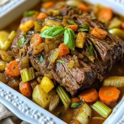 - 3-4 pounds beef chuck roast - 2 tablespoons olive oil - 2 medium onions, sliced - 4 cloves garlic, minced - 3 large carrots, chopped - 2-3 celery stalks, chopped - 1 can (14 oz) diced tomatoes, with juice - 2 cups beef broth - 2 teaspoons dried oregano - 1 teaspoon dried basil - 1 teaspoon red pepper flakes (optional for heat) - Salt and pepper to taste - Fresh basil leaves for garnish Using fresh, quality ingredients makes a big difference. The beef chuck roast should have good marbling. This fat helps keep it juicy and tender. Fresh vegetables add crispness and flavor. For instance, ripe tomatoes enhance taste in the dish. The herbs, like oregano and basil, provide depth. They give that authentic Italian flavor. Fresh ingredients also make your meal healthier. You can swap ingredients if needed. For example, if you can’t find chuck roast, use brisket. It will still taste great. If you want a lighter option, use turkey instead of beef. You can also use vegetable broth instead of beef broth for a vegetarian dish. Fresh herbs can be replaced with dried ones. Just use less, as dried herbs are stronger. If you don’t like spice, skip the red pepper flakes. {{ingredient_image_1}} Start with a 3-4 pound beef chuck roast. The chuck roast has great flavor. Season it well with salt and pepper on all sides. This step is key for taste. Use your hands to rub the seasoning in. This helps the roast absorb the flavors better. Next, heat 2 tablespoons of olive oil in a large Dutch oven. Use medium-high heat for this. Once the oil is hot, sear the roast for about 3-4 minutes on each side. Look for a nice brown color. This adds depth to the dish. After browning, take the roast out and set it aside. Now, add sliced onions to the pot. Cook them for about 5 minutes until soft. Then add 4 minced garlic cloves. Cook for 1-2 more minutes. This step fills your kitchen with a lovely aroma. Add in 3 chopped carrots and 2-3 chopped celery stalks. Stir and cook them for about 3-4 minutes. They should start to soften. Now it’s time to build the sauce. Pour in 1 can of diced tomatoes, including the juice. Add 2 cups of beef broth next. Sprinkle in 2 teaspoons of dried oregano and 1 teaspoon of dried basil. For a little heat, add 1 teaspoon of red pepper flakes, if you like. Stir everything well to mix the flavors. Return the seared roast to the pot. Nestle it among the vegetables and liquid. Bring the mixture to a simmer. Cover the pot and reduce the heat to low. Let it cook slowly for about 3-4 hours. The roast will become tender and easy to pull apart. For a slow cooker, set it on low for 6-7 hours. Once the roast is done, remove it and let it rest for a few minutes. Then slice it up and serve it with sauce and veggies over pasta or mashed potatoes. Enjoy! To start, searing is key for flavor. You want to brown the beef well. Heat olive oil in your pot until hot. Place the roast in and sear each side for 3-4 minutes. This caramelizes the meat, adding depth and richness to the dish. Don't rush this step. A good sear makes all the difference. For tender meat, slow cooking is crucial. After searing, return the roast to the pot with veggies and liquid. Keep the heat low and cover the pot. Let it simmer for 3-4 hours. If using a slow cooker, set it on low for 6-7 hours. The low heat breaks down tough fibers, making the roast fork-tender. Leftovers from your pot roast can be a treat. Shred the meat and use it in tacos or sandwiches. Add it to a soup for a hearty meal. You can even mix it with pasta and sauce for a new dish. Get creative, and let those flavors shine! Pro Tips Choose the Right Cut: A beef chuck roast is ideal for this recipe due to its marbling, which ensures tenderness and flavor during slow cooking. Let It Rest: After cooking, allow the roast to rest for about 10 minutes before slicing. This helps retain the juices for a more flavorful bite. Flavor Boost: For an extra kick, marinate the roast overnight with garlic, herbs, and olive oil to enhance the flavor profile. Vegetable Variations: Feel free to add other vegetables like potatoes or bell peppers to the pot for a heartier meal. {{image_2}} Each region in Italy has its own twist on pot roast. In Tuscany, they add red wine for depth. The dish becomes richer and more complex. In the north, cooks may use a different cut of meat, like brisket. They often serve it with polenta instead of pasta. Each style brings unique flavors. You can explore these regional touches to make the dish your own. Do you prefer a kick in your pot roast? You can easily adjust the heat. Add more red pepper flakes if you like spicy food. For a milder taste, use less or skip them entirely. You can also add a pinch of crushed black pepper for subtle warmth. Experiment with these options to find your ideal balance. You can still enjoy pot roast flavors without meat! Use hearty vegetables like mushrooms and eggplant as the base. Replace the beef broth with vegetable broth for depth. Add lentils or chickpeas for protein. These swaps keep the dish satisfying and full of flavor. You can create a comforting meal that everyone can enjoy. After making Italian pot roast, let it cool. Store the roast in an airtight container. It will stay fresh in the fridge for about 3 to 4 days. Always make sure the pot roast is cool before sealing it. This prevents extra moisture inside the container. If you want to keep your pot roast longer, freezing is a great option. Cut the roast into portions before freezing. Wrap each piece tightly in plastic wrap. Then place them in a freezer bag. This helps prevent freezer burn. You can freeze it for up to 3 months. When ready to eat, just thaw it in the fridge overnight. To reheat your pot roast, take it out of the fridge or freezer. If frozen, let it thaw first. You can reheat it in the oven or on the stove. For the oven, preheat it to 350°F (175°C). Place the roast in a baking dish and cover with foil. Heat for about 20-30 minutes. For the stove, slice the roast and heat it in a skillet over medium heat. Add a splash of beef broth to keep it juicy. Always check the temperature to ensure it is heated through. Enjoy your comforting meal! The pot roast needs to cook for about 3 to 4 hours. This slow cooking makes the meat tender and juicy. You can also use a slow cooker. If you choose this method, set it on low for 6 to 7 hours. The key is low heat and time. This allows the flavors to mix well. Yes, you can use other cuts of meat. While beef chuck roast works best, brisket or round cuts are also good. Just remember, tougher cuts will need longer cooking times. Each cut gives a different flavor and texture. Don’t hesitate to experiment a bit to find what you like best. Italian pot roast pairs well with many side dishes. Here are some great options: - Mashed potatoes - Polenta - Crusty bread - Roasted vegetables - Green salad These sides balance the rich flavors of the pot roast. They add freshness and texture to your meal. Feel free to mix and match based on your taste. Enjoy! In this post, we explored key ingredients for Italian pot roast and their quality. I shared tips for cooking in a Dutch oven, achieving tender meat, and storing leftovers. We also looked at variations and answered common questions. Using good ingredients is key for great flavor. Cooking takes time but the results are worth it. Experiment with flavors and enjoy the process. Now, you have all the tools to make your own delicious Italian pot roast!