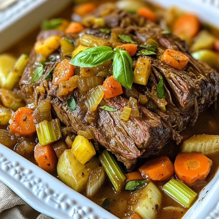 - 3-4 pounds beef chuck roast - 2 tablespoons olive oil - 2 medium onions, sliced - 4 cloves garlic, minced - 3 large carrots, chopped - 2-3 celery stalks, chopped - 1 can (14 oz) diced tomatoes, with juice - 2 cups beef broth - 2 teaspoons dried oregano - 1 teaspoon dried basil - 1 teaspoon red pepper flakes (optional for heat) - Salt and pepper to taste - Fresh basil leaves for garnish Using fresh, quality ingredients makes a big difference. The beef chuck roast should have good marbling. This fat helps keep it juicy and tender. Fresh vegetables add crispness and flavor. For instance, ripe tomatoes enhance taste in the dish. The herbs, like oregano and basil, provide depth. They give that authentic Italian flavor. Fresh ingredients also make your meal healthier. You can swap ingredients if needed. For example, if you can’t find chuck roast, use brisket. It will still taste great. If you want a lighter option, use turkey instead of beef. You can also use vegetable broth instead of beef broth for a vegetarian dish. Fresh herbs can be replaced with dried ones. Just use less, as dried herbs are stronger. If you don’t like spice, skip the red pepper flakes. {{ingredient_image_1}} Start with a 3-4 pound beef chuck roast. The chuck roast has great flavor. Season it well with salt and pepper on all sides. This step is key for taste. Use your hands to rub the seasoning in. This helps the roast absorb the flavors better. Next, heat 2 tablespoons of olive oil in a large Dutch oven. Use medium-high heat for this. Once the oil is hot, sear the roast for about 3-4 minutes on each side. Look for a nice brown color. This adds depth to the dish. After browning, take the roast out and set it aside. Now, add sliced onions to the pot. Cook them for about 5 minutes until soft. Then add 4 minced garlic cloves. Cook for 1-2 more minutes. This step fills your kitchen with a lovely aroma. Add in 3 chopped carrots and 2-3 chopped celery stalks. Stir and cook them for about 3-4 minutes. They should start to soften. Now it’s time to build the sauce. Pour in 1 can of diced tomatoes, including the juice. Add 2 cups of beef broth next. Sprinkle in 2 teaspoons of dried oregano and 1 teaspoon of dried basil. For a little heat, add 1 teaspoon of red pepper flakes, if you like. Stir everything well to mix the flavors. Return the seared roast to the pot. Nestle it among the vegetables and liquid. Bring the mixture to a simmer. Cover the pot and reduce the heat to low. Let it cook slowly for about 3-4 hours. The roast will become tender and easy to pull apart. For a slow cooker, set it on low for 6-7 hours. Once the roast is done, remove it and let it rest for a few minutes. Then slice it up and serve it with sauce and veggies over pasta or mashed potatoes. Enjoy! To start, searing is key for flavor. You want to brown the beef well. Heat olive oil in your pot until hot. Place the roast in and sear each side for 3-4 minutes. This caramelizes the meat, adding depth and richness to the dish. Don't rush this step. A good sear makes all the difference. For tender meat, slow cooking is crucial. After searing, return the roast to the pot with veggies and liquid. Keep the heat low and cover the pot. Let it simmer for 3-4 hours. If using a slow cooker, set it on low for 6-7 hours. The low heat breaks down tough fibers, making the roast fork-tender. Leftovers from your pot roast can be a treat. Shred the meat and use it in tacos or sandwiches. Add it to a soup for a hearty meal. You can even mix it with pasta and sauce for a new dish. Get creative, and let those flavors shine! Pro Tips Choose the Right Cut: A beef chuck roast is ideal for this recipe due to its marbling, which ensures tenderness and flavor during slow cooking. Let It Rest: After cooking, allow the roast to rest for about 10 minutes before slicing. This helps retain the juices for a more flavorful bite. Flavor Boost: For an extra kick, marinate the roast overnight with garlic, herbs, and olive oil to enhance the flavor profile. Vegetable Variations: Feel free to add other vegetables like potatoes or bell peppers to the pot for a heartier meal. {{image_2}} Each region in Italy has its own twist on pot roast. In Tuscany, they add red wine for depth. The dish becomes richer and more complex. In the north, cooks may use a different cut of meat, like brisket. They often serve it with polenta instead of pasta. Each style brings unique flavors. You can explore these regional touches to make the dish your own. Do you prefer a kick in your pot roast? You can easily adjust the heat. Add more red pepper flakes if you like spicy food. For a milder taste, use less or skip them entirely. You can also add a pinch of crushed black pepper for subtle warmth. Experiment with these options to find your ideal balance. You can still enjoy pot roast flavors without meat! Use hearty vegetables like mushrooms and eggplant as the base. Replace the beef broth with vegetable broth for depth. Add lentils or chickpeas for protein. These swaps keep the dish satisfying and full of flavor. You can create a comforting meal that everyone can enjoy. After making Italian pot roast, let it cool. Store the roast in an airtight container. It will stay fresh in the fridge for about 3 to 4 days. Always make sure the pot roast is cool before sealing it. This prevents extra moisture inside the container. If you want to keep your pot roast longer, freezing is a great option. Cut the roast into portions before freezing. Wrap each piece tightly in plastic wrap. Then place them in a freezer bag. This helps prevent freezer burn. You can freeze it for up to 3 months. When ready to eat, just thaw it in the fridge overnight. To reheat your pot roast, take it out of the fridge or freezer. If frozen, let it thaw first. You can reheat it in the oven or on the stove. For the oven, preheat it to 350°F (175°C). Place the roast in a baking dish and cover with foil. Heat for about 20-30 minutes. For the stove, slice the roast and heat it in a skillet over medium heat. Add a splash of beef broth to keep it juicy. Always check the temperature to ensure it is heated through. Enjoy your comforting meal! The pot roast needs to cook for about 3 to 4 hours. This slow cooking makes the meat tender and juicy. You can also use a slow cooker. If you choose this method, set it on low for 6 to 7 hours. The key is low heat and time. This allows the flavors to mix well. Yes, you can use other cuts of meat. While beef chuck roast works best, brisket or round cuts are also good. Just remember, tougher cuts will need longer cooking times. Each cut gives a different flavor and texture. Don’t hesitate to experiment a bit to find what you like best. Italian pot roast pairs well with many side dishes. Here are some great options: - Mashed potatoes - Polenta - Crusty bread - Roasted vegetables - Green salad These sides balance the rich flavors of the pot roast. They add freshness and texture to your meal. Feel free to mix and match based on your taste. Enjoy! In this post, we explored key ingredients for Italian pot roast and their quality. I shared tips for cooking in a Dutch oven, achieving tender meat, and storing leftovers. We also looked at variations and answered common questions. Using good ingredients is key for great flavor. Cooking takes time but the results are worth it. Experiment with flavors and enjoy the process. Now, you have all the tools to make your own delicious Italian pot roast!