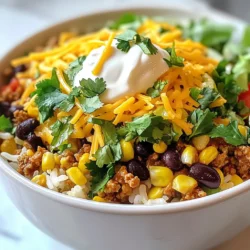 To make Taco Rice, you need these key ingredients: - 1 cup long-grain white rice - 1 ½ cups chicken or vegetable broth - 1 teaspoon olive oil - 1 pound ground turkey or beef - 1 packet taco seasoning - 1 can (15 oz) black beans, drained and rinsed - 1 cup corn (fresh, frozen, or canned) - 1 cup diced tomatoes (fresh or canned) - 1 cup shredded lettuce - 1 cup shredded cheddar cheese - ½ cup sour cream - ¼ cup fresh cilantro, chopped These items come together to create a tasty dish. The rice forms a perfect base. The meat adds flavor, while beans and corn give texture. You can make Taco Rice even better with these toppings: - Diced avocado - Sliced jalapeños - Chopped green onions These toppings let you add extra flavor and texture. They also make your dish look more colorful and fun. When using fresh or canned ingredients, consider the following: - Fresh tomatoes taste bright and juicy. They can enhance the flavor. - Canned black beans save time. They are easy to use and still healthy. - Fresh corn adds crunch. Frozen corn is a good alternative and cooks quickly. Choosing fresh or canned often depends on what you have. Both options work well for Taco Rice. {{ingredient_image_1}} Start by rinsing the rice under cold water. This helps to remove excess starch. In a medium saucepan, mix 1 cup of long-grain white rice with 1 ½ cups of chicken or vegetable broth. Bring this mixture to a boil over medium-high heat. Once it boils, lower the heat to low. Cover your pan and let it simmer for 18 to 20 minutes. Check if the rice is tender and the liquid is gone. After cooking, take it off the heat. Let it sit, covered, for 5 minutes. Fluff the rice with a fork before serving. While the rice cooks, heat 1 teaspoon of olive oil in a large skillet over medium heat. Add 1 pound of ground turkey or beef to the skillet. Cook until the meat turns brown. Use a spatula to break the meat into small pieces as it cooks. If there’s extra fat, drain it off. This step keeps your dish from being greasy. Once the meat is browned, reduce the heat to low. Sprinkle your taco seasoning over the meat. Add about ½ cup of water and stir well. Let it simmer for 5 minutes. This step allows the flavors to develop. Now, it’s time to add the vegetables. Stir in 1 can of black beans, 1 cup of corn, and 1 cup of diced tomatoes. Cook this mixture for another 5 minutes, stirring sometimes. Finally, add the cooked rice into the skillet. Stir everything together until it’s well mixed. Your Taco Rice is now ready to serve! To make great rice, start with a good ratio. I use 1 cup of rice to 1.5 cups of broth. This helps the rice soak up flavor. Bring the water to a boil first. Then, lower the heat and cover the pot. Let it cook for 18 to 20 minutes. After cooking, let it sit for 5 minutes before you fluff it. This keeps the rice light and airy. You can easily change the taste of your taco rice. Try using different meats, like chicken or even beans for a veggie option. Change the seasoning too! You can add extra chili powder for heat or smoked paprika for a rich flavor. Want a zestier kick? Add lime juice or chopped jalapeños. You can also mix in different veggies like bell peppers or zucchini. Each choice adds a new twist to this dish! Presentation makes your taco rice look more appetizing. Use a clear bowl to show off the layers. Start with rice at the bottom, then add the meat and beans. Top with cheese, lettuce, and any other toppings you like. For a pop of color, sprinkle fresh cilantro on top. Adding lime wedges on the side not only looks great but also gives a fresh zest. Everyone will want to dig in! Pro Tips Use Homemade Taco Seasoning: For a fresher and healthier alternative, create your own taco seasoning using a blend of cumin, chili powder, garlic powder, and paprika. Perfect Rice Texture: Make sure to let the rice sit covered for 5 minutes after cooking; this helps achieve a fluffy texture by allowing the steam to finish cooking the rice. Customize Your Toppings: Feel free to mix and match toppings according to your taste. Avocado, jalapeños, and green onions can add extra flavor and texture! Make It a Meal Prep: Taco Rice is great for meal prep! Store leftovers in airtight containers and reheat for a quick lunch or dinner throughout the week. {{image_2}} To make a tasty vegetarian taco rice, swap meat for more veggies. Use 1 cup of mushrooms or zucchini instead of ground turkey. You can also add 1 cup of bell peppers for a sweet crunch. Keep the black beans and corn for protein and texture. Use the same taco seasoning for flavor. This dish stays hearty and satisfying. For a vegan taco rice, use vegetable broth instead of chicken broth. Replace sour cream with avocado or a vegan yogurt. Ensure your taco seasoning is free from animal products. You can add more beans or tofu for protein. This way, you keep it filling and flavorful without any animal products. If you need gluten-free taco rice, use gluten-free taco seasoning. Check that all canned goods, like beans and corn, are labeled gluten-free. You can use quinoa instead of rice for a nutty flavor. This keeps the dish gluten-free while still offering great taste and texture. To store leftover taco rice, let it cool first. Place it in an airtight container. Make sure to seal it well to keep it fresh. You can store taco rice in the fridge for up to three days. If you want to keep it longer, consider freezing it. When you are ready to eat your taco rice again, take it out of the fridge. Place the rice in a microwave-safe bowl. Add a splash of water to keep it moist. Cover the bowl with a lid or a damp paper towel. Heat it in the microwave for about two minutes. Stir it halfway through to ensure even heating. If you prefer using the stove, heat a skillet over medium heat. Add a little olive oil or water to the pan. Stir the taco rice until it is hot. This method keeps the flavors fresh and tasty. To freeze taco rice, first cool it completely. Then, transfer it to a freezer-safe container or a resealable bag. Press out any air to avoid freezer burn. Taco rice can last in the freezer for up to three months. When you want to eat it, thaw it overnight in the fridge. Reheat it using the tips above for the best taste. Taco rice is a fun and tasty dish. It mixes rice with taco flavors. You start with cooked rice. Then, you add seasoned meat, beans, and veggies. Top it with cheese and lettuce. This dish is colorful and full of flavor. You can serve it for lunch or dinner. It’s a great way to enjoy tacos in a bowl! Yes, you can use brown rice instead of white. Brown rice is healthier and has more fiber. Just remember, it takes longer to cook. You will need about 40-45 minutes for brown rice. Make sure to use the right amount of broth, too. It needs more water due to its texture. The flavor will still be great! You can find taco rice in many places. Some fast-food chains offer it. Look for Mexican restaurants that have it on the menu. It is popular in Hawaiian cuisine too! If you want to try it, check local eateries or food trucks. You might discover a tasty new spot! Taco rice is a tasty dish you can make at home. We covered key ingredients, cooking steps, and handy tips to make it perfect. Remember, you can customize it with fresh or canned items, and make it vegetarian or gluten-free. Store leftovers properly for later enjoyment. Exploring taco rice lets you enjoy new flavors and textures in your meals. Don’t hesitate to try different toppings and variations. Embrace the fun of creating your own taco rice masterpiece, and share it with family or friends!