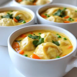 To make a great curry dumpling soup, you need some key ingredients. Here’s what you will need: - 1 cup all-purpose flour - 1/2 cup water - 1 teaspoon salt - 1 tablespoon olive oil - 1 tablespoon ginger, minced - 2 cloves garlic, minced - 1 medium onion, diced - 2 carrots, chopped - 1 bell pepper, diced - 2 tablespoons curry powder - 4 cups vegetable broth - 1 can (14 oz) coconut milk - 1 cup frozen peas - 1 tablespoon soy sauce - Fresh cilantro, for garnish These ingredients work together to create a warm and inviting dish. The flour and water form the dumpling dough, while the ginger and garlic add depth of flavor. If you want to enhance your soup, consider adding these optional ingredients: - Chopped green onions for a fresh kick - A squeeze of lime juice for brightness - A dash of chili flakes for heat - Fresh herbs like basil or mint for aroma These extras can elevate the flavor and make your soup even more enjoyable. You can easily swap some ingredients if needed. Here are a few ideas: - Use whole wheat flour instead of all-purpose for a healthier option. - Replace vegetable broth with chicken broth for a richer taste. - Substitute coconut milk with almond milk for a lighter version. - Swap frozen peas with other veggies like corn or spinach. These substitutions allow you to customize the soup to your taste or dietary needs. Experimenting can lead to delightful surprises! To start, grab a mixing bowl. Add 1 cup of all-purpose flour and 1 teaspoon of salt. Mix these dry ingredients well. Next, slowly pour in 1/2 cup of water and 1 tablespoon of olive oil. Stir until a soft dough forms. Knead the dough for about 5 minutes. You want it smooth and elastic. Once done, cover it with a damp cloth. Let it rest while you prepare the filling. In a large pot, heat 1 tablespoon of olive oil over medium heat. Add 1 tablespoon of minced ginger and 2 cloves of minced garlic. Sauté them until they smell great and the onions turn translucent. This should take about 5 minutes. Now, add 1 medium diced onion, along with 2 chopped carrots and 1 diced bell pepper. Cook these for 3 to 4 minutes, until they start to soften. Then, sprinkle in 2 tablespoons of curry powder. Stir it well to coat all the veggies. Pour in 4 cups of vegetable broth and 1 can of coconut milk. Bring this mixture to a boil, and then reduce the heat to let it simmer. While the soup simmers, take the dough and roll it out on a floured surface. Aim for about 1/8 inch thickness. Use a cookie cutter or glass to cut out circles that are about 3 inches in diameter. For each circle, place a small spoonful of the vegetable mixture in the center. Fold the circle over and pinch the edges to seal the dumpling tightly. Repeat this until you use all the dough and filling. Now, gently place the dumplings into the simmering soup. Cook them for about 8 to 10 minutes. They will float to the top when they are done. Lastly, stir in 1 cup of frozen peas and 1 tablespoon of soy sauce. Let it simmer for 2 to 3 more minutes. Adjust the salt if needed, and enjoy your delicious curry dumpling soup! To make the best dumplings, follow these tips: - Knead the dough: Knead the dough for about five minutes. This helps make it smooth and elastic. - Cover the dough: Keep the dough covered with a damp cloth while you work. This prevents it from drying out. - Use a floured surface: Roll out the dough on a floured surface to avoid sticking. - Cut evenly: Use a cookie cutter for even circles. This helps ensure uniform cooking. - Seal tightly: When filling, pinch the edges well. This keeps the filling inside during cooking. To boost the flavor of your soup, try these ideas: - Fresh spices: Use fresh ginger and garlic. They add a bright, bold flavor. - Quality broth: Choose a good vegetable broth. It forms the base of your soup. - Add lime juice: A squeeze of lime juice right before serving adds a zesty kick. - Experiment with herbs: Fresh cilantro adds a fragrant touch. You can also try basil or mint. - Adjust seasoning: Always taste the soup. You can add more salt or soy sauce if needed. Avoid these common pitfalls when making your curry dumpling soup: - Overcooking dumplings: Watch the cooking time. Dumplings float when done, usually 8-10 minutes. - Too much filling: Don't overstuff the dumplings. A small spoonful is enough for each one. - Skipping the simmer: Let the soup simmer gently. This helps flavors mingle well. - Not tasting: Always taste as you cook. Adjust flavors to your liking for the best result. - Ignoring presentation: Ladle soup carefully and garnish nicely to make it appealing. {{image_2}} You can easily make this soup vegetarian or vegan. For a vegetarian version, just use vegetable broth and coconut milk. This soup is already packed with veggies. You can add even more! Try adding mushrooms or spinach for extra flavor. If you're going vegan, skip the eggs in any dumpling recipe. Use the dumpling dough made with flour and water. It works perfectly! If you love heat, make a spicy version! Add chopped chili peppers to the soup while cooking. You can also use a spicy curry powder or paste. For extra kick, sprinkle red pepper flakes when serving. This will bring a warm glow to your bowl. Adjust the spice level to fit your taste buds. It’s all about what you enjoy! Curry dumpling soup changes around the world. In some Asian countries, people use rice flour for dumplings. This gives a different texture. In Indian cuisine, you might find spices like cumin and turmeric added. In Chinese recipes, they might include bok choy or other greens. Explore these flavors to find your favorite twist. Each version tells a story of its culture and ingredients. Store leftover curry dumpling soup in an airtight container. Let the soup cool completely before sealing it. Place it in the fridge for up to three days. This keeps the flavors fresh and delicious. If you want to enjoy it later, consider freezing it. You can freeze both the dumplings and the soup. For dumplings, arrange them on a tray and freeze them until firm. Once frozen, transfer them to a freezer bag. This way, they won’t stick together. For the soup, cool it completely before placing it in a freezer-safe container. It stays good for about three months. To reheat the soup, pour it into a pot over medium heat. Stir it often until it’s hot. If the soup seems thick, add a splash of vegetable broth or water. For frozen dumplings, you can cook them directly in the simmering soup. Just add them and cook until they float. This keeps them tender and delicious. Yes, you can make the soup ahead of time. Prepare the soup base and dumplings separately. Store the soup in the fridge for up to three days. The dumplings can also be made in advance and stored in the freezer. This helps keep them from getting too soft. When ready to eat, just cook the dumplings in the warm soup until they float. I recommend using a mild curry powder for this soup. It balances well with the coconut milk and other flavors. Look for a blend that includes turmeric, cumin, and coriander. If you like more heat, you can try adding a bit of cayenne pepper or a spicy curry blend. Each type of curry powder brings its own unique taste, so feel free to experiment. To keep your dumplings intact, make sure to seal them tightly. Pinch the edges well after adding the filling. The dough should be soft but not sticky. If it feels too wet, add a little more flour while kneading. Also, cook the dumplings gently in simmering soup. High heat can make them break apart. When they float, they are ready to eat. In this article, we explored how to make delicious curry dumpling soup. We went over key ingredients, step-by-step instructions, helpful tips, and fun variations. I showed you how to avoid common mistakes and how to store your leftovers for later. Curry dumpling soup is not only tasty but also easy to customize. By trying different spices or keeping it vegetarian, you can make it your own. Enjoy your cooking journey and share this dish with others!