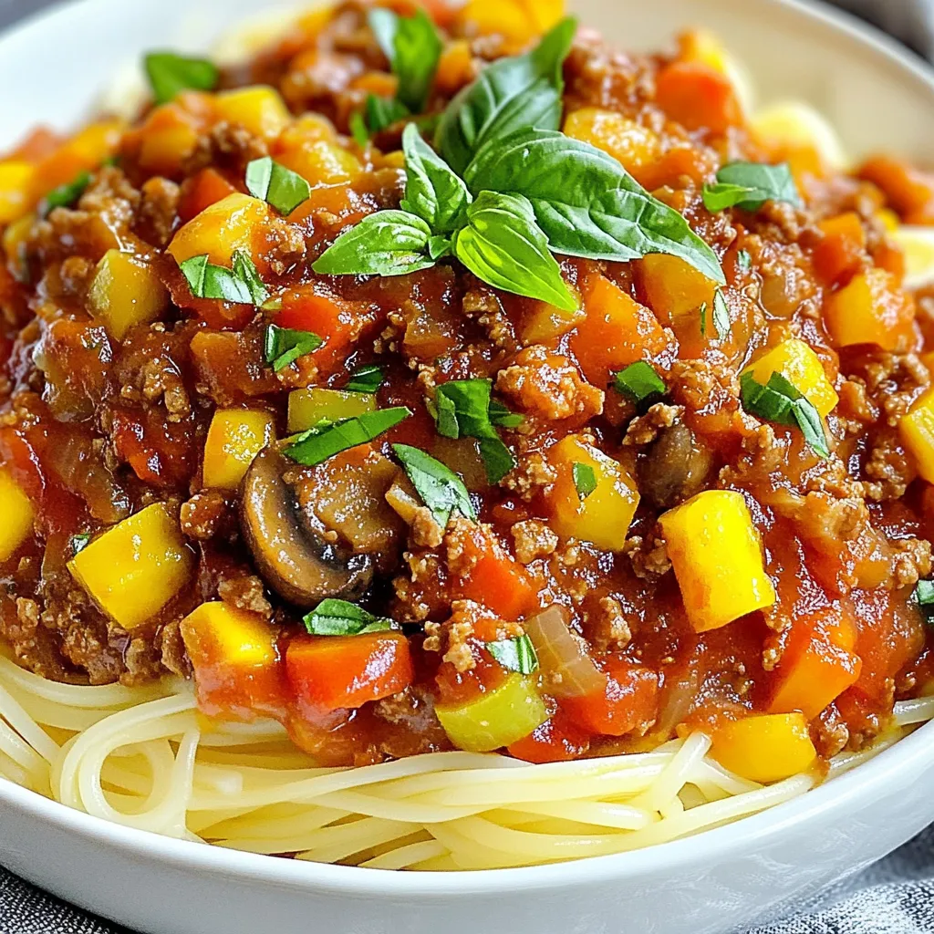 - 1 tablespoon olive oil - 1 medium onion, finely chopped - 2 cloves garlic, minced - 1 medium carrot, finely diced - 1 medium celery stalk, finely diced - 1 bell pepper (any color), finely chopped - 2 cups mushrooms, chopped (shiitake and cremini work well) - 1 zucchini, finely diced - 1 can (14 oz) crushed tomatoes - 1 tablespoon tomato paste - 1 teaspoon dried oregano - 1 teaspoon dried basil - 1/2 teaspoon red pepper flakes (optional) - Salt and black pepper to taste - 1 cup vegetable broth - Fresh basil leaves for garnish - Cooked pasta of choice (spaghetti or penne) You need a few basics that most kitchens have. Olive oil gives flavor and helps cook. Dried herbs like oregano and basil add depth. Tomato paste thickens the sauce. Vegetable broth adds moisture and taste. Fresh basil leaves add color and aroma. You can also sprinkle some grated cheese on top. A drizzle of olive oil before serving enhances the look and taste. If you like spice, add extra red pepper flakes. {{ingredient_image_1}} First, gather all your ingredients. This makes cooking easier and more fun. You will need: - 1 tablespoon olive oil - 1 medium onion, finely chopped - 2 cloves garlic, minced - 1 medium carrot, finely diced - 1 medium celery stalk, finely diced - 1 bell pepper (any color), finely chopped - 2 cups mushrooms, chopped (shiitake and cremini work best) - 1 zucchini, finely diced - 1 can (14 oz) crushed tomatoes - 1 tablespoon tomato paste - 1 teaspoon dried oregano - 1 teaspoon dried basil - 1/2 teaspoon red pepper flakes (optional for heat) - Salt and black pepper to taste - 1 cup vegetable broth - Fresh basil leaves for garnish - Cooked pasta of choice (like spaghetti or penne) Chop all the veggies finely to help them cook evenly. Now, take a large skillet and heat the olive oil over medium heat. Add the chopped onion and sauté for about 3 to 4 minutes. You want it to look translucent. Next, stir in the minced garlic and cook for another minute. This step fills your kitchen with a lovely aroma. Add the diced carrot, celery, and bell pepper to the skillet. Cook these veggies for about 5 minutes. Stir them often to help them soften. Now, incorporate the chopped mushrooms and zucchini into the mix. Sauté everything for another 5 to 7 minutes. Watch as the mushrooms release their moisture and the zucchini becomes tender. Once your veggies are ready, stir in the crushed tomatoes and tomato paste. Add the dried oregano, dried basil, and red pepper flakes if you like spice. Season with salt and black pepper to taste. Pour in the vegetable broth and mix well. Bring the sauce to a simmer and let it cook for 15 to 20 minutes. Stir it occasionally so it doesn’t stick. You will see the sauce thicken as it cooks. After cooking, taste it. Adjust the seasonings if needed. If you want more depth, a pinch of sugar or more herbs can help. Finally, serve your Meatless Bolognese over your cooked pasta. Garnish with fresh basil leaves for a beautiful finish. Enjoy this delightful and flavorful dish! To boost flavor in your Meatless Bolognese, focus on the base. Start with good olive oil. Heat it until just warm. This helps release the oil's flavors. Next, cook the onion until soft. It should be slightly brown for more sweetness. Garlic adds a great kick. Add it just after the onion. Cook it briefly to keep its fresh taste. A mix of veggies adds depth. Use carrots, celery, and bell peppers for sweetness and crunch. Mushrooms give a meaty texture. Shiitake and cremini work best. Tomatoes are key for a rich sauce. Use both crushed tomatoes and tomato paste. The paste thickens the sauce and adds a sweet note. Don't forget the herbs! Dried oregano and basil bring warmth. A pinch of red pepper flakes adds a nice heat. Many people cook their veggies too long. Overcooking makes them mushy. Instead, cook until just tender. This keeps their shape and flavor. Also, don’t skip the seasoning. Salt and pepper should be added at each step. Taste as you go. Adjust seasoning according to your liking. Another mistake is not letting the sauce simmer long enough. This step is vital. It thickens the sauce and blends the flavors. Aim for at least 15 minutes of simmering. Lastly, don’t rush the pasta. Cook it as directed for the best texture. Combine it with the sauce right before serving. Having the right tools makes cooking easier. A large skillet is best for this recipe. It allows space for all the veggies. A wooden spoon helps stir everything well. A sharp knife is key for chopping. It makes prep quick and safe. Use a cutting board for easy cleanup. A measuring cup helps with liquid ingredients. Finally, a timer can help you monitor cooking times. These tools will help you create a delicious Meatless Bolognese every time! Pro Tips Chop Uniformly: Ensure all vegetables are chopped to a similar size for even cooking and consistent texture in your bolognese. Use Fresh Herbs: Fresh basil or oregano can elevate the flavor profile of your sauce. Add them at the end of cooking for a vibrant taste. Cook Pasta Al Dente: Cooking your pasta al dente ensures it will hold its shape and texture when mixed with the sauce. Save Pasta Water: Reserve a cup of pasta cooking water before draining. It can help adjust the sauce's consistency if needed. {{image_2}} You can easily swap out vegetables in this recipe. Use what you have. Carrots and celery add great flavor. Try adding spinach for more greens. Eggplant works well too. You can even use chopped broccoli or cauliflower. The key is to keep the texture hearty. Each veggie brings a new taste to your dish. While mushrooms are the star here, you can add other proteins. Lentils are a great choice. They add texture and protein. Chickpeas can also work well. They give a nice bite and blend well with sauce. If you like, try adding tofu or tempeh for extra protein. These options keep the dish filling and delicious. For those who love heat, a spicy version is easy to make. Add red pepper flakes to the sauce. You can start with half a teaspoon. Taste and add more if you want it spicier. If you want a kick, try adding diced jalapeños or serrano peppers. This change adds a fun twist to the classic recipe. To store leftover Meatless Bolognese, use an airtight container. Make sure to let it cool first. Then, transfer it to the container. Seal it tightly and place it in the fridge. This way, it stays fresh for up to three days. If you want to keep it longer, consider freezing it. Freezing Meatless Bolognese is easy. Start by letting it cool completely. Then, pack the sauce into freezer-safe bags or containers. Remove as much air as you can before sealing. Label the bags with the date. You can freeze it for up to three months. When you’re ready to use it, just thaw it overnight in the fridge. To reheat Meatless Bolognese, use a skillet for the best taste. Pour the sauce into the skillet over medium heat. Stir it often to avoid sticking. If it seems too thick, add a splash of vegetable broth. This will help bring back its creamy texture. Cook it until it’s hot all the way through. Enjoy it over fresh pasta for a delightful meal! Yes, you can use lentils. Lentils add a nice texture and protein. They also soak up flavors well. If you choose lentils, use one cup of cooked lentils. Add them when you mix in the crushed tomatoes. This keeps them soft and tasty. Meatless Bolognese lasts about 3 to 5 days in the fridge. Make sure to store it in an airtight container. This keeps it fresh and safe to eat. When you reheat it, stir well to warm it evenly. Yes, you can make a gluten-free version. Simply use gluten-free pasta with the sauce. Many brands offer great options that taste delicious. Also, check the labels on your vegetable broth and tomato paste. Some brands might contain gluten additives. You've learned how to make a tasty meatless Bolognese, starting with fresh ingredients and pantry staples. We covered step-by-step cooking, tips for rich flavors, and common mistakes to avoid. You can experiment with variations and store leftovers for later use. Always remember to ask any questions about this dish. Cooking can be fun and easy. Now, grab your tools and start creating your own delicious meatless Bolognese masterpiece!