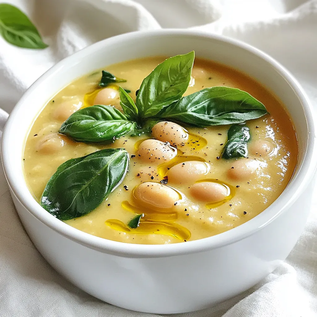 - 2 cans (15 oz each) white beans (cannellini or navy), drained and rinsed - 1 tablespoon olive oil - 1 medium onion, diced - 3 cloves garlic, minced - 2 medium carrots, diced - 2 stalks celery, diced - 4 cups vegetable broth I love using white beans in this soup. They add a creamy texture and a rich flavor. Cannellini or navy beans work well. Make sure to rinse and drain them for the best taste. The base of the soup starts with olive oil, onion, garlic, carrots, and celery. These veggies give a tasty foundation. - 1 cup coconut milk (for creaminess) - 2 cups fresh spinach, chopped - 1 teaspoon dried thyme - 1 teaspoon dried oregano - 1/2 teaspoon red pepper flakes (optional, for heat) - Juice of 1 lemon - Fresh basil leaves for garnish For creaminess, I use coconut milk. It makes the soup smooth and rich. Fresh spinach adds color and nutrition. The herbs, like thyme and oregano, bring a warm flavor. Red pepper flakes can add heat if you enjoy spice. A splash of lemon juice brightens everything up. I love finishing the soup with fresh basil for a pop of flavor. - Salt and pepper to taste Seasoning is key to a great soup. Always taste and adjust with salt and pepper. This step helps to enhance the natural flavors of the beans and veggies. A little seasoning goes a long way in making your creamy Tuscan white bean soup truly shine. To start, heat one tablespoon of olive oil in a large pot over medium heat. Once hot, add the diced onion, carrots, and celery. Sauté these for about 5 to 7 minutes. You want them to soften but not brown. Next, stir in three minced garlic cloves, one teaspoon of dried thyme, one teaspoon of dried oregano, and half a teaspoon of red pepper flakes if you like some heat. Cook this for an extra minute or two until you smell the lovely aromas. Now, it’s time to add in the main ingredients. Pour in two cans of drained white beans and four cups of vegetable broth. Bring this mixture to a gentle boil. After boiling, lower the heat and let it simmer for about 15 minutes. This will help the flavors meld together. To make the soup creamy, use an immersion blender. Blend part of the soup while leaving some beans whole for texture. If you don’t have an immersion blender, transfer half of the soup to a regular blender. Blend it until smooth, then return it to the pot. After blending, stir in one cup of coconut milk and two cups of chopped fresh spinach. Let the soup simmer for another 5 minutes. This will wilt the spinach and blend all the flavors. Finally, season with salt, pepper, and the juice of one lemon to taste. If the soup seems too thick, add more broth or water until it reaches your desired consistency. Serve your soup hot, garnished with fresh basil leaves for a nice finish. To get the best texture, use an immersion blender. It lets you blend right in the pot. If you don’t have one, pour half the soup into a regular blender. Blend until smooth, then mix it back in. This gives a nice creamy feel. Remember to leave some beans whole for a hearty bite. You can swap herbs and spices to fit your taste. Try fresh basil or parsley for a bright touch. If you like heat, add more red pepper flakes. A little goes a long way. Taste the soup after adding, then adjust as needed. This helps you find your perfect flavor. Serve the soup with crusty bread or a light salad. Both pair well and balance the meal. For leftovers, store the soup in an airtight container. It keeps well in the fridge for about three days. You can also freeze it for up to three months. Just thaw and reheat when ready to enjoy. {{image_2}} You can mix things up by using other beans. Great options include kidney beans or pinto beans. If you want a veggie boost, try adding chopped kale or Swiss chard. You can also use vegetable broth made from scratch for more flavor. For a dairy-free option, instead of coconut milk, try almond milk. It will keep the soup creamy and rich. Want to add more depth? You can toss in diced zucchini or potatoes for extra texture. Both add heartiness and flavor. If you like protein, add cooked chicken or sausage. They will make the soup more filling and delicious. To give your soup a Mediterranean flair, add olives or feta cheese. These will bring a salty, tangy taste that pairs well with the beans. For a unique Indian twist, sprinkle in some curry spices. This will change the flavor profile and excite your taste buds. To store your soup in the fridge, let it cool first. Then, pour it into a container. Use an airtight container to keep it fresh. Glass or plastic containers work well. Make sure to cover it tightly to avoid spills. For long-term storage, you can freeze the soup. It’s best to use freezer-safe containers. You can also use zip-top bags. Leave some space in the bag for the soup to expand. When ready to eat, thaw the soup overnight in the fridge. You can reheat it on the stove or in the microwave. Stir well to ensure it heats evenly. This soup lasts about 4-5 days in the fridge. In the freezer, it can last up to 3 months. Check for signs of spoilage before eating. If the soup smells off or has mold, it’s best to throw it away. Always trust your senses when it comes to food safety. Yes, this soup is vegan. It uses only plant-based ingredients. The white beans provide protein. Olive oil adds healthy fat. Coconut milk gives it a creamy texture without dairy. Fresh spinach and herbs add flavor and nutrients. You can enjoy this dish while keeping your diet plant-based. Yes, you can use dried beans. Start by soaking them overnight. Drain and rinse the beans before cooking. Use about 1 cup of dried beans for this recipe. Cook them in water until tender, about 1 to 1.5 hours. Once cooked, add them to the soup as you would canned beans. This soup is naturally gluten-free. All the ingredients listed do not contain gluten. Just be sure to check your vegetable broth for any gluten. Most broth brands are safe, but it's good to confirm. You can enjoy this soup without worry if you follow these tips. This soup pairs well with several sides. A fresh salad adds crunch and brightness. Crusty bread is perfect for dipping. You might also try serving it with garlic bread or a side of roasted vegetables. Each option enhances the meal and makes it more filling. This blog post covered how to make a creamy Tuscan white bean soup. We discussed key ingredients like white beans, coconut milk, and herbs. You learned step-by-step instructions for sautéing, blending, and adjusting flavors. With tips for perfecting creaminess, enhancing flavors, and various serving options, you can make this soup your own. Remember, it’s flexible. Whether you adjust spices or add proteins, you have room to explore. Enjoy your cooking journey and make this dish your favorite!