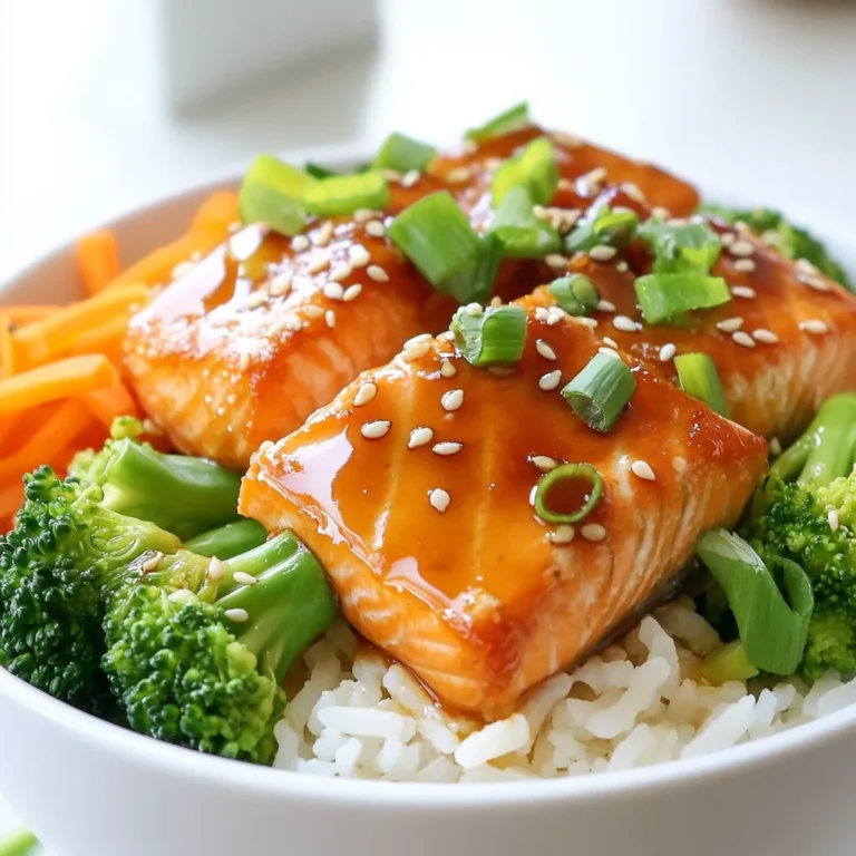 - 2 salmon fillets - 1/4 cup soy sauce - 2 tablespoons brown sugar - 2 tablespoons honey - 1 tablespoon rice vinegar - 1 tablespoon sesame oil - 1 teaspoon grated ginger - 1 teaspoon garlic, minced - 1 cup jasmine rice - 2 cups water - 1 cup steamed broccoli florets - 1 carrot, julienned - 1/4 cup green onions, sliced - Sesame seeds, for garnish - Salt and pepper, to taste Each ingredient plays a key role in the flavor and texture of the dish. The salmon is rich and buttery, while the marinade gives it a sweet and savory kick. Jasmine rice adds a light and fragrant base. Fresh veggies add color and crunch. Don't forget the sesame seeds and green onions for that final touch! {{ingredient_image_1}} To make the rice, start by rinsing 1 cup of jasmine rice under cold water. This step helps remove excess starch. You want the water to run clear. Next, in a medium saucepan, combine the rinsed rice and 2 cups of water. Bring this mixture to a boil. Once boiling, reduce the heat to low. Cover the pot and let it simmer for about 15 minutes. The rice will absorb the water and become tender. After 15 minutes, remove the pot from heat. Let it sit, covered, for 5 minutes. This resting time helps the rice finish cooking. Finally, fluff the rice with a fork to separate the grains. For the salmon, you will need 2 fillets. In a small bowl, whisk together 1/4 cup of soy sauce, 2 tablespoons of brown sugar, 2 tablespoons of honey, 1 tablespoon of rice vinegar, and 1 tablespoon of sesame oil. Add 1 teaspoon of grated ginger and 1 teaspoon of minced garlic to the mix. This marinade gives the salmon a sweet and savory flavor. Place the salmon fillets in a shallow dish and pour the marinade over them. Make sure to coat the salmon well. Let it marinate for at least 15 minutes. This step infuses the fish with the rich flavors. Heat a non-stick skillet over medium-high heat. While the skillet warms up, remove the salmon from the marinade but keep the marinade for later. Lightly season the salmon with salt and pepper. Place the salmon skin-side down in the skillet. Cook for about 4 to 5 minutes without moving it. This helps the skin get crispy. After that, flip the salmon and cook for an additional 3 to 4 minutes. The salmon is done when it flakes easily with a fork. After cooking the salmon, use the same skillet to make the teriyaki sauce. Pour the reserved marinade into the skillet and bring it to a simmer. Let it cook for 2 to 3 minutes. This will thicken the sauce slightly. Stir it often to prevent burning. The sauce will become glossy and rich, perfect for drizzling over your dish. Now for the fun part—assembling your rice bowls! Start with a generous portion of the jasmine rice in each bowl. Place a cooked salmon fillet on top of the rice. Drizzle the thickened teriyaki sauce over the salmon. Next, add some steamed broccoli florets and julienned carrots for color and crunch. This adds a nice variety of textures. To finish, sprinkle sliced green onions over the top. Add a few sesame seeds for extra flavor and a delightful crunch. Your teriyaki salmon rice bowls are now ready to serve. Enjoy them warm for a tasty and filling meal! To make the best jasmine rice, rinse it first. Rinsing removes excess starch. Use cold water until it runs clear. This keeps your rice fluffy, not sticky. Use a medium saucepan for cooking. Combine 1 cup of rice with 2 cups of water. Bring it to a boil, then lower the heat. Cover and simmer for 15 minutes. Let it sit for 5 minutes after cooking. Fluff it gently with a fork for the perfect texture. Marinating the salmon is key for flavor. Combine soy sauce, brown sugar, honey, rice vinegar, sesame oil, ginger, and garlic. Let the salmon soak in this mix for at least 15 minutes. This makes the salmon sweet and savory. When cooking, use medium-high heat for a nice sear. Cook skin-side down first for crispy skin. Flip the salmon gently. Cook until it flakes easily. This ensures a tender, flavorful meal. You can change the marinade to fit your taste. Try adding orange juice for a citrus twist. Use maple syrup instead of honey for a different sweetness. For heat, add a splash of sriracha or chili flakes. Feel free to add herbs like cilantro or basil. These changes can bring new life to your dish. Experiment to find your favorite combination! Pro Tips Fresh Ingredients: Always opt for fresh salmon fillets as they enhance the flavor and texture of the dish. Marinating Time: For a deeper flavor, consider marinating the salmon for at least 30 minutes or up to 2 hours in the refrigerator. Cooking Technique: To achieve crispy skin, ensure the skillet is hot enough before adding the salmon and avoid moving it too much while cooking. Custom Veggies: Feel free to swap out the broccoli and carrots for your favorite vegetables like bell peppers or snap peas for a personal twist. {{image_2}} You can swap salmon for other proteins. Chicken works well. Just use chicken breasts and follow the same marinade. Tofu is a great choice for a plant-based option. Press and cube the tofu, then marinate it like the salmon. Shrimp is another tasty option. Cook the shrimp until pink and toss them in the teriyaki sauce for extra flavor. Feel free to change the veggies in your bowl. Snap peas add a nice crunch. Bell peppers bring color and sweetness. You can also use zucchini or spinach for a fresh taste. Mix and match your favorites to make it your own. Just remember to steam or sauté any veggies for the best texture. Jasmine rice is great, but try other options too. Brown rice adds more fiber and a nutty taste. Sushi rice gives a sticky texture, perfect for bowls. Quinoa is a healthy swap, adding protein and a unique flavor. Experiment with these different grains to find what you like best. Each type will change the vibe of your dish. You can store leftover teriyaki salmon rice bowls in an airtight container. Let the dish cool down first. It will stay fresh in the fridge for up to 3 days. Keep the salmon and veggies in separate containers if you prefer. This helps maintain their texture and flavor. To reheat, use the microwave or stovetop. If using a microwave, place the bowl in for about 1-2 minutes. Stir halfway through to heat evenly. On the stovetop, warm it in a skillet over low heat. Add a splash of water or sauce to keep it moist. Heat until warm throughout. You can freeze the salmon and rice separately. Wrap each item in plastic wrap, then place them in a freezer bag. They can last in the freezer for up to 3 months. Thaw in the fridge overnight before reheating. This way, you keep the best taste and texture. You can use basmati rice or white rice. Both have good flavor. Quinoa is a nice option too. It adds protein and a different texture. For a low-carb choice, try cauliflower rice. It cooks quickly and soaks up flavors well. I recommend marinating the salmon for at least 15 minutes. This lets the flavors soak in. If you have time, you can marinate it for up to 1 hour. Just don’t go too long; the acid in the marinade can change the texture. Yes, chicken or tofu works great instead of salmon. For chicken, use boneless thighs or breasts. Cook until the internal temp reaches 165°F. Tofu is a great plant-based option; just press it before cooking to remove excess water. Teriyaki sauce is made of soy sauce, sugar, and honey. You also add ginger and garlic for flavor. Some recipes include rice vinegar or sesame oil for extra taste. This mix creates that sweet and savory profile we all love. To make this dish gluten-free, use tamari instead of soy sauce. Tamari is similar but does not contain gluten. Check that your rice vinegar and sesame oil are also gluten-free. This way, you can enjoy the same great flavors safely. This blog post covered the key ingredients for a tasty salmon rice bowl. You learned how to prepare jasmine rice, marinate salmon, and assemble the dish. I shared tips for perfecting the rice and salmon flavors. You can also explore variations for proteins and veggies. Lastly, we discussed how to store and reheat leftovers. With these steps, you can create a satisfying meal anytime. Enjoy experimenting and making this dish your own!