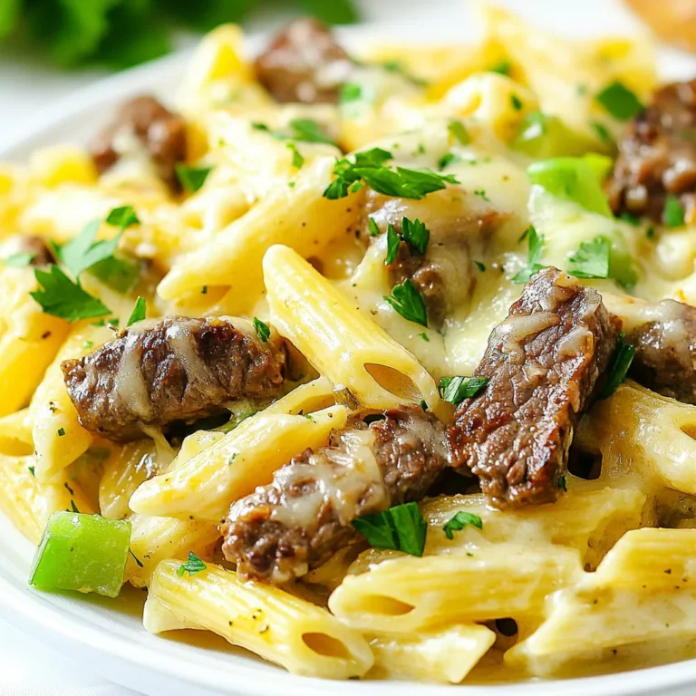 To create this tasty dish, you need the following key ingredients: - 8 ounces of penne pasta - 1 pound of ribeye steak, thinly sliced - 1 tablespoon olive oil - 1 green bell pepper, thinly sliced - 1 medium onion, thinly sliced - 2 cloves garlic, minced - 1 cup beef broth - 1 tablespoon Worcestershire sauce - 1 cup cream cheese - 1 cup shredded provolone cheese - Salt and pepper to taste - Fresh parsley, chopped (for garnish) Each of these ingredients plays a vital role in building flavor. The ribeye steak adds richness. The bell pepper and onion bring sweetness and texture. Cream cheese makes the dish creamy and smooth. If you can't find some of these ingredients, don't worry! Here are some easy swaps: - Pasta: You can use any pasta shape you like, such as fusilli or rotini. - Steak: Sirloin or skirt steak works well too. - Cream Cheese: You could use sour cream or even Greek yogurt for a tangy twist. - Provolone Cheese: Mozzarella or Monterey Jack can be good substitutes. These alternatives will keep the dish delicious while fitting your needs. Adding some extra touches can elevate your Philly cheesesteak pasta. Here are a few options: - Fresh Parsley: A sprinkle adds color and freshness. - Red Pepper Flakes: For some heat, sprinkle a few on top. - Grated Parmesan: A bit of this cheese adds a salty flavor. - Chopped Green Onions: They add a nice crunch and a pop of color. Feel free to get creative with your garnishes. They can make your dish even more fun and enjoyable! {{ingredient_image_1}} Start by boiling water in a large pot. Add a pinch of salt to the water. Once it boils, add the 8 ounces of penne pasta. Cook it according to the package instructions, usually about 10 to 12 minutes. Stir occasionally to keep it from sticking. When done, drain the pasta and set it aside. Grab a large skillet and heat 1 tablespoon of olive oil over medium-high heat. Thinly slice your 1 pound of ribeye steak and season it with salt and pepper. Add the steak slices to the skillet. Sear the steak for about 2 to 3 minutes. You want it browned but not fully cooked. Once done, remove it from the skillet and set it aside. In the same skillet, add 1 thinly sliced green bell pepper and 1 thinly sliced medium onion. Sauté these for about 4 to 5 minutes until they soften. Then, add 2 minced garlic cloves and sauté for another minute until you smell that great aroma. Return the steak to the skillet. Pour in 1 cup of beef broth and 1 tablespoon of Worcestershire sauce. Stir well and let this mix simmer for about 5 minutes. Lower the heat to medium-low. Now, stir in 1 cup of cream cheese until it melts and blends in. Add the cooked penne pasta to this mix. Toss everything together until the pasta is well coated. Finally, stir in 1 cup of shredded provolone cheese. Mix until it melts and becomes creamy. Taste your dish and adjust with more salt and pepper if needed. Let it sit for a couple of minutes to thicken slightly. Serve hot, and don't forget to garnish with fresh chopped parsley for that lovely touch! To get the best taste, use fresh ingredients. Fresh ribeye gives a juicy bite. Slice it thinly for quick cooking. Sauté the veggies until they soften. This step adds sweetness. Don’t rush adding the cream cheese. Let it melt slowly for creaminess. Taste and adjust salt and pepper to your liking. Use a large skillet for even cooking. Heat it well before adding the steak. Sear the steak quickly to lock in juices. After that, sauté the veggies. They should be tender but not mushy. Mixing the cream cheese over low heat helps it melt smoothly. Tossing the pasta in the sauce ensures every bite is flavorful. One common mistake is overcooking the steak. You want it browned but not dry. If your sauce is too thick, add a bit more beef broth. This will bring it back to the right consistency. Remember, let the dish sit after cooking. This helps it thicken and makes serving easier. Finally, don’t skip the parsley. It adds a fresh touch and bright color. Pro Tips Choose Quality Meat: Opt for high-quality ribeye steak for the best flavor and tenderness. Look for marbling to ensure juiciness. Vegetable Variations: Feel free to add other vegetables like mushrooms or spinach for extra nutrition and flavor. Just sauté them along with the onions and peppers. Adjust Creaminess: For a creamier sauce, gradually add more cream cheese or even a splash of heavy cream. This will make the dish richer. Perfect Pasta: Make sure to cook the penne pasta al dente. It will continue to cook slightly when mixed with the sauce, preventing it from becoming mushy. {{image_2}} You can swap ribeye steak for chicken. Thinly sliced chicken works well. Just cook it until golden brown. For a plant-based option, try tofu. Use firm tofu and press it to remove moisture. Sauté it until crispy. Both options add unique flavors to the dish. If you want a lighter option, use zoodles. Zoodles are spiralized zucchini. They cook quickly and add freshness. For a gluten-free meal, choose gluten-free pasta. Many brands offer tasty alternatives. Both options keep the dish fun and healthy. You can boost flavor with spices. Try adding paprika or black pepper for heat. Fresh herbs like thyme or oregano bring depth. For more veggies, toss in mushrooms or spinach. These additions make the dish colorful and tasty. Get creative and adjust to your taste! After enjoying your Philly cheesesteak pasta, let it cool first. Place leftovers in an airtight container. This keeps it fresh and tasty. Store it in the fridge for up to three days. To reheat, use a skillet. Add a splash of water or broth to keep it moist. Heat on low, stirring often until warmed through. You can also microwave it in a bowl. Cover it with a damp paper towel to prevent drying out. Heat for about one to two minutes, stirring halfway. Want to save some for later? You can freeze it! Let the pasta cool completely. Then, pack it in a freezer-safe container. It lasts well for up to three months. When ready to eat, thaw it overnight in the fridge. Reheat it as mentioned above for a quick and tasty meal. Philly Cheesesteak Pasta mixes two classic dishes: pasta and the famous Philly cheesesteak. The cheesesteak started in Philadelphia in the 1930s. It features thinly sliced beef and melted cheese in a roll. Over time, cooks began to adapt this favorite into other meals. Pasta became a popular choice. This dish combines creamy cheese and savory beef with pasta. It gives you the best of both worlds. Yes, you can make this dish ahead of time. Prepare the pasta and sauce, then store them separately. Keep the pasta in an airtight container. Store the sauce in another container. When ready to eat, reheat the sauce and mix with the pasta. This keeps the pasta from getting soggy. You can also add cheese just before serving. To add spice, you can include red pepper flakes. Just a pinch goes a long way. If you want more heat, try diced jalapeños. You can also use spicy cheese like pepper jack. For an extra kick, add hot sauce to the sauce mixture. Adjust the spice to your taste for the perfect heat level. You now have a clear guide to make Philly cheesesteak pasta. We discussed key ingredients, easy substitutions, and optional garnishes to add flavor. The step-by-step instructions will help you cook pasta perfectly and prepare the steak and veggies just right. With tips on flavor and cooking techniques, you’ll avoid common mistakes. Explore variations like chicken or zoodles for a twist. Finally, know how to store and reheat leftovers efficiently. Feel free to experiment and enjoy your delicious dish!