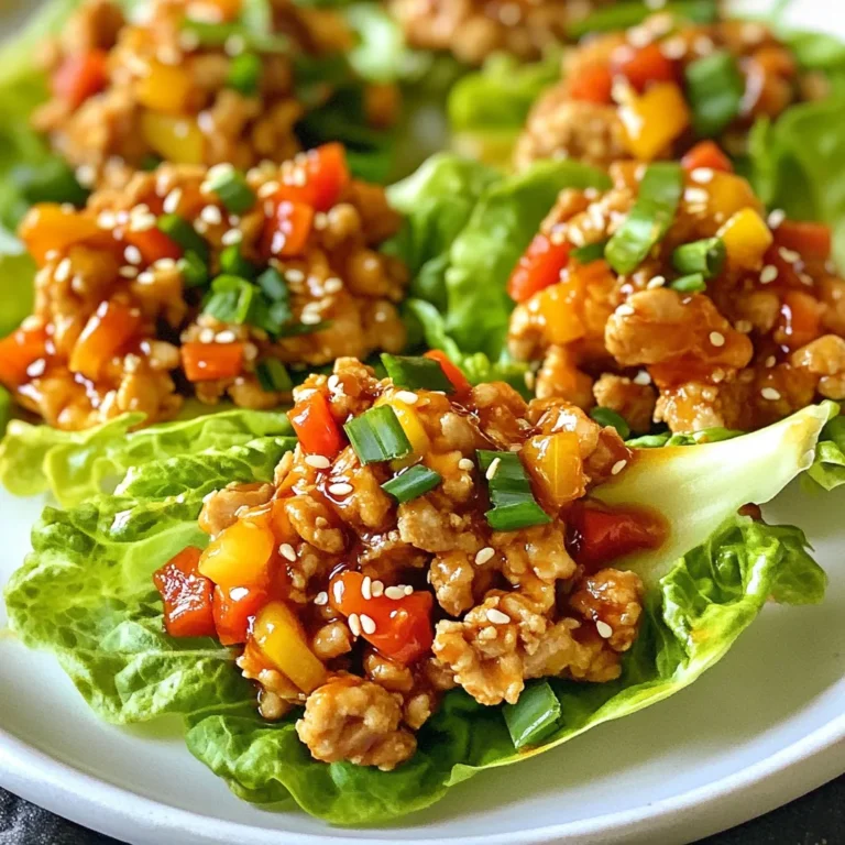- 1 lb ground chicken - 1 tablespoon olive oil - 1 tablespoon minced garlic - 1 tablespoon fresh ginger, grated - 3 tablespoons honey - 3 tablespoons Sriracha sauce - 2 tablespoons soy sauce (or tamari for gluten-free) - 1 teaspoon sesame oil - 1 red bell pepper, diced - 1/2 cup carrots, grated - 1/4 cup green onions, sliced - 1 head of butter or iceberg lettuce, leaves separated - Sesame seeds for garnish You can swap ground chicken for ground turkey or pork. Both work well. If you want a vegetarian option, use chopped mushrooms or crumbled tofu. For gluten-free, choose tamari instead of soy sauce. Honey can be replaced with maple syrup for a vegan option. If you don’t have Sriracha, use another hot sauce or chili paste. Ground chicken is a lean protein that builds muscles. Garlic and ginger add flavor and boost your immune system. Honey provides natural sweetness and has antioxidants. Bell peppers are high in vitamin C and add crunch. Carrots offer beta-carotene, good for your eyes. Lettuce is low in calories and adds fiber to your diet. Sesame seeds contain healthy fats and support heart health. {{ingredient_image_1}} - Start by gathering all your ingredients. - Dice the red bell pepper and slice the green onions. - Grate the carrots and ginger. - Separate the lettuce leaves and wash them. This prep makes the cooking process smooth and quick. You want everything ready to go. It helps to have your tools near. A sharp knife and cutting board will make work easier. 1. Heat one tablespoon of olive oil in a large skillet over medium heat. 2. Add one tablespoon of minced garlic and one tablespoon of grated ginger. Stir them for about one minute. This helps release their great aroma. 3. Now, add one pound of ground chicken. Cook until it turns brown and is fully cooked. Break it apart with a spatula. This should take about five to seven minutes. 4. While the chicken cooks, mix three tablespoons of honey, three tablespoons of Sriracha sauce, two tablespoons of soy sauce, and one teaspoon of sesame oil in a small bowl. 5. Once the chicken is cooked, pour the sauce mixture over it. Stir well to coat the chicken. Let it heat for two to three minutes. 6. Next, stir in the diced red bell pepper and grated carrots. Mix well and cook for another two minutes. 7. Remove the skillet from heat and fold in the sliced green onions. To serve, take a lettuce leaf and spoon the chicken mixture into its center. You can fold or wrap the leaf around the filling. This makes it easy to eat. For a nice touch, sprinkle sesame seeds on top. Arrange the wraps on a platter. You can add lime slices on the side for extra zest. Enjoy your fresh and tasty Honey Sriracha Chicken Lettuce Wraps! - Use fresh ingredients. Fresh garlic and ginger make a big difference. - Control the heat. Adjust the Sriracha to match your taste. - Mix the sauce well. Make sure every bite has flavor. - Cook chicken evenly. Stir often to avoid burning. - Let it rest. Allow the chicken to sit before serving for better flavor. - Overcooking the chicken can make it dry. Cook until just done. - Skipping the sauce mix can lead to bland chicken. Always coat well. - Not using enough lettuce can make wraps messy. Use enough leaves to hold everything. - Forgetting to garnish can take away from the presentation. Sesame seeds add flavor and charm. - A large skillet is perfect for cooking the chicken. - A spatula helps to break up the chicken while cooking. - Small bowls are useful for mixing the sauce. - A grater makes quick work of fresh ginger and carrots. - A platter is great for serving the lettuce wraps neatly. Pro Tips Use Fresh Ingredients: Whenever possible, opt for fresh vegetables and herbs to enhance the flavor and nutritional value of your wraps. Control the Heat: Adjust the amount of Sriracha based on your spice preference. Start with less and add more if you like it spicier! Customize Your Fillings: Feel free to add other vegetables like cucumbers or snap peas for added crunch and flavor. Make Ahead: Prepare the chicken mixture in advance and store it in the fridge. Just warm it up before serving to save time! {{image_2}} To make these wraps gluten-free, simply switch the soy sauce for tamari. Tamari is a great gluten-free option that has a rich taste. You also want to check any other sauces you use. Most honey and Sriracha brands are gluten-free, but it's always smart to read labels. For a vegetarian twist, use crumbled tofu instead of ground chicken. Tofu absorbs flavors well and gives a nice texture. If you want a vegan option, replace honey with maple syrup. The maple syrup adds a sweet touch that pairs well with Sriracha. You can also mix in more veggies, like mushrooms or zucchini, for extra flavor. You can spice things up by adding different spices like cumin or paprika. A dash of cayenne will add heat without overpowering the dish. Feel free to mix in more veggies too. Try adding chopped mushrooms, shredded cabbage, or even snap peas for crunch. These additions bring new flavors and textures to your wraps, making each bite exciting. Store any leftover Honey Sriracha chicken in an airtight container. Make sure the chicken cools to room temperature first. This keeps the flavor fresh. Place the container in the fridge. It will last for about 3-4 days. You can freeze the chicken mix for longer storage. Use a freezer-safe bag or container. Make sure to remove as much air as possible. It can stay good for up to 2 months. When you are ready to eat, thaw it in the fridge overnight. Reheating is easy! You can use the microwave or the stovetop. For the microwave, heat in short bursts. Stir the chicken to heat it evenly. If using the stovetop, warm it over low heat. Add a splash of water or broth to keep it moist. Serve it in fresh lettuce wraps for the best taste! You can pair these wraps with many sides. I recommend jasmine rice or quinoa. They add a nice base. You could also enjoy them with a fresh cucumber salad. A light dipping sauce can enhance the flavors too. Try a tangy soy sauce or a spicy chili sauce. To turn up the heat, add more Sriracha. You can also mix in a pinch of cayenne pepper. Fresh chopped chili peppers will bring a fiery kick. Another great option is to serve with hot sauce on the side. This lets each person control their spice level. Absolutely! Ground turkey or beef works well in this recipe. If you prefer seafood, try shrimp or crab. For a plant-based option, use crumbled tofu or tempeh. Just adjust the cooking time as needed for each protein type. This dish is quick to prepare. You can make it in just 25 minutes. The prep takes about 10 minutes, and cooking takes around 15 minutes. It's perfect for a busy weeknight meal. This blog covered all the key parts of making Honey Sriracha Chicken. We looked at ingredients, substitutions, and health perks. You learned the steps to prepare, cook, and serve it well. I shared tips to avoid mistakes and tools to use. Variations fit different diets and tastes. Lastly, we talked about storing leftovers and answered common questions. Enjoy trying this dish in your kitchen! Your meals just got more tasty and fun.
