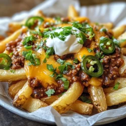 To make chili cheese fries, gather these simple ingredients: - 4 large russet potatoes, cut into fries - 2 tablespoons olive oil - Salt and pepper to taste - 1 teaspoon paprika - 1 cup chili (homemade or canned, vegetarian or meat-based) - 1 cup sharp cheddar cheese, grated - ¼ cup sour cream - 2 green onions, chopped - 1 jalapeño, sliced (optional) - Fresh cilantro for garnish (optional) You can swap some ingredients if needed. Use sweet potatoes instead of russet potatoes for a sweeter flavor. If you want a healthier option, try using air fryer cooking spray instead of olive oil. For cheese lovers, pepper jack cheese adds a nice kick. You can also use Greek yogurt in place of sour cream for a tangy twist. If you prefer a milder taste, omit the jalapeño. Using fresh, quality ingredients makes a big difference in taste. Fresh potatoes give you crispier fries and better flavor. High-quality chili enhances the overall dish. Whether you use homemade or store-bought, choose a chili that you enjoy. Sharp cheddar cheese melts well and adds a rich taste. Always select the best ingredients you can find. This ensures your chili cheese fries are delicious and satisfying. {{ingredient_image_1}} First, let's prepare the fries. Take 4 large russet potatoes and cut them into thick strips. This gives you the perfect fry shape. In a large bowl, toss the cut potatoes with 2 tablespoons of olive oil. Add salt, pepper, and 1 teaspoon of paprika for flavor. Mix well until all fries are coated. This step makes sure your fries are tasty. Next, we need to bake the fries. Preheat your oven to 425°F (220°C). Spread the fries in a single layer on a baking sheet lined with parchment paper. Make sure they are not crowded. Bake for 30-35 minutes. Flip them halfway through for even cooking. They should turn golden and crispy. Watch them closely to avoid burning. Now it’s time to assemble your chili cheese fries! While the fries bake, heat 1 cup of chili in a small saucepan over medium heat until warm. Once the fries are golden, take them out of the oven. Sprinkle 1 cup of grated sharp cheddar cheese evenly over the hot fries. Put them back in the oven for 5-7 minutes. The cheese should melt and bubble. After that, spoon the warm chili over the cheesy fries. For the final touch, add a dollop of sour cream, chopped green onions, and jalapeño slices if you like some heat. Finish with fresh cilantro for a burst of flavor. Enjoy your delicious creation! For crisp fries, choose large russet potatoes. They have less moisture and turn golden. After cutting them into fries, soak them in cold water for 30 minutes. This step removes excess starch. Dry them well before tossing with olive oil, salt, pepper, and paprika. Bake at 425°F for 30-35 minutes, flipping halfway. This ensures even cooking and crispiness. To get the best cheese melt, use sharp cheddar cheese. Grate it yourself for a better texture. Once your fries are golden, sprinkle the cheese evenly over them. Then, return them to the oven for 5-7 minutes. Keep an eye on it to avoid burning. You want it bubbly and slightly browned, not burnt. Add depth to your chili cheese fries with extra toppings. Consider dollops of sour cream for creaminess. Chopped green onions add a nice crunch. If you like heat, sliced jalapeños are great. Fresh cilantro gives a burst of flavor as a garnish. You can also mix spices like cumin or chili powder into your chili for more warmth. Pro Tips Cut Uniformly: Ensure that the potato fries are cut into uniform sizes for even cooking and crispiness. Use Parchment Paper: Lining your baking sheet with parchment paper helps prevent sticking and makes for easier cleanup. Experiment with Cheeses: Try using different types of cheese like Monterey Jack or Pepper Jack for a unique flavor twist. Customize Toppings: Get creative with toppings! Add ingredients like diced tomatoes, olives, or avocado for extra flavor and texture. {{image_2}} You can make chili cheese fries vegetarian or vegan. For vegetarian options, use a hearty chili with beans and veggies. If you want vegan, swap the cheese for a vegan cheese alternative. You can also use cashew cream or a blend of mashed avocado and lime for a creamy touch. These swaps keep the dish tasty and satisfying. Chili comes in many flavors. You can go classic with beef chili or try turkey for a lighter option. For a spicy kick, use chili con carne. If you prefer a milder taste, opt for white chili made with chicken or beans. You can even use a lentil chili for a plant-based twist. Each type brings a unique flavor to your fries. Toppings can change the whole dish. Besides cheese and sour cream, consider adding guacamole or pico de gallo. A drizzle of hot sauce or ranch dressing can spice things up. You might also enjoy adding pickled jalapeños for heat or fresh corn for sweetness. Fresh herbs like cilantro or parsley add color and freshness too. Mix and match to find your perfect combo! To keep your chili cheese fries fresh, let them cool first. Place them in an airtight container. Make sure to store them in the fridge. They will stay good for about three days. Avoid stacking them to keep the fries crispy. When you are ready to eat, reheat them in the oven. Preheat your oven to 350°F (175°C). Spread the fries on a baking sheet and heat for about 10-15 minutes. This method helps keep them crispy. You can also use a microwave, but they may get soggy. Freezing chili cheese fries is also an option. First, cool them completely. Then, place them in freezer-safe bags. Remove as much air as you can before sealing. They can last up to a month in the freezer. To enjoy, thaw them in the fridge overnight, and reheat as mentioned. For the best fries, use large russet potatoes. They are starchy and make crispy fries. You can also try Yukon Gold potatoes. They are creamier and taste great too. Always cut them evenly to ensure they cook at the same time. Chili cheese fries last about three days in the fridge. Store them in an airtight container. The fries may get soft, but the flavor stays good. You can also freeze them for up to a month. Just reheat them in the oven for best results. Yes, you can make chili cheese fries in an air fryer! Cut the potatoes and toss them in oil and spices. Cook them at 400°F for about 20 minutes. Shake the basket halfway through for even cooking. Then add cheese and chili for a tasty finish. Chili cheese fries pair well with many sides. Try serving them with a fresh salad for balance. You can also add grilled meat or a hearty sandwich. For drinks, cold soda or a light beer works great. In this post, we explored making chili cheese fries from scratch. We covered key ingredients, handy tips, and step-by-step instructions. You learned how to create crisp fries, melt cheese perfectly, and add tasty toppings. Remember, using quality ingredients matters for great flavor. Now you can enjoy delicious chili cheese fries at home. Experiment with variations and have fun!