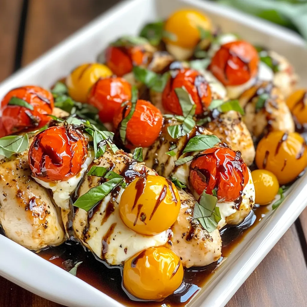To make Caprese Baked Chicken, gather these simple ingredients: - 4 chicken breasts - 2 cups cherry tomatoes, halved - 1 cup fresh mozzarella balls, halved - 1/4 cup fresh basil, chopped - 3 tablespoons balsamic glaze - 2 tablespoons olive oil - Salt and pepper to taste - 1 teaspoon garlic powder - 1 teaspoon Italian seasoning Using the right amounts is key for flavor. Here’s a quick breakdown: - Chicken breasts: Each breast should be about 6 ounces. - Cherry tomatoes: Halving them helps release their flavor. - Fresh mozzarella: Look for small balls, called bocconcini. - Basil: Use fresh leaves for the best taste. - Balsamic glaze: This adds a sweet touch, so use it wisely. - Olive oil: This keeps the chicken moist. - Salt and pepper: Season to your liking. - Garlic powder and Italian seasoning: These enhance the chicken's flavor. You can swap some ingredients if needed: - Chicken: Use thighs for a juicier result. - Tomatoes: Any ripe tomatoes can work in a pinch. - Mozzarella: Try goat cheese for a tangy twist. - Basil: Oregano can substitute, but it changes the taste. - Balsamic glaze: Use vinegar mixed with honey as a quick fix. - Olive oil: Avocado oil is a great alternative for roasting. These swaps can keep your meal fresh and fun! {{ingredient_image_1}} To make Caprese Baked Chicken, gather your ingredients first. You need chicken breasts, cherry tomatoes, mozzarella, basil, balsamic glaze, and some spices. This dish is simple and quick to prepare. Let’s dive into the cooking steps! 1. Preheat your oven to 400°F (200°C). This helps the chicken cook evenly. 2. In a large bowl, mix the halved cherry tomatoes, mozzarella balls, and chopped basil. 3. Drizzle 1 tablespoon of balsamic glaze over the mixture. 4. Season with salt and pepper, then stir gently to combine. 5. In another bowl, coat the chicken breasts with olive oil, garlic powder, Italian seasoning, salt, and pepper. Make sure they are well-covered. 6. Place the seasoned chicken breasts in a baking dish. 7. Top each chicken breast with the tomato and mozzarella mix, spreading it evenly. 8. Drizzle the remaining balsamic glaze over the chicken. 9. Bake in the oven for 25-30 minutes until the chicken reaches 165°F (75°C). 10. Let the chicken rest for a few minutes before serving. This helps keep the juices in. Keep your oven at 400°F (200°C) for the best results. This temperature cooks the chicken well without drying it out. Check the chicken after 25 minutes. If it’s not done yet, give it a few more minutes. Always use a meat thermometer to ensure it’s safe to eat. To make your Caprese Baked Chicken shine, focus on fresh ingredients. Use ripe cherry tomatoes for sweetness. Fresh mozzarella adds a creamy texture. Use high-quality olive oil for a rich flavor. Don’t skip the basil; it brings freshness and aroma. Drizzling balsamic glaze at the end enhances the dish's look and taste. One common mistake is overcooking the chicken. Always check the internal temperature. If it’s over 165°F, the chicken can dry out. Another mistake is not seasoning enough. Season both the chicken and the tomato mixture well. Finally, avoid crowding the baking dish; give the chicken space to cook evenly. To bake your chicken perfectly, preheat your oven to 400°F. Use a meat thermometer to check for doneness. Bake for 25-30 minutes, but check early. Let the chicken rest after baking. This helps the juices settle back in. For added flavor, consider marinating the chicken for a few hours before cooking. Pro Tips Use Fresh Ingredients: For the best flavor, use fresh mozzarella and ripe cherry tomatoes. They will elevate the taste of your Caprese Baked Chicken. Let It Rest: Allow the chicken to rest for a few minutes after baking. This helps the juices redistribute, resulting in a juicier final dish. Experiment with Herbs: Feel free to add other herbs like oregano or thyme to the chicken seasoning for an extra layer of flavor. Make it a Meal: Serve the Caprese Baked Chicken with a side of pasta or a fresh green salad to create a complete meal. {{image_2}} You can mix up the cheese in this dish. While fresh mozzarella is classic, you can try other options. Goat cheese adds a tangy flavor. Feta cheese brings a salty kick. For a creamier touch, use burrata. Each cheese gives a unique taste to your Caprese baked chicken. Feel free to customize your Caprese baked chicken. Add sliced olives for extra saltiness. You can also toss in some spinach for added greens. If you like a bit of spice, add red pepper flakes. These small changes can make the dish your own and keep it exciting. To make this dish low-carb or keto-friendly, skip the tomatoes. Instead, use zucchini or mushrooms for a veggie base. You can also use a low-carb cheese option like cheddar or Monterey Jack. This way, you keep the flavors while lowering the carbs. Enjoy a tasty meal that fits your diet! To store leftovers, let the chicken cool first. Place it in an airtight container. Make sure to separate the chicken from the tomato and cheese mix. This keeps the moisture from making the chicken soggy. You can store it in the fridge for up to three days. When you're ready to eat, preheat your oven to 350°F (175°C). Place the chicken on a baking dish. Cover it with foil to keep it moist. Heat for about 15-20 minutes. You can also use a microwave if you're in a hurry. Just heat on medium for 2-3 minutes or until hot. If you want to freeze Caprese Baked Chicken, it's best to do it before reheating. Wrap each chicken breast well in plastic wrap. Then place them in a freezer-safe bag. You can freeze it for up to three months. When you're ready to eat, thaw it in the fridge overnight. Then follow the reheating instructions above. Yes, you can use chicken thighs instead of breasts. Thighs are juicier and more flavorful. They also stay tender when baked. Just make sure to adjust the cooking time. Thighs may take a bit longer to cook through. Always check for an internal temperature of 165°F (75°C) to ensure safety. Caprese Baked Chicken goes well with many sides. Here are a few tasty options: - Garlic bread or crusty rolls - A fresh green salad - Roasted or steamed vegetables - Quinoa or couscous - Pasta tossed in olive oil and herbs These sides complement the chicken's flavors and add variety to your meal. The best way to know if chicken is cooked is by checking the temperature. Use a meat thermometer and aim for 165°F (75°C) in the thickest part. If you don't have a thermometer, cut into the chicken. The juices should run clear, and the meat should not be pink. Always check multiple pieces to be safe. We covered the key ingredients and detailed steps to make Caprese Baked Chicken. I shared tips to enhance flavor and avoid common mistakes. You can also explore variations to fit your tastes, including low-carb options. Lastly, proper storage can keep your leftovers fresh. Experimenting with this dish can lead to delicious results. Enjoy your cooking journey and don't hesitate to make it your own!