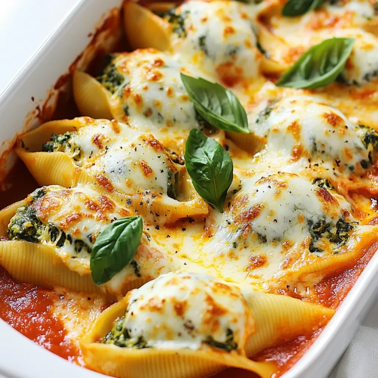 - 20 jumbo pasta shells - 1 cup ricotta cheese - 1 cup shredded mozzarella cheese - 1 cup fresh spinach, chopped - 1/2 cup grated Parmesan cheese - 1 egg, lightly beaten - 2 cups marinara sauce - 1 teaspoon garlic powder - 1 teaspoon Italian seasoning - Salt and pepper to taste - Fresh basil leaves for garnish (optional) To prepare this dish, you need to measure your ingredients carefully. The jumbo pasta shells hold the cheesy filling and add a nice shape. Use one cup of ricotta and one cup of mozzarella to make it creamy. Fresh spinach brings color and nutrients. Grate the Parmesan finely for a rich flavor. The egg helps bind the filling. The marinara sauce adds moisture and zest. Use one teaspoon each of garlic powder and Italian seasoning for taste. Adjust salt and pepper to fit your taste. If you don't have jumbo shells, you can use manicotti. For a lighter option, swap ricotta for cottage cheese. You can also mix in some artichoke hearts or mushrooms with the spinach. If you're short on mozzarella, try provolone or gouda. For a vegan version, use tofu instead of cheese and a vegan egg replacer. {{ingredient_image_1}} Start by heating a large pot of water. Once it boils, add the jumbo pasta shells. Cook them until they are al dente, which means they should still be firm. This takes about 8 to 10 minutes. Drain the shells and let them cool for a few minutes. Set them aside on a plate or tray. You want to avoid sticking, so make sure they have space. In a large bowl, mix the ricotta cheese, 1/2 cup of mozzarella cheese, and grated Parmesan cheese. Add in the chopped fresh spinach. Next, crack one egg and beat it lightly before adding it to the mix. Sprinkle in the garlic powder and Italian seasoning, then add salt and pepper to taste. Stir everything together until it looks creamy and well combined. Take a 9x13 inch baking dish and spread 1 cup of marinara sauce on the bottom. This adds flavor and keeps the shells moist. Now, take each pasta shell and stuff it with the cheese and spinach mixture. Place the filled shells in the baking dish on top of the sauce. Once all the shells are in, pour the rest of the marinara sauce over them. Make sure each shell is covered. Finally, sprinkle the remaining mozzarella cheese on top. Cover the baking dish with aluminum foil. Preheat your oven to 375°F (190°C) if you haven’t done so already. Bake the covered dish for 25 minutes. After that, remove the foil and bake for another 10 to 15 minutes. You will know they are ready when the cheese is bubbly and golden. Once you take the dish out of the oven, let it cool for a few minutes. This helps the filling set. If you want, you can garnish with fresh basil leaves for a pop of color and flavor. Serve the cheesy spinach stuffed shells warm, and enjoy every cheesy bite! To boost flavor in your cheesy spinach stuffed shells, try these tips: - Add spices: Mix in a pinch of crushed red pepper for a kick. - Use fresh herbs: Basil or parsley adds bright notes. - Infuse your sauce: Stir in sautéed onions or bell peppers in the marinara. - Experiment with cheese: Blend in goat cheese or feta for a tangy twist. These small changes can transform your dish into something special. Here are some common mistakes that can ruin your stuffed shells: - Overcooking pasta: Cook them just until al dente. They will soften more while baking. - Skipping the seasoning: Always add salt and pepper to your filling. - Not covering with sauce: Make sure to cover shells with marinara to keep them moist. - Overstuffing shells: Fill them generously, but don’t pack too tightly. Avoiding these errors will help you achieve the best flavor and texture. Stuffing shells can be tricky but follow these tips for success: - Use a piping bag: This makes filling the shells neat and easy. - Spoon in filling gently: Take your time to avoid tearing the shells. - Line them up: Place them in the dish snugly but not overcrowded. - Top with cheese: Always sprinkle extra cheese on top for a cheesy crust. These practices will elevate your dish and make it look great on the table. Pro Tips Use Fresh Spinach: For the best flavor and texture, opt for fresh spinach rather than frozen. Fresh spinach will wilt beautifully and add a vibrant color to your dish. Customize Your Cheese: Feel free to mix in other cheeses like feta or goat cheese for a unique twist. This will enhance the flavor profile of your stuffed shells. Make Ahead: Prepare the stuffed shells in advance and store them in the fridge. Just pop them in the oven when you're ready to serve, making meal time a breeze. Garnish Creatively: Adding fresh basil or a sprinkle of crushed red pepper flakes on top before serving can elevate the dish and provide an extra layer of flavor. {{image_2}} You can mix things up with the filling. Try adding cooked chicken or sausage for extra protein. For a lighter option, use zucchini or mushrooms. They add great flavor and texture. You can also swap spinach for other greens like kale or Swiss chard. Each change gives a fresh twist to this dish. To make this recipe dairy-free, use vegan ricotta or cashew cheese. You can blend soaked cashews with nutritional yeast for a creamy filling. Replace mozzarella with vegan cheese shreds for that melty goodness. For the egg, use flaxseed meal mixed with water. This will bind the filling just as well! While marinara is classic, you can try other sauces. Alfredo sauce adds a rich, creamy touch. Pesto brings a bright, herby flavor. You could even use a tomato basil sauce for a fresh taste. Each sauce choice changes the whole vibe of the dish, so have fun experimenting! You may have some Cheesy Spinach Stuffed Shells left. To store them, let the dish cool down. Transfer the shells to an airtight container. Make sure to cover them well. They will stay fresh in the fridge for up to three days. If you want to keep them longer, consider freezing. To reheat your stuffed shells, you can use the oven or microwave. For the oven, preheat it to 350°F (175°C). Place the shells in a baking dish. Add a spoon of marinara sauce over them for moisture. Cover with foil and heat for about 20 minutes. In the microwave, heat on medium power in short bursts. Check after each minute until warm. If you freeze the shells, they can last for up to three months. Use a freezer-safe container or wrap them tightly in foil. To thaw, move them to the fridge overnight. If you need to hurry, you can use the microwave. After thawing, reheat them following the instructions above. Enjoy your cheesy treat anytime! Bake Cheesy Spinach Stuffed Shells for 25 minutes covered with foil. After that, remove the foil and bake for another 10-15 minutes. This helps the cheese become bubbly and golden. It’s key to check that the dish is hot throughout before serving. Yes, you can make this dish ahead of time. Prepare the shells and fill them, then cover and refrigerate. When ready to bake, you may need to add a few extra minutes to the cooking time. This makes it easy for busy days or when hosting friends. Cheesy Spinach Stuffed Shells pair well with a simple salad or garlic bread. A side of steamed veggies also complements the dish nicely. You can also serve it with extra marinara sauce for dipping. This adds a nice touch and keeps everything flavorful. Yes, there are many ways to adapt this recipe. For a gluten-free option, use gluten-free pasta shells. If you need a dairy-free dish, replace the cheeses with plant-based alternatives. You can also skip the egg for a vegan option. These changes keep the meal tasty while catering to different diets. You now know how to make Cheesy Spinach Stuffed Shells. We covered the key ingredients, measurements, and substitutions. I shared step-by-step instructions for prepping, filling, and baking. Tips helped sharpen your skills, while variations fit different diets and tastes. Don’t forget storage methods to keep leftovers fresh and tasty. These shells are a fun dish for any meal. Try them out, and enjoy the delicious results!