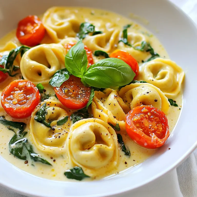- 12 oz cheese tortellini (store-bought or homemade) - 1 cup cherry tomatoes, halved - 2 cups fresh spinach - 1 cup heavy cream - 1 cup vegetable broth - 1 cup grated Parmesan cheese - 3 cloves garlic, minced - 1 teaspoon dried basil - 1 teaspoon olive oil - Salt and pepper to taste - Fresh basil leaves for garnish When making Creamy Tomato Basil Tortellini, measure each ingredient carefully. If you don’t have cheese tortellini, use any pasta shape you like. You can swap heavy cream for half-and-half for a lighter sauce. If you prefer a dairy-free option, try coconut cream or a nut-based cream instead. Pick ripe cherry tomatoes; they should feel firm and smell sweet. Fresh spinach should look bright and crisp. Always choose a high-quality Parmesan cheese for the best flavor. When you buy olive oil, go for extra virgin for its rich taste. Avoid oils that look cloudy or have an off smell. Fresh basil adds a lovely aroma, so buy it just before cooking for the best impact. {{ingredient_image_1}} 1. Start by boiling a large pot of salted water. When it boils, add the cheese tortellini. Cook it according to the package instructions. Once cooked, drain the tortellini and set it aside. 2. In a large skillet, heat 1 teaspoon of olive oil over medium heat. Add 3 minced garlic cloves. Sauté the garlic for about 1 minute until it smells good. 3. Now, add 1 cup of halved cherry tomatoes. Cook these for 3-4 minutes. They should soften and let out their juices. 4. Pour in 1 cup of vegetable broth. Bring this mixture to a simmer. Let it simmer for about 5 minutes. 5. Lower the heat and stir in 1 cup of heavy cream and 1 teaspoon of dried basil. Simmer this sauce for another 2-3 minutes while stirring now and then. 6. Add 1 cup of grated Parmesan cheese to the sauce. Stir until it melts and mixes well. Season with salt and pepper to taste. 7. Gently fold in the cooked tortellini and 2 cups of fresh spinach. Allow the spinach to wilt slightly. Cook for another 2 minutes until everything is hot. 8. Finally, take it off the heat and serve right away. Garnish with fresh basil leaves on top. - Tip 1: Keep the water at a rolling boil when cooking tortellini for the best texture. - Tip 2: Ensure the garlic is not brown; it should be fragrant but light. - Tip 3: For a creamy sauce, stir in the cheese slowly to avoid clumps. - Mistake 1: Not salting the water can lead to bland tortellini. - Mistake 2: Overcooking the tortellini can make it mushy. - Mistake 3: Adding the cheese too quickly can create lumps in the sauce. - Mistake 4: Skipping the fresh basil for garnish removes a burst of flavor. To make a rich, creamy sauce, use heavy cream. This gives a great texture. Heat the cream slowly to avoid curdling. Stir often to blend flavors well. Add grated Parmesan cheese at the end for a smooth finish. This cheese adds depth and richness. Fresh garlic brings a bright taste. Sauté it until fragrant but don’t burn it. Cherry tomatoes add sweetness and acidity. Use ripe tomatoes for the best flavor. A sprinkle of salt and pepper helps bring out the taste. Fresh basil leaves add a burst of freshness at the end. Cook tortellini in large pots of salted water. This helps them cook evenly. Follow package instructions for the best texture. Drain them gently to avoid breaking. Toss them in the sauce right after cooking. This keeps the tortellini warm and absorbs flavor. Pro Tips Use Fresh Ingredients: For the best flavor, use fresh spinach and ripe cherry tomatoes. They add vibrant taste and color to the dish. Adjust Creaminess: If you prefer a lighter sauce, you can substitute half of the heavy cream with additional vegetable broth. Perfectly Cooked Tortellini: Be careful not to overcook the tortellini; they should be al dente. They will continue to cook slightly when mixed with the sauce. Garnish for Flavor: Don’t skip the fresh basil leaves for garnish; they add a burst of flavor and a beautiful presentation to the dish. {{image_2}} You can change up the creamy tomato basil tortellini by using different ingredients. If you want more protein, add cooked chicken or shrimp. For a heartier dish, you can mix in mushrooms or zucchini. You can also swap cherry tomatoes for sun-dried tomatoes for a richer flavor. If you're a fan of spice, consider adding crushed red pepper flakes for a kick. The options are endless, so feel free to get creative! This dish can easily fit many diets. To make it vegan, replace cheese tortellini with a plant-based version. Use coconut cream instead of heavy cream. Nutritional yeast can add that cheesy flavor you may miss. For gluten-free options, choose gluten-free tortellini. Check the broth and cheese labels to ensure they meet dietary needs. This way, everyone can enjoy this tasty meal! Creamy tomato basil tortellini pairs well with many sides. A simple side salad with mixed greens and a light vinaigrette complements the dish nicely. Garlic bread is a classic choice that adds crunch and flavor. You can also serve it with roasted vegetables for added nutrition. For a comforting touch, sprinkle some extra Parmesan on top before serving. Enjoy this dish with family or friends for a delightful weeknight dinner! To keep your creamy tomato basil tortellini fresh, place leftovers in an airtight container. Store it in the fridge for up to three days. Make sure the dish cools before sealing. This helps keep the texture and flavor intact. You can freeze this dish for longer storage. First, let it cool completely. Then, transfer it to a freezer-safe container. Enjoy it for up to three months in the freezer. To thaw, move it to the fridge overnight. This method ensures even thawing and helps maintain the sauce's creaminess. When you're ready to enjoy leftovers, reheat them gently. You can use a microwave or a skillet. If using a microwave, heat in short bursts. Stir after each burst to avoid hot spots. If using a skillet, add a splash of broth or cream. This helps bring back the creamy texture. Cook over low heat until warmed through. Leftovers of creamy tomato basil tortellini can last for about 3 to 4 days. Store them in an airtight container in the fridge. Make sure the dish cools before sealing. This helps keep the flavors fresh. Yes, you can use frozen tortellini. Cooking frozen tortellini is easy. Just add it directly to boiling water. Follow the package instructions for cooking time. It’s a quick way to enjoy this meal. If you want a lighter option, use half-and-half instead of heavy cream. You can also try coconut cream for a dairy-free choice. Silken tofu blended with a bit of milk works well too. Each option brings a unique flavor. Absolutely! This dish is great for meal prep. You can cook a big batch and store it in single servings. Just remember to let it cool before you pack it. It reheats well, making your week easier. You can prepare the sauce ahead of time. Just cook the sauce and store it in the fridge. Cook the tortellini fresh when you’re ready to eat. This keeps the pasta from getting soggy. Mixing them just before serving keeps everything tasty. This blog post covered all you need for a great tortellini meal. We talked about essential ingredients, step-by-step cooking, and helpful tips. I shared ways to enhance flavor and offered variations for different diets. You now know how to store leftovers properly. Remember, cooking is fun. Try new things and make it your own. Enjoy your tortellini!
