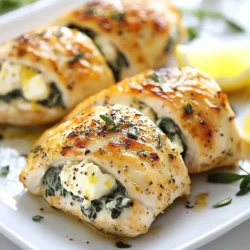 To make Rolled Chicken with Feta and Spinach, gather these ingredients: - 4 boneless, skinless chicken breasts - 1 cup fresh spinach, chopped - 1/2 cup feta cheese, crumbled - 1/4 cup cream cheese, softened - 2 cloves garlic, minced - 1 teaspoon dried oregano - 1 teaspoon lemon zest - Salt and pepper to taste - 1 tablespoon olive oil - Toothpicks or kitchen twine This list includes all the essentials to create a tasty dish. Each ingredient plays a key role. The chicken is your main base. Spinach adds freshness, while feta gives a salty kick. Cream cheese makes the filling rich and creamy. Garlic and oregano enhance the flavors. Lemon zest brightens everything up. Finally, olive oil helps with cooking and adds flavor. You also need toothpicks or twine to keep the rolls tight. With these ingredients, you are ready to start cooking! {{ingredient_image_1}} 1. First, I preheat my oven to 375°F (190°C). This step is key for even cooking. 2. Next, I grab a mixing bowl. I combine chopped spinach, crumbled feta, and softened cream cheese. 3. I add minced garlic, dried oregano, lemon zest, salt, and pepper. I mix well until smooth. 4. Now, I prepare the chicken breasts. I place them between plastic wrap and gently pound them. 5. I aim for about 1/2 inch thick. This helps the chicken cook evenly and roll easily. 1. I lay the pounded chicken breasts flat on my counter. 2. I spoon an equal portion of the spinach-feta mixture onto each breast. I spread it evenly. 3. Then, I carefully roll each chicken breast from one end to the other. 4. I secure the rolls with toothpicks or tie them with kitchen twine. This keeps the filling inside. 1. In a large oven-safe skillet, I heat olive oil over medium-high heat. 2. I add the chicken rolls seam-side down. I sear them for about 4 minutes until golden brown. 3. Next, I flip the rolls over and move the skillet to the preheated oven. 4. I bake the chicken for 20-25 minutes. I check that the internal temperature reaches 165°F (75°C). 5. Once done, I remove the skillet from the oven. I let the chicken rest for 5 minutes. 6. Finally, I carefully remove toothpicks or twine before slicing the rolls into rounds. To ensure your chicken is juicy, check the internal temperature. Use a meat thermometer. The chicken should reach 165°F (75°C). This step helps prevent undercooking or overcooking. After cooking, let the chicken rest for five minutes. This resting time keeps the juices inside the meat. To boost the taste, consider adding spices. Try paprika or thyme for a different twist. Fresh herbs like basil or parsley add brightness too. Pair your chicken with a tangy lemon sauce or a creamy garlic dip. For sides, roasted vegetables or a fresh salad work well. Make your dish look stunning by garnishing it. Fresh herbs like parsley or dill add color. Lemon wedges on the side brighten the plate. Serve the chicken on a beautiful platter for gatherings. Drizzling balsamic reduction adds both flavor and a visual appeal. Pro Tips Use Fresh Spinach: Fresh spinach provides a vibrant flavor and texture compared to frozen. Make sure to wash it thoroughly before using. Don't Overstuff: While it's tempting to add extra filling, overstuffing the chicken can make it difficult to roll and cook evenly. Stick to a moderate amount. Let it Rest: Allowing the chicken to rest after baking helps retain its juices, resulting in a more tender and flavorful dish. Experiment with Cheese: Feel free to mix different types of cheese, such as goat cheese or mozzarella, for a unique flavor profile in your stuffed chicken rolls. {{image_2}} You can change the cheese in this recipe. Try goat cheese or ricotta for a different taste. You can also use cheddar or mozzarella, depending on your preference. For greens, replace spinach with kale or Swiss chard. You can even mix in some roasted red peppers or sun-dried tomatoes for extra flavor. If you need a gluten-free option, this recipe is already safe. Just make sure the cheeses and other ingredients are gluten-free. For low-fat substitutions, use low-fat cream cheese or skip it altogether. You could also use chicken breasts without skin for a leaner meal. Want to spice things up? Add some crushed red pepper flakes for heat. You can also try adding herbs like basil or thyme for a fresh twist. For a sweet touch, consider adding a bit of honey to the filling. This will balance well with the tangy feta. To keep your rolled chicken fresh, follow these easy steps: - Refrigerating cooked chicken: Place any leftovers in an airtight container. They stay good in the fridge for up to three days. Always let the chicken cool first before sealing it to maintain moisture. - Freezing guidelines: For longer storage, wrap the chicken tightly in plastic wrap and aluminum foil. You can freeze it for up to three months. Make sure to label the package with the date and contents. When it's time to enjoy your leftovers, here’s how to do it right: - Best methods for reheating without drying out: The oven works best. Preheat it to 350°F (175°C). Place the chicken in a baking dish, cover it with foil, and heat for about 15-20 minutes. This keeps the chicken moist. - Time and temperature recommendations: Heat until it reaches 165°F (75°C) inside. You can use a meat thermometer to check. If you need a quicker option, the microwave can also work. Heat in short bursts, checking often to avoid drying. Bake the rolled chicken for 20 to 25 minutes at 375°F (190°C). Use a meat thermometer to check for doneness. The chicken needs to reach 165°F (75°C) inside. This ensures it is safe and juicy. Yes, you can prepare the chicken rolls a day ahead. Once rolled, wrap them tightly in plastic wrap. Store in the fridge until you are ready to bake. This will save time when you want to serve a tasty meal. Pair this dish with light sides for balance. Good options include: - Roasted vegetables - Quinoa or rice - A fresh salad with lemon vinaigrette These sides enhance the flavors and make a complete meal. You can use frozen chicken breasts, but it’s best to thaw them first. Thaw overnight in the fridge. This helps the chicken cook evenly and keeps it tender. Use a meat mallet to pound them to the right thickness for easy rolling. You learned how to make rolled chicken with feta and spinach. We covered the ingredients, preparation steps, and cooking tips. It's simple to enhance flavors and make variations for different diets. Storing leftovers correctly helps maintain taste. Remember, you can adapt this dish to fit your needs. Whether for a family dinner or a special event, this recipe shines. I hope you try it and enjoy the delicious results.