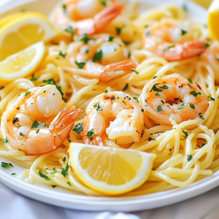 - 8 oz linguine pasta - 1 lb large shrimp, peeled and deveined - 4 cloves garlic, minced The main ingredients for this dish are simple yet essential. Linguine pasta gives a nice base. Large shrimp add a sweet, briny flavor. Garlic brings a warm, inviting taste. - 1/4 cup unsalted butter - 2 tablespoons olive oil - 1 tablespoon lemon zest - 1/4 cup freshly squeezed lemon juice Cooking essentials enhance the dish. Unsalted butter adds richness without extra salt. Olive oil helps cook the shrimp and garlic. Lemon zest and juice brighten the flavors and balance the dish. - 1/2 teaspoon red pepper flakes (adjust to taste) - Salt and pepper to taste - 1/4 cup fresh parsley, chopped - Lemon wedges, for garnish Seasoning and garnish make the dish pop. Red pepper flakes add a nice kick. Salt and pepper enhance all flavors. Fresh parsley gives color and freshness. Lemon wedges are perfect for a burst of flavor. {{ingredient_image_1}} - Start by boiling a large pot of salted water. The salt adds flavor to the pasta. - Once the water boils, add 8 ounces of linguine. Cook it according to the package instructions. - Aim for the linguine to be al dente. This means it should be firm yet tender. - After cooking, save 1 cup of the pasta water. Drain the linguine and set it aside. - In a large skillet, melt 1/4 cup of unsalted butter with 2 tablespoons of olive oil over medium heat. - Once the butter melts, add 4 cloves of minced garlic. Sauté for 1-2 minutes until it smells great. Avoid letting it brown. - Next, add 1 pound of peeled and deveined shrimp. Season with salt, pepper, and 1/2 teaspoon of red pepper flakes. Cook for 3-4 minutes. The shrimp should turn pink and opaque. - Stir in 1 tablespoon of lemon zest and 1/4 cup of freshly squeezed lemon juice. This adds a bright flavor to the shrimp. - Now, add the cooked linguine to the skillet. Toss everything together well. - If the dish seems dry, add some reserved pasta water until you reach your desired texture. - Finally, stir in 1/4 cup of chopped fresh parsley for color and taste. Serve it with lemon wedges on the side for an extra zing. To cook shrimp just right, start with large, fresh shrimp. Look for shrimp that are firm and have a mild smell. When cooking, heat your skillet to medium. Add butter and olive oil, then toss in the shrimp. Cook them for 3-4 minutes. They should turn pink and opaque. If they cook too long, they may become rubbery. Always take them off the heat as soon as they are done. This keeps them tender and juicy. For perfect linguine, use a large pot of boiling salted water. Add the pasta and follow the package instructions. Aim for al dente, which means the pasta should be firm yet tender. This usually takes about 8-10 minutes. Remember to save some pasta water before draining. This water can help adjust your sauce later. To boost flavor, think about your seasoning. You can add more red pepper flakes for heat or extra lemon juice for a zesty kick. Fresh herbs, like parsley, brighten up the dish. For garnishing, serve lemon wedges on the side. This adds a fresh touch and allows guests to add more lemon if they like. Pro Tips Use Fresh Shrimp: For the best flavor and texture, opt for fresh shrimp rather than frozen. If using frozen, ensure they are completely thawed and patted dry before cooking. Don’t Overcook the Shrimp: Shrimp cook quickly; avoid overcooking by removing them from the heat as soon as they turn pink and opaque to maintain their tenderness. Adjust the Heat: If you prefer a spicier dish, feel free to increase the amount of red pepper flakes or add a pinch of cayenne pepper for extra heat. Save Some Pasta Water: Before draining the linguine, reserve some pasta water. This starchy water can help loosen the sauce and bind it to the pasta, enhancing the overall dish. {{image_2}} If you want to switch things up, consider using chicken or scallops. Both options work great in this dish. For chicken, cut it into bite-sized pieces. Cook it in the same butter and oil mix. Make sure it is cooked through before adding the garlic. If you prefer scallops, use large ones. Sear them for about 2-3 minutes on each side. This gives a nice golden crust while keeping them tender. For a vegetarian twist, you can substitute shrimp with vegetables. Try using zucchini, bell peppers, or asparagus. Chop them into small pieces and sauté them in the butter and oil. Cook until they are tender, then add the garlic. You’ll still get that great flavor without the shrimp. If you love heat, add more red pepper flakes to your dish. Start with a pinch and taste as you go. You can always add more, but it’s hard to take it out. On the other hand, if you prefer less spice, use fewer flakes. This dish is flexible, so make it your own! To keep your shrimp scampi linguine fresh, store it in an airtight container. This helps keep it safe and tasty. Place it in the fridge within two hours of cooking. It will stay good for up to three days. Always check for any changes in smell or texture before eating. When reheating shrimp scampi linguine, avoid the microwave if possible. It can make the shrimp tough. Instead, use a skillet over low heat. Add a splash of reserved pasta water to keep it moist. Stir gently until warmed through. This method helps keep the shrimp tender and the sauce creamy. If you want to freeze shrimp scampi linguine, it's best to do so without the shrimp. Cooked shrimp does not freeze well. First, store the linguine and sauce in a container. Make sure to label it with the date. It will last for up to three months in the freezer. When ready to eat, thaw it in the fridge overnight. Then, cook fresh shrimp and mix them in before serving. Shrimp scampi is a simple dish with a few key parts. The main ingredients are: - 8 oz linguine pasta - 1 lb large shrimp, peeled and deveined - 4 cloves garlic, minced - 1/4 cup unsalted butter - 2 tablespoons olive oil - 1 tablespoon lemon zest - 1/4 cup freshly squeezed lemon juice - 1/2 teaspoon red pepper flakes - Salt and pepper to taste - 1/4 cup fresh parsley, chopped - Lemon wedges for garnish These ingredients create a bright and tasty meal. The shrimp brings a sweet flavor, while garlic adds depth. The lemon zest and juice provide a fresh kick. Yes, you can prepare shrimp scampi linguine ahead of time. Cook the linguine and shrimp, then store them separately. Keep the pasta in an airtight container. Store the shrimp mixture in another container. You can refrigerate both for up to two days. When ready to eat, reheat the shrimp in a skillet. Add a splash of water or broth to keep it moist. Toss in the cooked linguine to warm it up. This method keeps your dish fresh and tasty. Several side dishes complement shrimp scampi linguine. Here are some great options: - Garlic bread: Perfect for dipping in the sauce. - Caesar salad: A crisp and refreshing choice. - Steamed asparagus: Adds a nice crunch and color. - Roasted vegetables: A healthy and flavorful addition. These sides enhance the meal without overpowering the shrimp scampi. Enjoy mixing and matching! In this blog post, we explored how to make shrimp scampi linguine, covering the essential ingredients and step-by-step cooking instructions. We shared tips for achieving perfect shrimp and al dente pasta, plus ideas for variations to suit any taste. Finally, we provided helpful storage and reheating tips to keep your meal fresh. Enjoy creating this tasty dish, and remember to have fun while cooking! You can impress family and friends with this simple yet delicious meal.