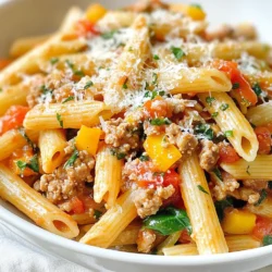- 12 ounces pasta (penne or fusilli work well) - 1 pound ground turkey - 2 tablespoons olive oil - 1 medium onion, finely chopped - 3 cloves garlic, minced - 1 bell pepper (red or yellow), diced - 1 can (14 ounces) crushed tomatoes - 1 tablespoon tomato paste - 1 teaspoon dried oregano - 1 teaspoon dried basil - 1/2 teaspoon red pepper flakes (optional) - Salt and pepper to taste - 1/2 cup fresh spinach, roughly chopped - 1/2 cup grated Parmesan cheese (plus extra for serving) - Large pot for boiling pasta - Large skillet for sautéing - Wooden spoon for stirring - Measuring spoons for precise amounts - Knife and cutting board for chopping When you pick your ingredients, look for fresh produce. Choose firm bell peppers and bright spinach. For tomatoes, go for cans labeled "crushed" for a smooth sauce. Ground turkey should feel firm and not sticky. When it comes to pasta, select brands that say "durum wheat" for the best texture. Fresh Parmesan cheese will add the best flavor. {{ingredient_image_1}} To start, fill a large pot with water and add salt. Bring the water to a boil. Add 12 ounces of pasta, like penne or fusilli. Cook for about 8-10 minutes until the pasta is al dente. Drain the pasta but save about 1 cup of the water. Set the pasta aside. Now, grab a large skillet and heat 2 tablespoons of olive oil over medium heat. Add a finely chopped onion and a diced bell pepper. Sauté these for about 5 minutes until they soften. Next, add 3 minced garlic cloves and cook for another minute until you smell that lovely aroma. Increase the heat to medium-high. Add 1 pound of ground turkey to the skillet. Cook for 5-7 minutes, breaking it up as it cooks. Look for a nice brown color. Season with salt, pepper, 1 teaspoon of dried oregano, and 1 teaspoon of dried basil. This seasoning will boost the flavor. Stir in a 14-ounce can of crushed tomatoes and 1 tablespoon of tomato paste. Mix it all well. Let the sauce simmer gently for about 10 minutes. If the sauce is too thick, add some reserved pasta water slowly until you reach the right consistency. This helps blend all the flavors together. Once the sauce is ready, add the cooked pasta to the skillet. Toss it all together until every piece of pasta is coated with the sauce. Then stir in ½ cup of roughly chopped fresh spinach. Cook for another 2 minutes until the spinach wilts down. Finally, remove the skillet from the heat. Sprinkle ½ cup of grated Parmesan cheese throughout the pasta for extra flavor. Toss everything to combine. You can serve it hot, with more Parmesan on top. If you like heat, add a sprinkle of red pepper flakes. Enjoy your meal! To boost flavor, use fresh herbs. Fresh basil and oregano can make a big difference. You can also add a splash of white wine when cooking the turkey. This adds depth. For more heat, stir in red pepper flakes. They give a nice kick. Finally, finish with a squeeze of lemon juice. This brightens the whole dish. One mistake is overcooking the pasta. Cook it until it is al dente, or firm to the bite. Another error is not seasoning well. Always taste your sauce and adjust salt and pepper. Avoid adding too much liquid when making the sauce. If it's too watery, the pasta won't absorb the flavors. Lastly, don't skip the cheese. It adds richness and creaminess. Use a large pot with plenty of salted water. This helps the pasta cook evenly. Stir the pasta a few times while cooking. This prevents it from sticking together. Always reserve some pasta water before draining. This starchy water can help thicken your sauce. Once the pasta is done, drain it but do not rinse. Rinsing removes the starch that helps sauce cling to the pasta. Pro Tips Cooking Pasta Perfectly: Always salt your pasta water generously. This enhances the flavor of the pasta and is your chance to season it before mixing with the sauce. Adding Depth to Sauce: For a richer flavor, consider adding a splash of red wine to the sauce after browning the turkey. Let it reduce before adding the tomatoes. Fresh Herbs for Brightness: If you have fresh herbs like basil or oregano, use them instead of dried. Add them at the end of cooking for a fresh, vibrant flavor. Leftover Pasta Tips: If you have leftovers, store the pasta and sauce separately to prevent the pasta from getting mushy. Reheat with a splash of water to revive the sauce. {{image_2}} You can change this recipe to suit your taste. Here are some ideas: - Protein Swap: Use ground chicken or beef instead of ground turkey. Each will add a different flavor. - Veggies Galore: Add mushrooms, zucchini, or carrots. These will boost nutrients and taste. - Herbs and Spices: Try thyme or rosemary for a new flavor twist. Fresh herbs can brighten your dish. - Cheese Choices: Replace Parmesan with feta or mozzarella for a creamy finish. These swaps help create new flavors while keeping the meal easy. To make this dish vegetarian, simply replace the turkey with plant-based options. Here’s how: - Meat Alternatives: Use lentils, mushrooms, or plant-based crumbles. These options give protein and texture. - Extra Veggies: Load up on your favorite veggies. Bell peppers, spinach, and eggplant work well. - Creamy Touch: Add a splash of cream or a dollop of ricotta for richness. This adds a nice touch without meat. This way, you still enjoy a hearty meal that’s full of flavor. Spice can make or break a dish. Here are some ways to adjust it: - Mild Flavor: If you like it mild, skip the red pepper flakes. Focus on herbs for flavor instead. - Medium Heat: Use half a teaspoon of red pepper flakes for warmth without too much kick. - Spicy Delight: For heat lovers, add a full teaspoon or even fresh chili. This will spice things up nicely. Tweak the spice level to suit your taste buds. Enjoy your cooking! To store your Ground Turkey Pasta alla Ramsay, let it cool first. Transfer it to an airtight container. Make sure to seal it well. This keeps your leftovers fresh. You can also divide it into smaller portions. This way, you can enjoy it later without thawing the whole batch. When reheating, I suggest using the stove. Place the pasta in a skillet with a splash of water. Heat it on low, stirring often. This method helps keep the pasta moist. You can also use the microwave. Just cover the bowl and heat in short bursts. Stir in between to avoid hot spots. Stored properly, your Ground Turkey Pasta can last 3 to 4 days in the fridge. If you want to keep it longer, consider freezing it. In the freezer, it can last up to 3 months. Just remember to label your containers with the date. This way, you know when to use it. You can use ground chicken or ground beef. Both options offer great flavor. If you want a plant-based choice, try lentils or chickpeas. They add texture and protein too. Yes, you can use whole wheat pasta. It adds fiber and a nutty flavor. Gluten-free pasta is also a good choice. Just follow the cooking instructions on the package for the best results. To make this dish dairy-free, skip the Parmesan cheese. You can add nutritional yeast for a cheesy flavor. Another option is to use a dairy-free cheese substitute. This dish goes well with a simple green salad. Garlic bread is a nice choice too. Steamed vegetables, like broccoli or green beans, add color and crunch. Yes, you can prepare this dish in advance. Cook everything and store it in the fridge. When you're ready to eat, warm it up on the stove. Add a splash of pasta water if it looks dry. In this post, we explored how to make Ground Turkey Pasta alla Ramsay. We covered key ingredients, proper cooking methods, and tips for great flavor. You learned about storing leftovers and adjusting the dish to your taste. Cooking doesn’t have to be hard. With quality ingredients and the right steps, you can create a delicious meal. Embrace your kitchen skills and enjoy cooking this simple yet tasty dish! You’ll impress anyone at the table.