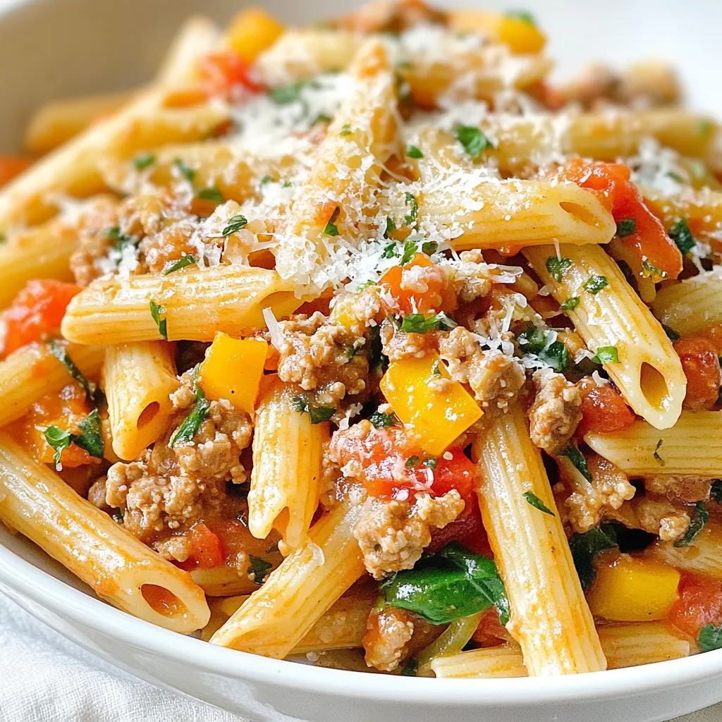 - 12 ounces pasta (penne or fusilli work well) - 1 pound ground turkey - 2 tablespoons olive oil - 1 medium onion, finely chopped - 3 cloves garlic, minced - 1 bell pepper (red or yellow), diced - 1 can (14 ounces) crushed tomatoes - 1 tablespoon tomato paste - 1 teaspoon dried oregano - 1 teaspoon dried basil - 1/2 teaspoon red pepper flakes (optional) - Salt and pepper to taste - 1/2 cup fresh spinach, roughly chopped - 1/2 cup grated Parmesan cheese (plus extra for serving) - Large pot for boiling pasta - Large skillet for sautéing - Wooden spoon for stirring - Measuring spoons for precise amounts - Knife and cutting board for chopping When you pick your ingredients, look for fresh produce. Choose firm bell peppers and bright spinach. For tomatoes, go for cans labeled "crushed" for a smooth sauce. Ground turkey should feel firm and not sticky. When it comes to pasta, select brands that say "durum wheat" for the best texture. Fresh Parmesan cheese will add the best flavor. {{ingredient_image_1}} To start, fill a large pot with water and add salt. Bring the water to a boil. Add 12 ounces of pasta, like penne or fusilli. Cook for about 8-10 minutes until the pasta is al dente. Drain the pasta but save about 1 cup of the water. Set the pasta aside. Now, grab a large skillet and heat 2 tablespoons of olive oil over medium heat. Add a finely chopped onion and a diced bell pepper. Sauté these for about 5 minutes until they soften. Next, add 3 minced garlic cloves and cook for another minute until you smell that lovely aroma. Increase the heat to medium-high. Add 1 pound of ground turkey to the skillet. Cook for 5-7 minutes, breaking it up as it cooks. Look for a nice brown color. Season with salt, pepper, 1 teaspoon of dried oregano, and 1 teaspoon of dried basil. This seasoning will boost the flavor. Stir in a 14-ounce can of crushed tomatoes and 1 tablespoon of tomato paste. Mix it all well. Let the sauce simmer gently for about 10 minutes. If the sauce is too thick, add some reserved pasta water slowly until you reach the right consistency. This helps blend all the flavors together. Once the sauce is ready, add the cooked pasta to the skillet. Toss it all together until every piece of pasta is coated with the sauce. Then stir in ½ cup of roughly chopped fresh spinach. Cook for another 2 minutes until the spinach wilts down. Finally, remove the skillet from the heat. Sprinkle ½ cup of grated Parmesan cheese throughout the pasta for extra flavor. Toss everything to combine. You can serve it hot, with more Parmesan on top. If you like heat, add a sprinkle of red pepper flakes. Enjoy your meal! To boost flavor, use fresh herbs. Fresh basil and oregano can make a big difference. You can also add a splash of white wine when cooking the turkey. This adds depth. For more heat, stir in red pepper flakes. They give a nice kick. Finally, finish with a squeeze of lemon juice. This brightens the whole dish. One mistake is overcooking the pasta. Cook it until it is al dente, or firm to the bite. Another error is not seasoning well. Always taste your sauce and adjust salt and pepper. Avoid adding too much liquid when making the sauce. If it's too watery, the pasta won't absorb the flavors. Lastly, don't skip the cheese. It adds richness and creaminess. Use a large pot with plenty of salted water. This helps the pasta cook evenly. Stir the pasta a few times while cooking. This prevents it from sticking together. Always reserve some pasta water before draining. This starchy water can help thicken your sauce. Once the pasta is done, drain it but do not rinse. Rinsing removes the starch that helps sauce cling to the pasta. Pro Tips Cooking Pasta Perfectly: Always salt your pasta water generously. This enhances the flavor of the pasta and is your chance to season it before mixing with the sauce. Adding Depth to Sauce: For a richer flavor, consider adding a splash of red wine to the sauce after browning the turkey. Let it reduce before adding the tomatoes. Fresh Herbs for Brightness: If you have fresh herbs like basil or oregano, use them instead of dried. Add them at the end of cooking for a fresh, vibrant flavor. Leftover Pasta Tips: If you have leftovers, store the pasta and sauce separately to prevent the pasta from getting mushy. Reheat with a splash of water to revive the sauce. {{image_2}} You can change this recipe to suit your taste. Here are some ideas: - Protein Swap: Use ground chicken or beef instead of ground turkey. Each will add a different flavor. - Veggies Galore: Add mushrooms, zucchini, or carrots. These will boost nutrients and taste. - Herbs and Spices: Try thyme or rosemary for a new flavor twist. Fresh herbs can brighten your dish. - Cheese Choices: Replace Parmesan with feta or mozzarella for a creamy finish. These swaps help create new flavors while keeping the meal easy. To make this dish vegetarian, simply replace the turkey with plant-based options. Here’s how: - Meat Alternatives: Use lentils, mushrooms, or plant-based crumbles. These options give protein and texture. - Extra Veggies: Load up on your favorite veggies. Bell peppers, spinach, and eggplant work well. - Creamy Touch: Add a splash of cream or a dollop of ricotta for richness. This adds a nice touch without meat. This way, you still enjoy a hearty meal that’s full of flavor. Spice can make or break a dish. Here are some ways to adjust it: - Mild Flavor: If you like it mild, skip the red pepper flakes. Focus on herbs for flavor instead. - Medium Heat: Use half a teaspoon of red pepper flakes for warmth without too much kick. - Spicy Delight: For heat lovers, add a full teaspoon or even fresh chili. This will spice things up nicely. Tweak the spice level to suit your taste buds. Enjoy your cooking! To store your Ground Turkey Pasta alla Ramsay, let it cool first. Transfer it to an airtight container. Make sure to seal it well. This keeps your leftovers fresh. You can also divide it into smaller portions. This way, you can enjoy it later without thawing the whole batch. When reheating, I suggest using the stove. Place the pasta in a skillet with a splash of water. Heat it on low, stirring often. This method helps keep the pasta moist. You can also use the microwave. Just cover the bowl and heat in short bursts. Stir in between to avoid hot spots. Stored properly, your Ground Turkey Pasta can last 3 to 4 days in the fridge. If you want to keep it longer, consider freezing it. In the freezer, it can last up to 3 months. Just remember to label your containers with the date. This way, you know when to use it. You can use ground chicken or ground beef. Both options offer great flavor. If you want a plant-based choice, try lentils or chickpeas. They add texture and protein too. Yes, you can use whole wheat pasta. It adds fiber and a nutty flavor. Gluten-free pasta is also a good choice. Just follow the cooking instructions on the package for the best results. To make this dish dairy-free, skip the Parmesan cheese. You can add nutritional yeast for a cheesy flavor. Another option is to use a dairy-free cheese substitute. This dish goes well with a simple green salad. Garlic bread is a nice choice too. Steamed vegetables, like broccoli or green beans, add color and crunch. Yes, you can prepare this dish in advance. Cook everything and store it in the fridge. When you're ready to eat, warm it up on the stove. Add a splash of pasta water if it looks dry. In this post, we explored how to make Ground Turkey Pasta alla Ramsay. We covered key ingredients, proper cooking methods, and tips for great flavor. You learned about storing leftovers and adjusting the dish to your taste. Cooking doesn’t have to be hard. With quality ingredients and the right steps, you can create a delicious meal. Embrace your kitchen skills and enjoy cooking this simple yet tasty dish! You’ll impress anyone at the table.