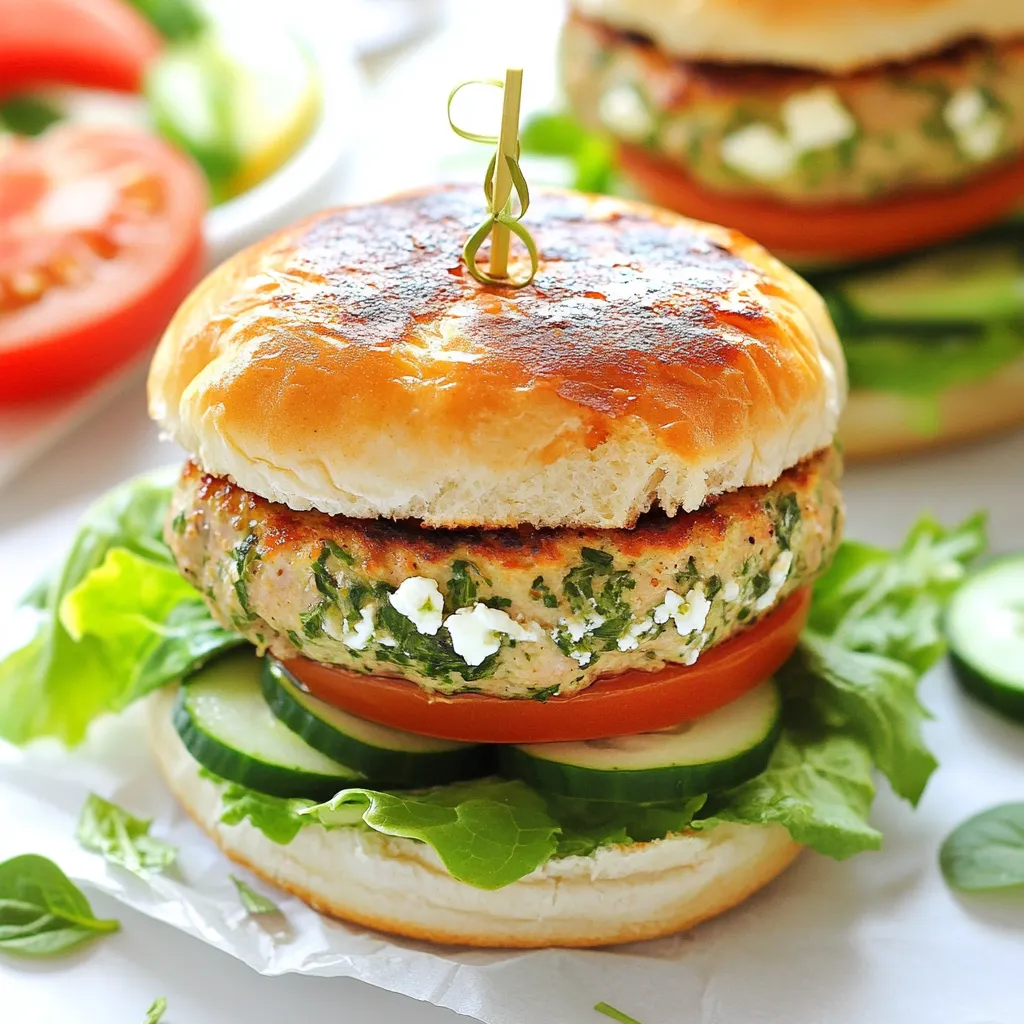 To make feta spinach turkey burgers, you need a simple list of fresh ingredients. Each one adds flavor and helps keep your burgers juicy. Here’s what you’ll need: - 1 lb ground turkey - 1 cup fresh spinach, chopped - 1/2 cup feta cheese, crumbled - 1/4 cup breadcrumbs - 1/4 cup red onion, finely chopped - 2 cloves garlic, minced - 1 teaspoon dried oregano - 1/2 teaspoon black pepper - 1/2 teaspoon salt - 1 tablespoon olive oil (for cooking) - Burger buns and toppings (lettuce, tomato, cucumber, etc.) These ingredients work together to create a tasty burger. The ground turkey keeps it lean, while spinach and feta add great flavor. You can customize your toppings to make it your own. Enjoy experimenting with different flavors! {{ingredient_image_1}} First, chop the spinach and onion. You want small pieces so they mix well. A sharp knife makes this easy. Next, crumble the feta cheese into small bits. This helps it spread flavor in each bite. You can use your hands or a fork for this. Now, it’s time to combine all the ingredients. In a big bowl, add the ground turkey, chopped spinach, crumbled feta, breadcrumbs, red onion, minced garlic, oregano, black pepper, and salt. Use your hands to mix gently. Mix until everything is just combined. Do not overmix! If you mix too much, the burgers can become tough. After mixing, divide the burger mixture into four equal parts. Shape each part into a round patty. Make a small dent in the center of each patty. This helps them cook evenly. Now, heat a large skillet or grill on medium heat. Add a tablespoon of olive oil. Once the oil is hot, place the patties on the skillet or grill. Cook each side for about 5 to 6 minutes. Use a meat thermometer to check. The inside should reach 165°F (75°C). For the buns, toast them on the skillet or grill for 1 to 2 minutes until they are golden brown. This gives a nice crunch. Now you are ready to assemble your burgers! To make the best Feta Spinach Turkey Burgers, you need to avoid tough burgers. Mix the ground turkey and other ingredients gently. Overmixing can make them dense. I suggest using your hands to combine everything until just mixed. Next, create a slight indentation in the center of each patty. This helps them cook evenly. The burgers will not puff up when cooking, and they will stay flat. You can choose between skillet or grill cooking. Both methods work well. If using a skillet, heat it over medium heat and add olive oil. For grilling, preheat the grill to medium. Cook the burgers for about 5 to 6 minutes on each side. Use a meat thermometer to check the internal temperature. It should reach 165°F (75°C) for safe eating. These burgers shine with great sides. I love serving them with sweet potato fries or a fresh salad. For toppings, get creative! Add lettuce, tomato, cucumber, or even extra feta cheese. A squeeze of lemon on top brightens the flavors. Enjoy your delicious creation! Pro Tips Keep the Mixture Chill: Refrigerate the turkey mixture for 30 minutes before shaping into patties. This helps the ingredients bind together better and prevents the burgers from falling apart while cooking. Use Fresh Ingredients: For the best flavor, opt for fresh spinach and high-quality feta cheese. Fresh ingredients will enhance the overall taste of your burgers. Don’t Overcook: To keep the burgers juicy, avoid cooking them for too long. Use a meat thermometer to ensure they reach an internal temperature of 165°F (75°C) without drying out. Add Flavorful Toppings: Experiment with toppings such as tzatziki, avocado, or roasted red peppers to elevate your turkey burgers beyond the usual lettuce and tomato. {{image_2}} You can switch the ground turkey for ground chicken or beef. This change keeps the burger tasty. Ground chicken will make it lighter, while beef gives a richer flavor. For a dairy-free option, use plant-based feta. It melts well and adds the same salty taste. Creamy goat cheese also works if you want a different twist. Adding herbs makes these burgers even better. Try fresh parsley or dill for a burst of flavor. You can also spice things up with cayenne for heat or smoked paprika for depth. Toppings can take your burger to the next level. Creamy avocado adds richness, while pickled onions give a tangy kick. Don’t forget to include fresh veggies like tomatoes and cucumbers for crunch! You can make mini sliders for a fun twist. Use about 2 ounces of the mixture for each slider. This is perfect for parties or snacks. Cooking times change with size. Mini sliders cook in about 3-4 minutes per side. For larger patties, stick to the original 5-6 minutes. Always check the internal temperature; it should hit 165°F (75°C) for safety. To store leftover Feta Spinach Turkey Burgers, first let them cool. Place the burgers in an airtight container. This will keep them fresh. You can store cooked burgers in the fridge for up to three days. If you want to save them longer, freeze uncooked patties. Wrap each patty in plastic wrap, then place them in a freezer bag. This way, they last up to three months. To reheat burgers in a skillet, heat a small amount of olive oil over medium heat. Place the burgers in the skillet and cook for about three minutes on each side. This method keeps them juicy. If you're in a hurry, use the microwave. Place a burger on a microwave-safe plate. Cover it with a damp paper towel. Heat for 30 seconds, then check if it's warm. Repeat until heated through. Cooked Feta Spinach Turkey Burgers last in the fridge for about three days. You can freeze them for up to three months. Uncooked patties also last three months in the freezer. Always check for signs of spoilage, like an off smell or color change, before cooking or eating. To check if your turkey burgers are done, use a food thermometer. The safe internal temperature should reach 165°F (75°C). This ensures they are fully cooked and safe to eat. Insert the thermometer into the center of the patty for an accurate reading. If you don’t have a thermometer, you can cut one open. The meat should be white and not pink inside. Yes, you can make these burgers ahead of time. Prepare the burger mixture and shape it into patties. Then, cover them and store them in the fridge for up to one day. You can also freeze the uncooked patties. Just place them in a single layer on a tray, then transfer them to a freezer bag. They can last for up to three months in the freezer. These burgers pair well with many sides. Here are some tasty options: - Sweet potato fries - Fresh garden salad - Grilled vegetables - Coleslaw - Quinoa salad For drinks, try serving them with a light beer, lemonade, or iced tea. These options enhance the flavors of your burgers and make your meal more enjoyable. Making Feta Spinach Turkey Burgers is simple and fun. We covered the ingredients, prep, and cooking steps. The tips help you avoid tough burgers, while variations offer ways to switch it up. Storing leftovers correctly keeps them fresh. Remember, cooking should be enjoyable. Use fresh ingredients and customize to your taste. These burgers will impress everyone at your next meal. Dive in, and enjoy your tasty creation!