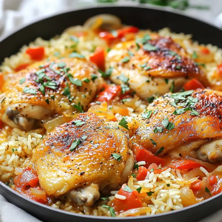 - 4 bone-in, skin-on chicken thighs - 1 cup long-grain white rice - 1 medium onion, finely chopped - 2 cloves garlic, minced - 2 cups chicken broth - 1 cup diced tomatoes (canned or fresh) - 1 bell pepper (any color), diced - 1 tablespoon olive oil - 1 teaspoon paprika - 1 teaspoon dried thyme - 1 teaspoon garlic powder - Salt and pepper to taste These ingredients create a warming dish. The chicken thighs offer rich flavor, while the rice soaks up the broth. The vegetables add both texture and nutrients, making this meal hearty. - 1/2 teaspoon cayenne pepper (optional, for a kick) - Fresh parsley for garnish Adding cayenne pepper gives a nice heat. Fresh parsley brightens the dish and adds color. These options let you customize your meal to your taste. - Calories: Approximately 450 - Protein: 30 grams - Fat: 20 grams This dish is filling and packed with protein. It’s a great choice for a family meal. The balance of nutrients makes it a smart option for any dinner table. {{ingredient_image_1}} How to sear the chicken I start by heating the olive oil in a large skillet over medium-high heat. I season the chicken thighs with salt, pepper, paprika, and thyme. I place the thighs in the skillet, skin-side down. I cook them for 5 to 7 minutes. This makes the skin golden and crispy. Then, I flip the chicken and cook for another 3 to 4 minutes. After that, I take the chicken out and set it aside. Sautéing the vegetables Next, I add the chopped onion, minced garlic, and diced bell pepper to the same skillet. I sauté these for about 5 minutes until they become soft and fragrant. This step builds a rich flavor base for the dish. Combining rice and tomatoes I stir in the long-grain white rice and diced tomatoes. Mixing them well is key for even cooking. I let this cook for about 2 minutes. This toasting adds a nice flavor to the rice. Nestling chicken in the rice mixture I pour in the chicken broth and add cayenne pepper if I want a little kick. I stir to deglaze the skillet, scraping up any bits stuck to the bottom. I bring it to a gentle boil and then nestle the seared chicken thighs back into the skillet, placing them on top of the rice. I reduce the heat to low, cover, and let it simmer for 25 to 30 minutes. This step cooks the chicken fully and lets the rice absorb all the tasty broth. Simmering time and resting the dish Once the chicken reaches 165°F, I take the skillet off the heat. I let it rest for 5 minutes while still covered. This resting time helps all the flavors meld together. After resting, I fluff the rice with a fork. I like to garnish with freshly chopped parsley before serving. To keep chicken thighs juicy, always sear them first. This step locks in the juices. Use medium-high heat and cook until the skin turns golden brown. This usually takes about 5-7 minutes. Flip the chicken and cook for another 3-4 minutes. The goal is to create a nice crust. After cooking, let the chicken rest for 5 minutes before serving. This resting time allows the juices to settle. If you skip this step, the juices will run out when you cut into it. A rest ensures every bite is tender and moist. For perfect rice, rinse it well before cooking. This removes excess starch and helps prevent stickiness. Use long-grain white rice for the best texture. When cooking, make sure to measure the broth accurately. A good ratio is 1 cup of rice to 2 cups of broth. To avoid mushy rice, don’t stir it too much while cooking. Stirring can break the rice grains and cause them to become mushy. Once you add the rice to the broth, let it simmer gently without stirring. Cover the skillet to trap steam and moisture. To add depth to your dish, consider using spices like smoked paprika or Italian seasoning. These can enhance the overall flavor profile. Fresh herbs like thyme or rosemary work well, too. For a little heat, add cayenne pepper. It gives a nice kick without overpowering the dish. You can also toss in sliced mushrooms or peas for extra texture and taste. Pro Tips Perfectly Sear the Chicken: To achieve a crispy skin, ensure your skillet is hot before adding the chicken. This helps render the fat and gets that golden-brown color. Flavorful Rice: Toasting the rice in the skillet for a couple of minutes before adding the liquid enhances its flavor and gives a nuttier taste to your dish. Control the Heat: Simmering on low heat is crucial for even cooking. This prevents the rice from burning while allowing the chicken to cook through completely. Resting is Key: Allowing the dish to rest after cooking helps the flavors meld together, making every bite even more delicious! {{image_2}} Looking to make Smothered Chicken and Rice fit your needs? Here are some great options. - Gluten-free alternatives: You can use a gluten-free broth. Also, swap the rice for quinoa. This keeps the dish tasty and safe for gluten-free diets. - Vegetarian option with plant-based proteins: Replace chicken with chickpeas or tofu. Both can absorb flavors well, making them great choices. Use vegetable broth to keep it vegetarian. Want to switch up the flavors? Here are some ideas. - Different spice blends to try: Add cumin for a warm flavor or oregano for a fresh touch. These spices give your dish a new twist without much work. - Using different types of rice: Experiment with jasmine or basmati rice. Each type brings its own unique taste and texture. You can even try brown rice for a nuttier flavor. Pairing your meal can make it even better. Here are some suggestions. - Recommended side dishes: Serve with a simple green salad or steamed veggies. These options add freshness and crunch to your meal. - Best wines or beverages to serve: Enjoy a light white wine like Sauvignon Blanc. It complements the chicken well. For a non-alcoholic option, try iced tea with lemon. To keep your smothered chicken and rice fresh, cool it down first. This helps prevent bacteria growth. Store leftovers in airtight containers. Glass containers work best, as they do not retain odors. Label your containers with dates to track freshness. Leftovers can stay in the fridge for up to four days. When reheating, keep the dish moist. Use a microwave-safe bowl and add a splash of chicken broth. This extra liquid helps prevent dryness. Cover the bowl to trap steam while heating. Heat in intervals of one minute, stirring in between. You can also reheat on the stovetop. Just add a bit of broth and heat on low. Freezing is a great way to save leftovers. First, let the dish cool completely. Use freezer-safe bags or containers. Remove as much air as possible to prevent freezer burn. This meal can last for up to three months in the freezer. To thaw, place it in the fridge overnight. Reheat thoroughly before serving. What can I substitute for chicken thighs? You can use chicken breasts if you prefer. They cook faster and are leaner. Bone-in chicken legs work well too. They add rich flavor and keep the meat juicy. Just adjust cooking times if you switch cuts. Can I use brown rice instead of white rice? Yes, brown rice is a great choice. It has more fiber and nutrients. However, it takes longer to cook. You may need to add more broth and increase cooking time by about 15-20 minutes. What to serve with smothered chicken and rice? You can serve steamed veggies on the side. Green beans or broccoli add color and nutrition. A crisp salad also pairs nicely. It adds freshness to your meal. How to garnish for presentation? Chop fresh parsley and sprinkle it on top of the dish. This adds a pop of color and flavor. You can also add lemon wedges for a zesty touch. How long does it take to cook chicken and rice? It takes about 25-30 minutes to simmer the chicken and rice together. Make sure the chicken reaches 165°F. This ensures it's fully cooked and safe to eat. Can I make this recipe in a slow cooker? Yes, you can use a slow cooker. Sear the chicken first for extra flavor. Then add all ingredients to the slow cooker. Cook on low for 6-7 hours or high for 3-4 hours. The rice will soak up all the tasty juices. In this article, we explored the key ingredients for smothered chicken and rice, including chicken thighs, rice, and vegetables. I shared step-by-step instructions to ensure perfect cooking. We discussed tips for juicy chicken and tasty rice. You can also try variations like gluten-free or vegetarian options. Finally, I provided storage advice and answered common questions. This dish is simple to make and full of flavor. With these insights, you can create your own delicious version at home. Enjoy cooking!