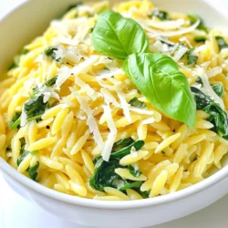 - 1 cup orzo pasta - 2 cups vegetable broth - 1 tablespoon olive oil - 2 cloves garlic, minced - 3 cups fresh spinach, chopped - 1 lemon, zested and juiced - 1/2 cup grated Parmesan cheese - Salt and pepper to taste - 1/4 teaspoon red pepper flakes (optional) - Fresh basil leaves for garnish Using high-quality ingredients makes a big difference in taste. Choose fresh spinach. Look for vibrant green leaves. Opt for good olive oil. A fresh bottle adds flavor. For Parmesan, use real cheese, not the powdered stuff. Freshly grated Parmesan melts better and tastes richer. You can swap orzo for other small pasta like couscous or quinoa. Vegetable broth can change to chicken broth for a different flavor. If you lack fresh spinach, use frozen spinach. Just thaw and drain it well. For a vegan option, replace Parmesan with nutritional yeast. {{ingredient_image_1}} Start by boiling vegetable broth in a medium saucepan. Use medium-high heat for this. Once the broth boils, add 1 cup of orzo pasta. Cook it for 8-10 minutes, stirring often. This keeps the orzo from sticking together. When it's al dente, save 1/2 cup of broth, then drain the rest. Set the orzo aside for later. In the same pot, heat 1 tablespoon of olive oil over medium heat. Add 2 cloves of minced garlic and sauté for about 1 minute. You want it fragrant, not brown. Next, stir in 3 cups of chopped spinach. Cook until it wilts, which should take about 2-3 minutes. This step adds a nice flavor to your dish. Now, add the cooked orzo back into the pot with the spinach and garlic. Pour in the reserved broth, too. Mix everything well. Then, add the zest and juice from 1 lemon, along with 1/2 cup of grated Parmesan cheese. Stir until the cheese melts and the mixture is creamy. Season with salt, pepper, and red pepper flakes if you like it spicy. Let it sit for a couple of minutes to meld those tasty flavors. Serve warm, topped with fresh basil leaves for a bright finish. To cook orzo, start with boiling vegetable broth. I recommend using a medium saucepan. Add the orzo once the broth boils. Stir it often to stop it from sticking. Cook it according to the package, usually about 8-10 minutes. You want it al dente, firm but tender. After cooking, reserve some broth to mix later. Then drain the orzo and set it aside. This step helps keep the pasta tasty and light. To boost flavor, add more lemon zest and juice. This gives a bright taste. You can also mix in fresh herbs like parsley or dill. For a kick, toss in red pepper flakes. If you want creaminess, add a splash of cream or more cheese. Don’t forget to season with salt and pepper. Taste as you go, and adjust to your liking. These tweaks make your dish even more delicious. For a stunning plate, use a white bowl or plate. It shows off the vibrant colors. First, scoop the orzo in the center. Then, sprinkle extra Parmesan on top. Add a few fresh basil leaves for garnish. This adds a nice green touch. You can also drizzle olive oil for shine. Serve it warm, and watch your guests enjoy every bite! Pro Tips Use Fresh Ingredients: Fresh spinach and high-quality Parmesan cheese will elevate the flavor of your dish significantly. Adjust for Creaminess: For a creamier texture, consider adding a splash of heavy cream or a dollop of mascarpone cheese along with the Parmesan. Experiment with Add-ins: Try adding cooked chicken, shrimp, or cherry tomatoes for additional protein and flavor. Flavor Boost: A sprinkle of lemon juice right before serving can give the dish an extra zesty kick. {{image_2}} You can add chicken, shrimp, or tofu for extra protein. Cook the chicken or shrimp in the pot before adding the garlic. If using tofu, sauté it until golden and crispy. Mix it in with the spinach for a hearty meal. This will make your dish filling and satisfying. To make this dish vegan, replace Parmesan cheese with nutritional yeast. This gives a cheesy flavor without dairy. Use vegetable broth to keep it plant-based. You can also add some cashew cream for a creamy texture. It’s a great way to enjoy this dish without animal products. Feel free to swap spinach for kale or Swiss chard. Both greens add nice flavor and nutrition. In spring, add fresh peas or asparagus. In fall, try butternut squash or roasted pumpkin. These swaps keep your dish fresh and exciting with each season. After enjoying your Lemon Parmesan Orzo with Spinach, let it cool down first. Transfer the leftovers to an airtight container. This keeps the orzo fresh for up to three days in the fridge. Make sure to store it away from strong-smelling foods. This helps keep all flavors intact and tasty. When you're ready to enjoy leftovers, reheat the orzo gently. You can use a microwave or a stovetop. For the microwave, place the orzo in a bowl and add a splash of water. Cover it and heat for one to two minutes. Stir halfway through for even heating. On the stovetop, warm it in a pan over low heat. Add a little broth or water if it seems dry. Stir well until it's hot. If you want to save some for later, freezing is a great option. First, let the orzo cool completely. Then, divide it into portions and place in freezer-safe bags or containers. Be sure to remove as much air as possible. Label the bags with the date and name of the dish. You can freeze it for up to three months. When you're ready to eat, thaw in the fridge overnight before reheating. This keeps your orzo flavorful and easy to enjoy later. You can serve Lemon Parmesan Orzo with many dishes. A simple green salad pairs well. Try grilled chicken for a heartier meal. Fish, like salmon, complements the orzo's lemon flavor nicely. You might also enjoy it with roasted vegetables for a colorful plate. Yes, you can make this recipe ahead of time. Cook the orzo and store it in the fridge. Keep the spinach and cheese separate until you're ready to serve. Reheat the orzo in a pot with a splash of broth to keep it moist. Add the spinach and cheese when warm. To make Lemon Parmesan Orzo gluten-free, use gluten-free orzo. Many brands offer great options. Check the labels to ensure they fit your needs. The rest of the recipe stays the same. Enjoy the same fresh flavors without gluten. In this article, we covered all you need for a tasty Lemon Parmesan Orzo. We explored the key ingredients and their quality, as well as helpful substitutions. The step-by-step instructions made cooking easy. I shared tips for perfecting flavors and beautiful presentations. We also looked at different variations and how to store leftovers safely. Experimenting with orzo opens doors to new flavors. Enjoy your cooking journey!
