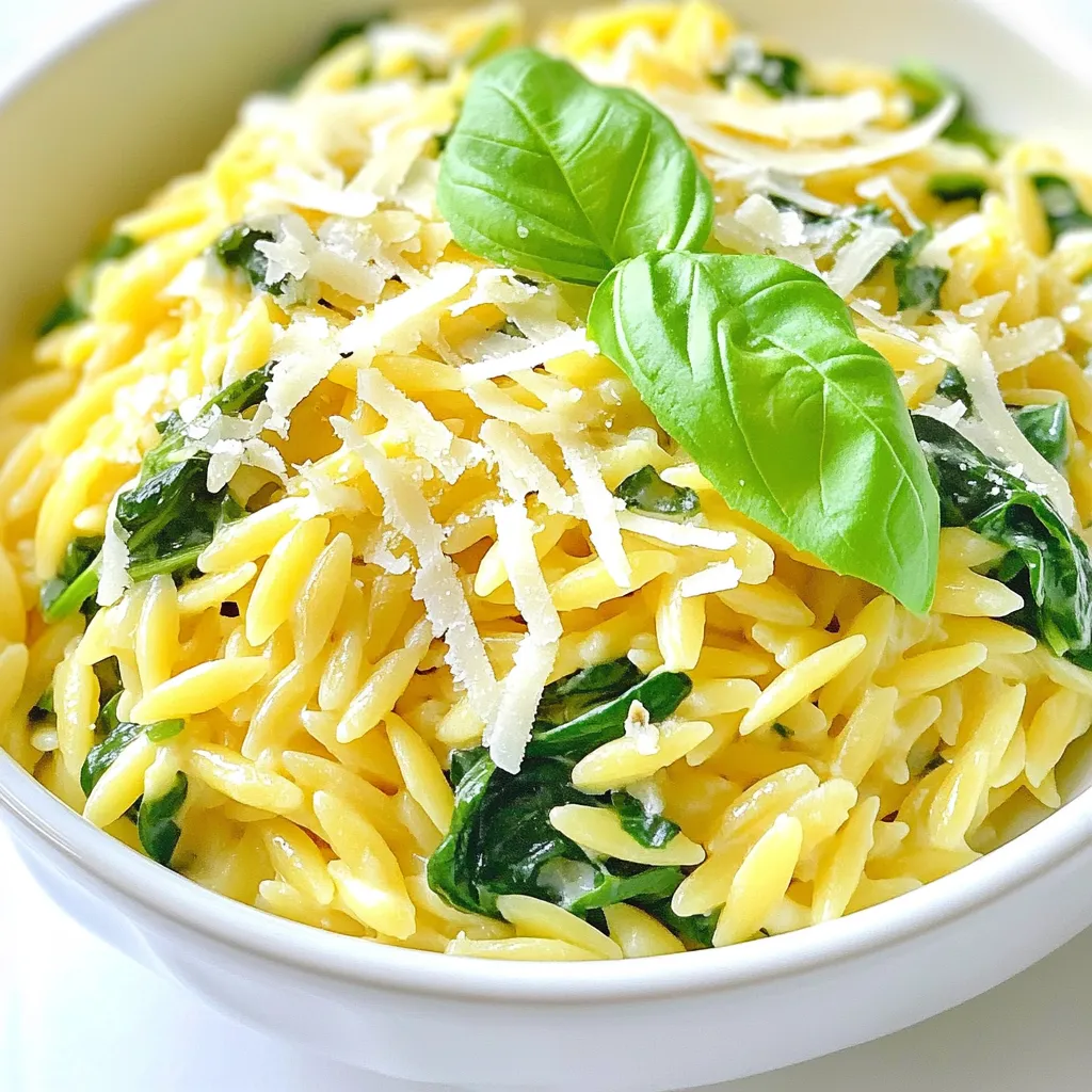 - 1 cup orzo pasta - 2 cups vegetable broth - 1 tablespoon olive oil - 2 cloves garlic, minced - 3 cups fresh spinach, chopped - 1 lemon, zested and juiced - 1/2 cup grated Parmesan cheese - Salt and pepper to taste - 1/4 teaspoon red pepper flakes (optional) - Fresh basil leaves for garnish Using high-quality ingredients makes a big difference in taste. Choose fresh spinach. Look for vibrant green leaves. Opt for good olive oil. A fresh bottle adds flavor. For Parmesan, use real cheese, not the powdered stuff. Freshly grated Parmesan melts better and tastes richer. You can swap orzo for other small pasta like couscous or quinoa. Vegetable broth can change to chicken broth for a different flavor. If you lack fresh spinach, use frozen spinach. Just thaw and drain it well. For a vegan option, replace Parmesan with nutritional yeast. {{ingredient_image_1}} Start by boiling vegetable broth in a medium saucepan. Use medium-high heat for this. Once the broth boils, add 1 cup of orzo pasta. Cook it for 8-10 minutes, stirring often. This keeps the orzo from sticking together. When it's al dente, save 1/2 cup of broth, then drain the rest. Set the orzo aside for later. In the same pot, heat 1 tablespoon of olive oil over medium heat. Add 2 cloves of minced garlic and sauté for about 1 minute. You want it fragrant, not brown. Next, stir in 3 cups of chopped spinach. Cook until it wilts, which should take about 2-3 minutes. This step adds a nice flavor to your dish. Now, add the cooked orzo back into the pot with the spinach and garlic. Pour in the reserved broth, too. Mix everything well. Then, add the zest and juice from 1 lemon, along with 1/2 cup of grated Parmesan cheese. Stir until the cheese melts and the mixture is creamy. Season with salt, pepper, and red pepper flakes if you like it spicy. Let it sit for a couple of minutes to meld those tasty flavors. Serve warm, topped with fresh basil leaves for a bright finish. To cook orzo, start with boiling vegetable broth. I recommend using a medium saucepan. Add the orzo once the broth boils. Stir it often to stop it from sticking. Cook it according to the package, usually about 8-10 minutes. You want it al dente, firm but tender. After cooking, reserve some broth to mix later. Then drain the orzo and set it aside. This step helps keep the pasta tasty and light. To boost flavor, add more lemon zest and juice. This gives a bright taste. You can also mix in fresh herbs like parsley or dill. For a kick, toss in red pepper flakes. If you want creaminess, add a splash of cream or more cheese. Don’t forget to season with salt and pepper. Taste as you go, and adjust to your liking. These tweaks make your dish even more delicious. For a stunning plate, use a white bowl or plate. It shows off the vibrant colors. First, scoop the orzo in the center. Then, sprinkle extra Parmesan on top. Add a few fresh basil leaves for garnish. This adds a nice green touch. You can also drizzle olive oil for shine. Serve it warm, and watch your guests enjoy every bite! Pro Tips Use Fresh Ingredients: Fresh spinach and high-quality Parmesan cheese will elevate the flavor of your dish significantly. Adjust for Creaminess: For a creamier texture, consider adding a splash of heavy cream or a dollop of mascarpone cheese along with the Parmesan. Experiment with Add-ins: Try adding cooked chicken, shrimp, or cherry tomatoes for additional protein and flavor. Flavor Boost: A sprinkle of lemon juice right before serving can give the dish an extra zesty kick. {{image_2}} You can add chicken, shrimp, or tofu for extra protein. Cook the chicken or shrimp in the pot before adding the garlic. If using tofu, sauté it until golden and crispy. Mix it in with the spinach for a hearty meal. This will make your dish filling and satisfying. To make this dish vegan, replace Parmesan cheese with nutritional yeast. This gives a cheesy flavor without dairy. Use vegetable broth to keep it plant-based. You can also add some cashew cream for a creamy texture. It’s a great way to enjoy this dish without animal products. Feel free to swap spinach for kale or Swiss chard. Both greens add nice flavor and nutrition. In spring, add fresh peas or asparagus. In fall, try butternut squash or roasted pumpkin. These swaps keep your dish fresh and exciting with each season. After enjoying your Lemon Parmesan Orzo with Spinach, let it cool down first. Transfer the leftovers to an airtight container. This keeps the orzo fresh for up to three days in the fridge. Make sure to store it away from strong-smelling foods. This helps keep all flavors intact and tasty. When you're ready to enjoy leftovers, reheat the orzo gently. You can use a microwave or a stovetop. For the microwave, place the orzo in a bowl and add a splash of water. Cover it and heat for one to two minutes. Stir halfway through for even heating. On the stovetop, warm it in a pan over low heat. Add a little broth or water if it seems dry. Stir well until it's hot. If you want to save some for later, freezing is a great option. First, let the orzo cool completely. Then, divide it into portions and place in freezer-safe bags or containers. Be sure to remove as much air as possible. Label the bags with the date and name of the dish. You can freeze it for up to three months. When you're ready to eat, thaw in the fridge overnight before reheating. This keeps your orzo flavorful and easy to enjoy later. You can serve Lemon Parmesan Orzo with many dishes. A simple green salad pairs well. Try grilled chicken for a heartier meal. Fish, like salmon, complements the orzo's lemon flavor nicely. You might also enjoy it with roasted vegetables for a colorful plate. Yes, you can make this recipe ahead of time. Cook the orzo and store it in the fridge. Keep the spinach and cheese separate until you're ready to serve. Reheat the orzo in a pot with a splash of broth to keep it moist. Add the spinach and cheese when warm. To make Lemon Parmesan Orzo gluten-free, use gluten-free orzo. Many brands offer great options. Check the labels to ensure they fit your needs. The rest of the recipe stays the same. Enjoy the same fresh flavors without gluten. In this article, we covered all you need for a tasty Lemon Parmesan Orzo. We explored the key ingredients and their quality, as well as helpful substitutions. The step-by-step instructions made cooking easy. I shared tips for perfecting flavors and beautiful presentations. We also looked at different variations and how to store leftovers safely. Experimenting with orzo opens doors to new flavors. Enjoy your cooking journey!