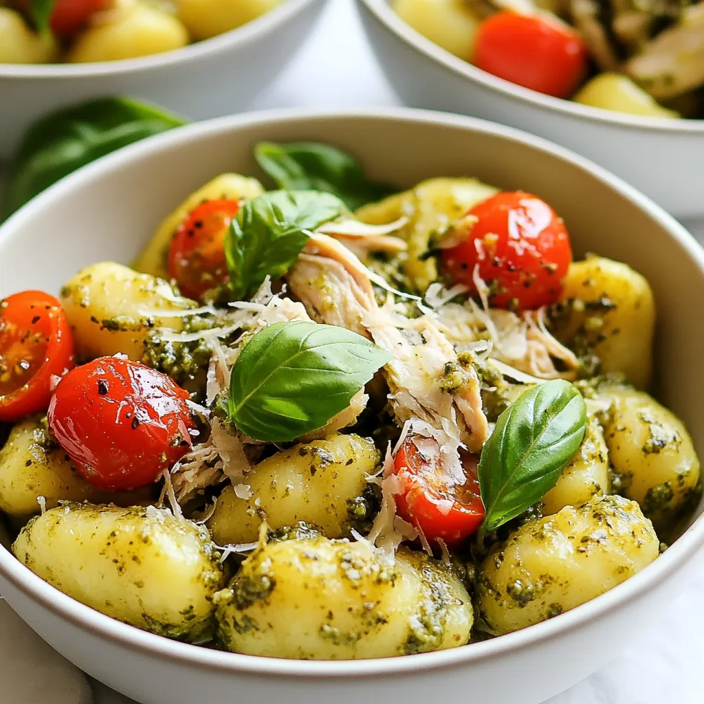 To make pesto gnocchi with chicken, gather these simple ingredients: - 1 pound potato gnocchi - 1 cup cooked chicken breast, shredded - 1 cup fresh basil pesto - 1/2 cup cherry tomatoes, halved - 1/4 cup grated Parmesan cheese - 2 tablespoons olive oil - 2 garlic cloves, minced - Salt and pepper to taste - Fresh basil leaves for garnish You can swap ingredients based on what you have. Try these ideas: - Use store-bought gnocchi if you can't find fresh ones. - Substitute rotisserie chicken for homemade cooked chicken. - Pesto can be made with spinach or arugula instead of basil. - Cherry tomatoes can be replaced with diced bell peppers for a twist. - Grated cheese can be swapped with feta for a different flavor. Choosing fresh ingredients makes all the difference. Here are some tips: - Look for gnocchi that feels soft and bouncy. - Fresh basil should smell strong and look vibrant. - Pick tomatoes that are firm and bright in color. - Choose chicken that is cooked recently for best flavor. - Olive oil should be extra virgin for the best taste. Using fresh ingredients will enhance your dish and make it truly special. {{ingredient_image_1}} Start by boiling water in a large pot. Add a good amount of salt to it. Once the water is boiling, add the potato gnocchi. Cook them until they float to the top. This should take about 2-3 minutes. When they’re done, drain the gnocchi and set them aside. In a large skillet, heat 2 tablespoons of olive oil over medium heat. Add 2 minced garlic cloves and sauté for about 30 seconds. You’ll know it’s ready when you smell the garlic. Next, add 1/2 cup of halved cherry tomatoes. Cook them for another 2-3 minutes until they soften up. Now, it’s time to bring in the chicken. Stir in 1 cup of shredded cooked chicken breast. Mix it well with the garlic and tomatoes. Then, add 1 cup of fresh basil pesto. Cook everything together for another 1-2 minutes. This will heat it all through and blend the flavors. Gently fold the cooked gnocchi into the skillet. Make sure each piece is coated with the pesto mixture. Cook for another minute just to warm the gnocchi. This step helps the gnocchi soak up the amazing flavors. Season the dish with salt and pepper to taste. Once done, remove it from the heat. Sprinkle 1/4 cup of grated Parmesan cheese on top. For the final touch, serve it in bowls and add fresh basil leaves for garnish. This adds a nice pop of color and flavor! To cook gnocchi just right, use these tips: - Boil a large pot of salted water. - Add gnocchi and watch them float. - They are done when they rise to the top. - Drain them quickly to avoid sticking. You can make this dish even tastier by adding: - Fresh spinach for a pop of green. - Sun-dried tomatoes for a tangy twist. - A splash of lemon juice for brightness. - Toasted pine nuts for a crunchy texture. These additions will boost flavor and make your meal special. Here are mistakes to avoid for great gnocchi: - Overcooking gnocchi can make them mushy. - Not salting the water can dull the taste. - Skipping the olive oil can lead to sticking. - Forgetting to season at the end can hold back flavor. By paying attention, you can create a delightful dish! Pro Tips Use Fresh Ingredients: Always opt for fresh basil and high-quality chicken for the best flavor in your pesto gnocchi dish. Customize the Pesto: Feel free to add nuts like pine nuts or walnuts to your pesto to enhance its texture and nutty flavor. Perfect Gnocchi Cooking: Make sure not to overcook the gnocchi; they should float to the top of the water to indicate they are done. Garnish Wisely: Fresh basil leaves not only add color but also give a burst of fragrance; consider adding a squeeze of lemon for brightness. {{image_2}} You can easily make this dish vegetarian. Replace the chicken with a meat alternative. Try using shredded jackfruit or tofu. Both options soak up the pesto flavor well. This gives you a hearty meal without meat. If you need a gluten-free option, choose gluten-free gnocchi. Many brands make gnocchi using rice or potato flour. These options taste great and work well in the recipe. Just follow the cooking instructions on the package. Add seasonal vegetables for extra flavor and nutrition. Cherry tomatoes are great, but you can also use zucchini or bell peppers. Simply sauté them with garlic before adding the chicken and pesto. This adds color and taste to your meal. Plus, it's a fun way to use fresh produce. To store leftover pesto gnocchi with chicken, first let it cool. Place it in an airtight container. Make sure to seal it well to keep it fresh. You can store it in the fridge for up to three days. If you want to keep it longer, use freezing methods. To reheat, you can use a microwave or a skillet. If using a microwave, heat in short bursts, stirring in between. This helps it heat evenly. For a skillet, add a splash of olive oil and heat over medium. This keeps the gnocchi from sticking and adds flavor. To freeze, pack the gnocchi in freezer-safe bags. Try to remove as much air as possible. Label the bags with the date. You can freeze it for up to three months. When you're ready to enjoy, thaw it overnight in the fridge before reheating. Yes, you can use store-bought pesto. It saves time and still tastes great. Look for pesto made with fresh basil and quality ingredients. This option works well for busy weeknights when you need a quick meal. To make homemade gnocchi, you need simple ingredients. Use 2 pounds of potatoes, 1 cup of flour, and 1 egg. First, boil the potatoes until soft. Then, mash them and let them cool. Mix in the flour and egg to form a dough. Roll it out and cut into small pieces. Cook the gnocchi in boiling water until they float. Some great side dishes include: - Garlic bread - A fresh green salad - Roasted vegetables - Steamed asparagus These sides pair well and enhance the meal's flavor. They add color and variety to your dinner table. Cooked gnocchi lasts about 3 to 5 days in the fridge. Store it in an airtight container to keep it fresh. When reheating, add a little water or sauce to avoid drying it out. Enjoy it as a quick meal later in the week! In this post, we explored easy steps to make delicious pesto gnocchi. We covered the key ingredients, how to cook each part, and tips for success. I shared creative variations, storage methods, and answers to common questions. By following these guidelines, you can enjoy tasty meals at home. Cooking should be fun and simple, so don’t hesitate to try your unique twist. Enjoy your cooking adventure!