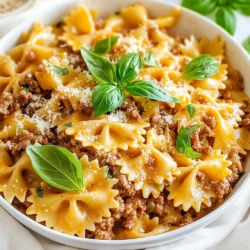 Here’s what you need to make Creamy Parmesan Beef Bowtie Pasta: - 8 oz bowtie pasta - 1 lb ground beef - 2 cloves garlic, minced - 1 small onion, finely chopped - 1 cup heavy cream - 1 cup grated Parmesan cheese - 1 teaspoon Italian seasoning - 1/2 teaspoon red pepper flakes (optional) - Salt and pepper to taste - 2 tablespoons olive oil - Fresh basil leaves for garnish Each ingredient plays a key role. The bowtie pasta is fun and holds the sauce well. Ground beef adds protein and flavor. Garlic and onion give depth to the dish. Cream and cheese create that rich, creamy sauce we love. Seasonings like Italian seasoning and red pepper flakes bring warmth. Finally, fresh basil adds a bright touch. {{ingredient_image_1}} Start by boiling a large pot of salted water. Once it boils, add the bowtie pasta. Cook it according to the package instructions until it is al dente. This usually takes about 8-10 minutes. After cooking, drain the pasta and set it aside for later. Next, grab a large skillet and add two tablespoons of olive oil. Heat the oil over medium heat. Add the finely chopped onion and cook it until it turns soft and clear. This takes about 3 to 4 minutes. Then, add the minced garlic to the skillet. Cook it for one more minute until it smells great. Now, increase the heat to medium-high. Add the ground beef and break it apart with a spoon. Cook the beef until it turns brown, which should take about 6 to 8 minutes. If there is extra fat, drain it out. Lower the heat back to medium. Stir in the heavy cream, Italian seasoning, red pepper flakes, salt, and pepper. Allow the mixture to simmer for 3 to 4 minutes. This helps the sauce thicken a bit. Then, add the grated Parmesan cheese. Stir until it melts and becomes creamy. Now it’s time to bring everything together. Add the cooked bowtie pasta into the skillet with the sauce. Toss the pasta in the creamy mixture. Make sure each piece of pasta is coated well. Taste your dish and adjust the seasoning if needed. Remove from heat and get ready to serve. To cook bowtie pasta perfectly, start with a large pot. Use plenty of water and add salt. This helps flavor the pasta. Bring the water to a rapid boil. Add the pasta and stir it right away. This prevents it from sticking. Follow the package time for cooking. Check for doneness by tasting. Aim for al dente, meaning firm but not hard. Drain the pasta in a colander, but save some pasta water. It can help adjust your sauce later. For a creamy sauce, choose high-fat heavy cream. It makes the sauce rich and smooth. Start with a hot skillet and olive oil. Cook onions until they look clear. This brings out their sweetness. Add garlic next, cooking just until you smell it. Then, add the ground beef. Break it apart as it cooks, browning it well. When the meat is ready, lower the heat. Stir in the heavy cream, Italian seasoning, and red pepper flakes. Let it simmer gently. This lets the flavors blend. Finish by adding the Parmesan cheese. Stir until it melts and becomes creamy. Garnishing your pasta makes it even better! Use fresh basil leaves for a bright touch. They add color and flavor. You can also sprinkle more Parmesan cheese on top. This gives extra creaminess. If you like a kick, add a dash of red pepper flakes. Serve the pasta in bowls for a cozy feel. Enjoy it warm for the best taste! Pro Tips Perfect Pasta: Always salt your pasta water generously. This is your only chance to flavor the pasta itself! Meat Mastery: For a richer flavor, try using a combination of ground beef and Italian sausage. Cheese Choice: Use freshly grated Parmesan cheese for the best melting and flavor. Herb Freshness: Add fresh herbs like basil or parsley just before serving for a burst of freshness. {{image_2}} You can easily change this recipe to fit your needs. If you want a lighter meal, swap ground beef for turkey or chicken. Both add great flavor and cut down on fat. For a vegetarian option, use mushrooms or lentils instead of beef. You still get a hearty dish with these swaps. If you avoid dairy, try using coconut cream in place of heavy cream. Nutritional yeast also adds a cheesy taste without the dairy. Bowtie pasta is fun and looks great, but you can use other shapes too. Penne or fusilli work well and hold onto the sauce nicely. If you want a gluten-free option, choose gluten-free pasta made from rice or chickpeas. Each shape gives a new twist to the dish while keeping it creamy and delicious. Adding veggies can make this dish healthier and more colorful. Spinach or broccoli is easy to toss in. Just add them when simmering the sauce. You can also try bell peppers or zucchini for added crunch. If you want more protein, consider adding cooked chicken or shrimp. They blend well with the creamy sauce and make the meal even more filling. To store your creamy Parmesan beef bowtie pasta, let it cool first. Use an airtight container. It keeps well in the fridge for up to three days. Be sure to label the container with the date. When you’re ready to enjoy leftovers, use the microwave or stovetop. If using the microwave, heat in short bursts, stirring often. On the stovetop, add a splash of cream or water to help it reheat evenly. Stir until hot. You can freeze this pasta dish for later. Place cooled pasta in a freezer-safe container. It can last up to three months in the freezer. To reheat, let it thaw overnight in the fridge. Warm it on the stove or microwave, adding a bit of cream for creaminess. Yes, you can make this dish ahead of time. Cook the pasta and beef mixture. Store them separately in airtight containers in the fridge. When you are ready to eat, reheat the beef sauce. Then, combine it with the pasta. This keeps the pasta from getting mushy. You can use whole milk or half-and-half instead of heavy cream. This will change the creaminess. For a thicker sauce, add a bit of flour or cornstarch. You can also use coconut cream for a dairy-free option. Just remember, it will add a slight coconut flavor. Yes! For a vegetarian version, replace ground beef with plant-based meat or mushrooms. You can also add diced vegetables like bell peppers or zucchini for extra flavor. Use vegetable broth instead of beef broth for the sauce. The rest of the recipe stays the same. To make a creamy sauce without cheese, use a combination of milk and flour. Cook them together until thick. You can also blend cooked cashews with water for a creamy texture. Add nutritional yeast for a cheesy flavor. This gives you creaminess without the cheese. We explored a delightful recipe featuring bowtie pasta, creamy beef sauce, and tasty spices. You learned how to cook the pasta, prepare the beef mixture, and mix the sauce. We shared tips for cooking and garnishing to make your dish shine. You now have ideas for variations and storage, ensuring your meal stays fresh. Remember, cooking is about fun and creativity. Experiment with flavors and enjoy every bite!