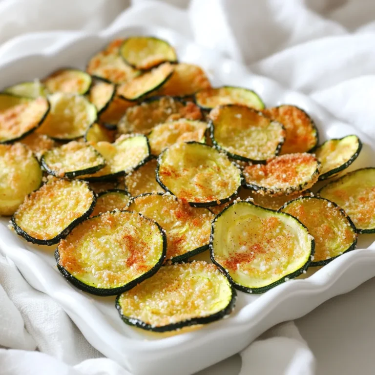 To make crispy zucchini chips in the air fryer, you need the right ingredients. Here’s what you will need: - 2 medium zucchinis, thinly sliced - 1 cup almond flour - 1/2 cup grated Parmesan cheese (or nutritional yeast for a vegan option) - 1 teaspoon garlic powder - 1 teaspoon onion powder - 1 teaspoon smoked paprika - 1/2 teaspoon salt - 1/4 teaspoon black pepper - 2 tablespoons olive oil Each ingredient plays a role in making your chips tasty and crispy. The zucchinis give the base flavor, while the almond flour and Parmesan add crunch. The seasonings, like garlic and paprika, pack a punch. Olive oil helps everything stick and crisp up nicely. You can switch out the Parmesan for nutritional yeast if you want a vegan version. This keeps the flavor strong without using dairy. Make sure to slice the zucchini thinly for the best crunch. Too thick, and they won't crisp up well. Preheating the Air Fryer Start by preheating your air fryer to 360°F (180°C). This helps the chips cook evenly and become crisp. Mixing the Coating In a bowl, mix these ingredients: - 1 cup almond flour - 1/2 cup grated Parmesan cheese (or nutritional yeast) - 1 teaspoon garlic powder - 1 teaspoon onion powder - 1 teaspoon smoked paprika - 1/2 teaspoon salt - 1/4 teaspoon black pepper Stir well until everything is combined. This mix adds great flavor and crunch. Preparing the Zucchini Take 2 medium zucchinis and slice them thinly. Use paper towels to pat the slices dry. This step is key. Removing moisture helps the chips crisp up in the air fryer. Coating the Zucchini Put the zucchini slices in a large bowl. Drizzle with 2 tablespoons of olive oil. Toss until all slices are coated. Then, dip each slice into the flour mixture. Make sure both sides are coated well. Shake off any extra coating. Arranging in Air Fryer Place the coated zucchini slices in the air fryer basket. Arrange them in a single layer without overlapping. If you have many slices, you may need to cook in batches. Cooking Time and Temperature Air fry the zucchini chips for about 12-15 minutes. Flip them halfway through cooking. Look for a golden color and crispy texture. Cooling and Serving Once done, take the chips out of the air fryer. Let them cool for a few minutes before serving. This waiting time lets them become even crispier. Suggested Dips Serve the zucchini chips with marinara sauce or a creamy avocado dip. These dips add extra flavor and make the snack even more enjoyable. To make crispy zucchini chips, you need to remove moisture. Start by slicing the zucchinis thin. Use a paper towel to pat them dry. This step is key to achieving that crunch. After drying, coat them in olive oil. Cooking time adjustments can also help. Air fry at 360°F (180°C). Cook for 12 to 15 minutes. Flip the chips halfway through for even cooking. Watch them closely to avoid burning. You can boost the flavor of your zucchini chips. Try adding more spices like cayenne for heat. Lemon zest can add a fresh twist too. Don’t shy away from experimenting with flavors. For cheese variations, Parmesan works great, but you can go vegan. Nutritional yeast will give a cheesy taste without dairy. Feel free to mix and match your favorite seasonings. It’s all about making it your own! {{image_2}} Vegan Options If you want a vegan snack, just swap the Parmesan cheese for nutritional yeast. This gives your chips a cheesy flavor without using any dairy. You can also add more spices to enhance the taste. Try adding a pinch of cayenne for a kick! Gluten-Free Substitutes Almond flour is a great option for those avoiding gluten. It gives the chips a nice crunch. If you can't find almond flour, try using coconut flour. Just remember, coconut flour absorbs moisture, so use less than almond flour. These swaps make your snack healthy and tasty. Sweet vs. Savory Versions Zucchini chips can be sweet or savory. For sweet chips, add a sprinkle of cinnamon and a bit of brown sugar to the coating mix. This gives a unique twist that kids will love. Savory versions, like the classic recipe, keep the garlic and paprika for that perfect crunch. Spicy Zucchini Chips If you enjoy heat, make spicy zucchini chips! Add more cayenne or a dash of hot sauce to the olive oil before tossing. You can also mix in chili powder to the coating. This will give your chips a bold flavor that will spice up your snack time. To keep your zucchini chips fresh, store them in an airtight container. This will help seal in the crunch. Place the container in a cool, dry spot away from sunlight. Your chips will stay good for about 3 to 4 days this way. If you want to keep them longer, consider freezing them. Just know that freezing may change their texture. When it's time to enjoy your leftover chips, you have two main choices: oven or air fryer. The air fryer is the best option for keeping them crispy. Preheat it to 350°F (175°C) and warm the chips for about 5 minutes. If you use the oven, set it to 350°F (175°C) too. Spread the chips on a baking sheet and heat for around 10 minutes, flipping them halfway. To keep your chips crispy, avoid using the microwave. The steam will make them soggy. If you follow these steps, your zucchini chips will taste fresh and crunchy, just like the first time! To make zucchini chips, start by preheating your air fryer to 360°F (180°C). Slice two medium zucchinis thinly. In a bowl, mix almond flour, grated Parmesan cheese, garlic powder, onion powder, smoked paprika, salt, and black pepper. Pat the zucchini slices dry to remove moisture. Toss them in olive oil, then coat with the flour mixture. Arrange the slices in a single layer in the air fryer. Cook for 12-15 minutes, flipping them halfway through. Enjoy your crispy chips! If your zucchini chips turn out soggy, ensure the slices are very thin. Soggy chips often happen when there’s too much moisture. Pat the slices dry with paper towels before cooking. You can also increase the cooking time slightly. This helps remove excess moisture and makes the chips crispier. Yes, you can use different seasonings to match your taste. Try adding cayenne pepper for spice or Italian herbs for a fresh flavor. Nutritional yeast can replace Parmesan for a vegan option. Experiment to find your favorite blend! Almond flour helps create a crispy coating but is not necessary. You can use regular flour, breadcrumbs, or even crushed cornflakes. Just ensure the coating adheres well to the zucchini slices for the best results. Zucchini chips are best enjoyed fresh. They last about 2-3 days in an airtight container. To keep them crispy, store in a cool, dry place away from moisture. For longer storage, consider freezing the uncooked coated zucchini slices. This blog post covered making crispy zucchini chips in an air fryer. We discussed essential ingredients, step-by-step instructions, and tips to enhance flavor. I shared how to store leftover chips and offered answers to common questions. For perfect zucchini chips, embrace your creativity. Try different seasonings, or mix flavors. Remember, home cooking is fun and rewarding. Enjoy every bite of your crispy snack!