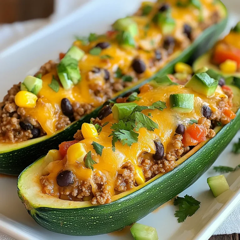 - 4 medium zucchinis - 1 pound ground turkey or beef - 1 small onion, chopped - 2 cloves garlic, minced - 1 cup canned black beans, drained and rinsed - 1 cup corn kernels (fresh or frozen) - 1 tablespoon taco seasoning - 1 cup diced tomatoes (canned or fresh) - 1 cup shredded cheddar cheese - 1 tablespoon olive oil - Salt and pepper to taste - Fresh cilantro, chopped (for garnish) - Sour cream (for serving, optional) These ingredients create a balanced mix of flavors and textures. The zucchini serves as a healthy and tasty base. Ground turkey or beef adds protein and richness. The beans and corn give fiber and sweetness. The taco seasoning brings all the flavors together. You can change some ingredients if you don’t have them. Use ground chicken instead of turkey or beef for a lighter option. If you want a vegetarian dish, try using quinoa or lentils instead of meat. You can swap black beans for pinto beans or chickpeas. Fresh tomatoes can be replaced with store-bought salsa for extra flavor. If you don’t have cheddar cheese, mozzarella works well too. Each serving of Cheesy Taco Stuffed Zucchini Boats has about: - Calories: 350 - Protein: 25g - Carbohydrates: 30g - Fat: 15g - Fiber: 7g These boats are not just tasty; they are nutritious too. They provide a good mix of protein and fiber, making them a filling meal. Enjoy them for dinner, and you won’t feel guilty! {{ingredient_image_1}} Start by preheating your oven to 400°F (200°C). Take the zucchinis and cut them in half lengthwise. Use a spoon to scoop out the insides. This creates little boats. Keep the zucchini flesh aside for later. Make sure to not scoop too deeply; you want sturdy boats. In a large skillet, heat one tablespoon of olive oil over medium heat. Add the chopped onion and minced garlic. Sauté them for about 3–4 minutes until they soften. Next, add your choice of one pound of ground turkey or beef. Break it apart with a spoon and cook until browned. Stir in one tablespoon of taco seasoning and one cup of diced tomatoes. Add one cup of black beans and one cup of corn. Mix in the reserved zucchini flesh. Let everything cook for another 5 minutes. Season with salt and pepper to taste. Finally, stir in half of the one cup of shredded cheddar cheese. Now, take the cooked mixture and spoon it into the hollowed zucchini halves. Pack it in slightly to fit well. Place the stuffed zucchini boats in a baking dish. Top each boat with the remaining cheddar cheese. Bake in the preheated oven for 20–25 minutes. Look for the zucchinis to be tender and the cheese to be bubbly and golden. Once done, take them out and let them cool for a few minutes. Garnish with fresh cilantro before serving. When picking zucchinis, look for ones that feel firm. They should be bright green and not too big. A medium zucchini is best for stuffing. If you find ones with shiny skin, that’s a great sign of freshness. Avoid zucchinis with soft spots or wrinkles. These may be old and not taste as good. To get the best taste from your cheesy taco stuffed zucchini boats, don’t skip the seasoning. Sauté the onion and garlic until soft to build a rich flavor. Use fresh ingredients like diced tomatoes and corn for a vibrant taste. Mixing in the zucchini flesh adds more texture and taste. Baking the stuffed boats at 400°F lets the cheese melt beautifully. This creates a bubbly, golden top that is hard to resist. These stuffed zucchini boats are delightful on their own, but you can enhance the meal. Serve them with a dollop of sour cream for creaminess. A sprinkle of fresh cilantro adds a pop of color and flavor. Lime wedges on the side can brighten the dish even more. You could also pair these boats with a simple salad or some tortilla chips for crunch. Enjoy your meal with friends or family for a fun dinner! Pro Tips Choose Firm Zucchini: Look for zucchinis that are firm and free of blemishes to ensure they hold their shape while baking. Customize Your Filling: Feel free to add other ingredients like bell peppers, jalapeños, or olives to personalize the stuffing to your taste. Experiment with Cheese: Try different types of cheese, such as pepper jack or Monterey jack, for a unique twist on flavor. Make Ahead: You can prepare the stuffed zucchini boats ahead of time and store them in the refrigerator before baking for a quick weeknight meal. {{image_2}} If you want a meat-free dish, you can easily make a vegetarian version. Use black beans and corn as your base. Add in diced bell peppers and mushrooms for extra texture. You can also use lentils or quinoa for a hearty bite. Toss in some taco seasoning to keep that bold flavor. This option is tasty and packed with nutrients. Switch up the protein based on your preference. Ground turkey, chicken, or beef all work well. If you want a twist, try using shredded rotisserie chicken. For a low-carb meal, you can use crumbled tofu or tempeh. Each choice will give you a unique taste and texture. Just remember to cook your protein fully before mixing it with the veggies. You can boost flavors with simple add-ins. Consider mixing in jalapeños for heat or diced green chilies for a smoky flavor. Fresh herbs can brighten your dish. Chopped cilantro or green onions add freshness. For creaminess, add a dollop of sour cream on top before serving. You can even sprinkle some lime juice for a zesty kick. Each of these tweaks makes the dish more exciting! After you enjoy your Cheesy Taco Stuffed Zucchini Boats, let them cool to room temperature. Place the stuffed zucchini in an airtight container. They will keep well in the fridge for up to three days. When ready to eat, just take them out and reheat. If you want to save some for later, freezing is a great option. Wrap each stuffed zucchini tightly in plastic wrap. Then, place them in a freezer-safe bag or container. They can last up to three months in the freezer. Make sure to label the container with the date for easy tracking. To reheat, you can use the oven or microwave. For the oven, preheat it to 350°F (175°C). Place the zucchini boats in a baking dish. Cover with foil to keep them moist, and heat for about 15-20 minutes. If using a microwave, place one boat on a plate and heat for 1-2 minutes. Check that it's hot all the way through before enjoying again. Yes, you can use different cheeses. Try mozzarella, pepper jack, or Monterey Jack. Each cheese brings a unique flavor. For a smoky taste, use smoked cheddar. Mixing cheeses can add depth to the dish. Add diced jalapeños or a dash of hot sauce to the filling. You can also use spicy taco seasoning. Another option is to top the boats with sliced fresh chili peppers before baking. Adjust the spice to fit your taste. These zucchini boats pair well with a fresh salad. You can also serve them with rice or quinoa. For a fun twist, add tortilla chips on the side. A dollop of sour cream or guacamole makes a great topping too. This blog post covered tasty Cheesy Taco Stuffed Zucchini Boats. We looked at key ingredients, easy steps, and helpful tips. I shared ways to swap ingredients and add new flavors. You learned how to store leftover boats as well. Embrace your creativity in the kitchen. These boats are a fun twist on classic tacos. Enjoy making them your own with different meats or veggies. Your meal will impress everyone!